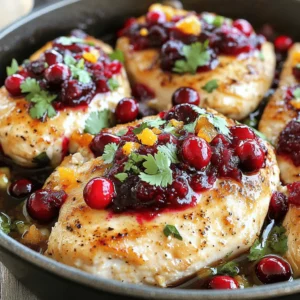 - 4 boneless, skinless chicken breasts - 1 cup fresh or frozen cranberries - 1 orange (zested and juiced) - 1 tablespoon olive oil - 1 tablespoon honey - 3 cloves garlic, minced - 1 teaspoon fresh ginger, grated - 1 teaspoon salt - 1/2 teaspoon black pepper - 1 teaspoon dried thyme - Fresh cilantro or parsley for garnish Gathering your ingredients is the first step toward making this tasty dish. The chicken, cranberries, and orange create a bright and tangy flavor. Fresh cranberries work best, but frozen ones are fine too. The orange juice brings sweetness and zest. Next, you need pantry staples like olive oil and honey. Olive oil helps to sear the chicken, giving it a nice brown color. Honey adds a touch of sweetness to balance the tart cranberries. Garlic and ginger add depth and warmth to the sauce. For seasoning, use salt, black pepper, and dried thyme. These spices enhance the dish's flavor. Finally, fresh cilantro or parsley adds color and a fresh note. When you have everything ready, you are set to create a delicious meal. The full recipe will guide you through the steps to make this dish shine. - Preheat your oven to 375°F (190°C). - In a medium bowl, mix cranberries, orange juice, orange zest, honey, garlic, ginger, salt, pepper, and thyme. This is your cranberry sauce. - Heat one tablespoon of olive oil in a large skillet over medium heat. - Season both sides of the chicken breasts with salt and pepper. - Place the chicken in the skillet and sear for about 5 minutes on each side. Look for a golden-brown color. - Once the chicken is seared, pour the cranberry sauce mix over the chicken in the skillet. - Transfer the skillet to the preheated oven. Bake for 25 to 30 minutes or until the chicken is cooked through. The internal temperature should reach 165°F (75°C). To get that nice brown color on your chicken, sear it for about 5 minutes on each side. This timing helps create a tasty crust. A hot skillet is key. Heat your skillet before adding the chicken. This way, the chicken will sear nicely and not stick. A well-heated pan gives the best results. You can adjust the sweetness of your cranberry sauce with honey. If you want it sweeter, add a bit more. For extra flavor, think about adding spices. A pinch of cinnamon or nutmeg can give it a warm touch. You could also add a splash of orange juice for more citrus zing. To make sure your chicken is safe, check the internal temperature. It should reach 165°F (75°C). This ensures it is cooked through. After cooking, let the chicken rest for about 5 minutes. Resting helps the juices stay in the meat, making it more tender. Enjoy your meal, knowing it’s perfectly cooked! {{image_2}} You can switch up the protein in this dish. For example, turkey or pork works well instead of chicken. Each option offers a unique taste. If you use turkey, choose tender cuts like breasts. Pork tenderloin also absorbs flavors nicely. If you want to change the sweetness of the sauce, consider alternative sweeteners. Maple syrup or agave can replace honey. These options will add their own twist to the dish. You can even try brown sugar for a deeper flavor. To enhance the flavor, add spices like cinnamon or nutmeg. A small pinch can change the whole dish. These spices add warmth and depth. Try adding them to the cranberry sauce for a cozy feel. You can also incorporate other fruits. Apples and pears blend nicely with the cranberries. Chop them and mix them into the sauce. This addition boosts the sweetness and adds texture. If you want a different cooking experience, try a slow cooker. Simply combine all ingredients in the slow cooker. Set it on low for 6-8 hours or high for 3-4 hours. Your chicken will be tender and very flavorful. Another fun method is grilling the chicken. This adds a smoky flavor that pairs well with the sauce. Just sear the chicken first and then grill it. This method gives a nice char and adds a unique taste. For the complete steps and ingredients, check out the Full Recipe. To keep your Cranberry Orange Chicken fresh, use airtight containers. Glass or plastic containers work well. Store leftovers in the fridge if you plan to eat them soon. - Refrigerator storage: Place the chicken in the fridge for up to 3 days. - Freezer storage: For longer storage, freeze the chicken for up to 3 months. When it's time to enjoy your leftovers, you have a few good options. - Best methods for reheating chicken: Use a microwave or an oven. For the oven, set it to 350°F (175°C). Heat for 15-20 minutes until warmed through. - How to refresh the sauce: You can add a splash of orange juice to the sauce while reheating. This keeps it tasty and fresh. How long can you keep Cranberry Orange Chicken? In the fridge, it lasts about 3 days. If frozen, it stays good for about 3 months. - Signs that the dish has gone bad: Look for off smells, discoloration, or a slimy texture. If you see any of these, throw it away. Remember, proper storage keeps your meals safe and tasty! For the full recipe, check out Cranberry Citrus Chicken Delight . You can pair Cranberry Orange Chicken with several tasty sides. Here are some ideas: - Rice: White or brown rice works well. - Quinoa: This adds a nutty flavor and is healthy. - Roasted Vegetables: Try carrots, broccoli, or Brussels sprouts. - Mashed Potatoes: Creamy potatoes add comfort to the meal. - Green Salad: A fresh salad balances the dish nicely. Yes, you can prepare this dish in advance. To do this: - Cook the chicken as directed and cool it. - Store it in an airtight container in the fridge. - Reheat it in the oven or microwave when ready to serve. Absolutely! This recipe is great for meal prep. Here’s why: - It makes four servings, perfect for lunches or dinners. - You can divide it into containers for easy meals. - The chicken reheats well and keeps its flavor. For the complete recipe, check out Cranberry Citrus Chicken Delight . In this post, we explored how to make Cranberry Orange Chicken. First, we covered the key ingredients like chicken, cranberries, and orange. Then, we went through step-by-step instructions for preparation and cooking. I shared tips for achieving the best flavor and texture, along with variations and storage advice. Finally, I answered common questions about serving and meal prepping. This dish is easy to make and full of flavor. Try it out and enjoy!