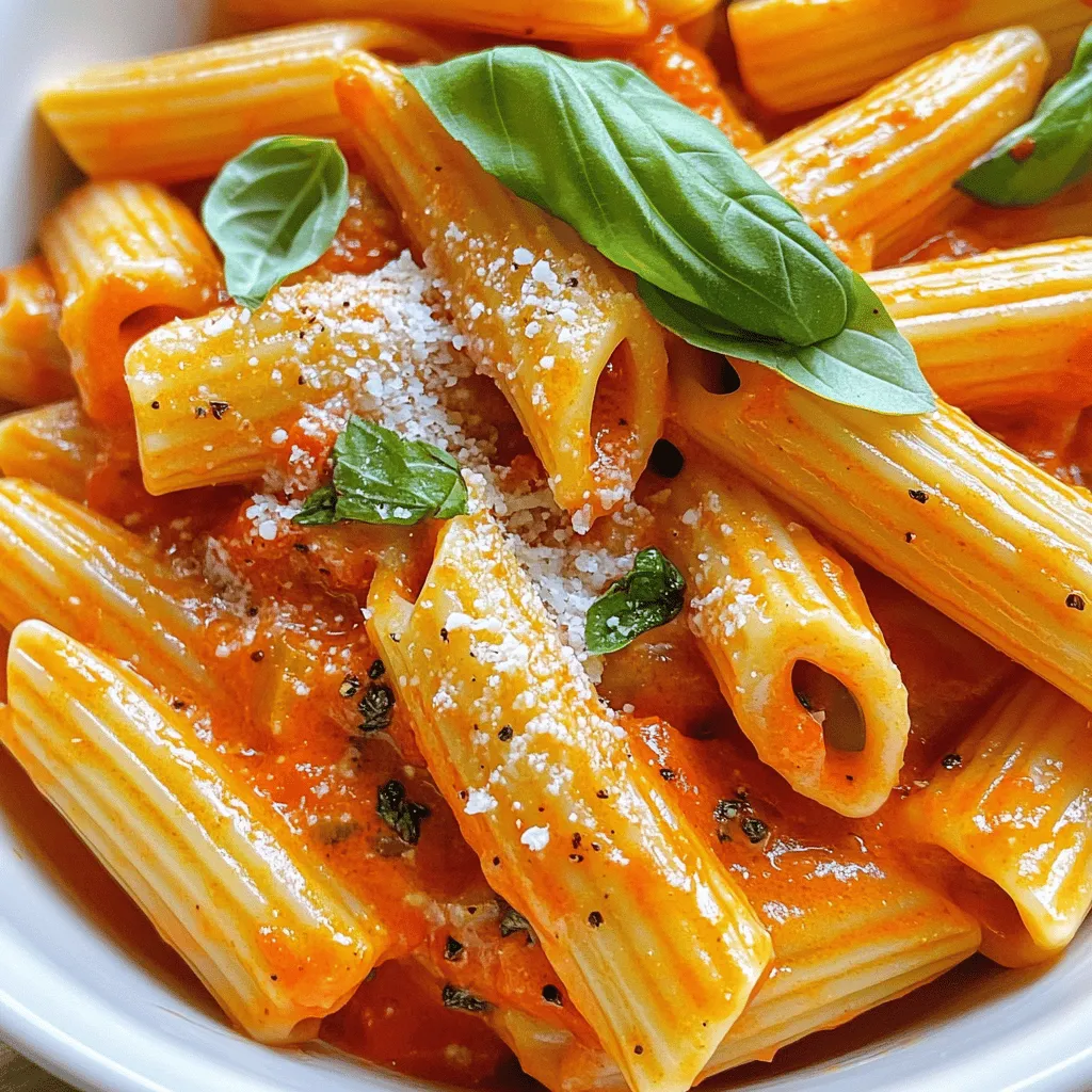To make creamy tomato pasta, gather these ingredients: - 300g pasta (penne or fusilli) - 2 tablespoons olive oil - 1 medium onion, finely chopped - 3 cloves garlic, minced - 1 can (400g) crushed tomatoes - 1 cup heavy cream or coconut cream for a dairy-free option - 1 teaspoon dried basil - 1 teaspoon dried oregano - Salt and pepper to taste - Fresh basil leaves, for garnish - Grated Parmesan cheese, for serving (optional) You can swap out some ingredients if needed. Use gluten-free pasta for a gluten-free dish. Instead of heavy cream, try Greek yogurt for a lighter option. You can also use fresh tomatoes if you prefer. Just chop and cook them down to get a similar sauce. If you don’t have dried herbs, fresh basil and oregano work well. Use twice the amount of fresh herbs for the best taste. For creamy tomato pasta, I recommend using penne or fusilli. Both shapes hold the sauce well due to their ridges. Penne is great for a classic feel, while fusilli adds a fun twist. You can also use spaghetti for a traditional look. The key is to choose pasta that can catch the sauce for a tasty bite. For the full recipe, check out the details above! To make creamy tomato pasta, you will boil pasta, cook onions and garlic, and mix in tomatoes and cream. This simple process takes about 30 minutes. You get a rich and tasty dish ready to serve. 1. Boil the Pasta Start by bringing a large pot of salted water to a boil. Add 300g of pasta, like penne or fusilli. Cook it according to the package instructions until it is al dente. This means it should be firm but cooked. Reserve 1 cup of the pasta water before draining the pasta. Set the pasta aside. 2. Sauté Onions and Garlic In a large skillet, heat 2 tablespoons of olive oil over medium heat. Add the finely chopped onion. Sauté it for about 5 minutes until it becomes soft and clear. Then, add 3 cloves of minced garlic and cook for another minute. You want the garlic to smell great, but not burn. 3. Mix in Tomatoes and Herbs Next, pour in 1 can of crushed tomatoes, along with 1 teaspoon of dried basil and 1 teaspoon of dried oregano. Stir to combine. Bring the mixture to a simmer. Let it cook for about 10 minutes. This helps the flavors mix well. 4. Add Cream Lower the heat and stir in 1 cup of heavy cream (or coconut cream). Mix until the sauce is creamy and hot. Season it with salt and pepper to taste. If the sauce feels too thick, add some of the reserved pasta water until you reach your desired consistency. 5. Combine Pasta and Sauce Toss the cooked pasta into the skillet. Make sure the pasta gets well coated with the creamy tomato sauce. 6. Serve and Garnish Serve the creamy tomato pasta right away. Garnish it with fresh basil leaves and, if you like, some grated Parmesan cheese. Check the pasta a minute or two before the package says it is done. It should be firm when you bite into it. If it feels soft, it may be overcooked. A good tip is to taste a piece. If it’s not quite ready, let it cook a little longer. Always remember to reserve that pasta water! It can help adjust your sauce's thickness. Enjoy your creamy tomato pasta! To make your creamy tomato pasta even richer, you can use heavy cream or coconut cream. I often choose coconut cream for a dairy-free twist. You can also add a bit of cream cheese or mascarpone for a thicker texture. If you want to lighten it up, try using half-and-half instead of full cream. This keeps the dish creamy but not too heavy. If you need a gluten-free option, switch to gluten-free pasta. There are many great brands available. For a vegan version, use coconut cream and skip the cheese. Nutritional yeast can add a cheesy flavor without dairy. Also, consider low-sodium canned tomatoes if you want to reduce salt. Start with fresh garlic and onions for a strong base. Sauté them until they are soft to release their flavors. Use high-quality canned tomatoes for the best taste. Dried herbs like basil and oregano work great, but fresh herbs will elevate the dish. Always taste your sauce and adjust the salt and pepper to suit your palate. For extra depth, add a splash of balsamic vinegar or a pinch of red pepper flakes. For a full list of ingredients and cooking steps, check out the Full Recipe. {{image_2}} You can add protein to your creamy tomato pasta to make it heartier. Chicken is a great choice. Simply cook diced chicken in the skillet before adding the onion. Shrimp works well, too. Just add them when you mix in the heavy cream. For a plant-based option, use tofu. Press and cube the tofu, then sauté it until golden brown. This gives your meal extra flavor and nutrition. Seasonal vegetables can enhance your creamy tomato pasta. Think about adding spinach, zucchini, or bell peppers. Toss in chopped spinach after the cream, allowing it to wilt. Zucchini should be diced and sautéed with the onion. Bell peppers add crunch and color. Just remember to adjust cooking times, so all veggies stay tender yet crisp. If you like heat, spice it up! You can add red pepper flakes or diced jalapeños. Stir in about a teaspoon of red pepper flakes when you add the crushed tomatoes. For jalapeños, add them with the garlic for a fresh kick. This brings a whole new level of flavor to your dish. You can also try a splash of hot sauce if you want a quick boost. For the full recipe, check the section above. Store your creamy tomato pasta in an airtight container. Let it cool down before sealing. This helps keep it fresh. Place the container in the fridge. It stays good for about three days. To reheat, place the pasta in a skillet. Add a splash of water or cream. Heat over low heat, stirring gently. This keeps it creamy and moist. You can also microwave it. Use a microwave-safe bowl and cover it. Heat in short bursts, stirring in between. You can freeze creamy tomato pasta for later use. First, let it cool completely. Then, transfer it to a freezer-safe bag. Remove as much air as possible before sealing. You can store it for up to three months. When ready to eat, thaw it in the fridge overnight. Reheat with a splash of liquid to restore creaminess. For the full recipe, check out the link. To make creamy tomato pasta vegan, swap heavy cream for coconut cream. You can also use cashew cream if you prefer a nut-based option. Both give a rich texture without dairy. Just follow the same cooking steps from the Full Recipe. Yes, you can use fresh tomatoes! Choose ripe tomatoes for the best flavor. You will need about 2 pounds of fresh tomatoes. Blanch them in boiling water for a minute, then cool them in ice water. Peel off the skins, chop the tomatoes, and add them to the skillet. Cook until they break down, about 15 minutes. This method creates a fresh, bright sauce. Creamy tomato pasta pairs well with many sides. Here are some great ideas: - Garlic bread - A fresh green salad - Roasted vegetables - Grilled chicken or shrimp These options add color and texture to your meal. For the complete cooking details, check the Full Recipe. This blog post covers all you need to make creamy tomato pasta. We explored key ingredients, steps, and tips to boost flavor. You learned about ingredient swaps for your needs. I shared ideas for adding protein and veggies. We also discussed storage and reheating methods to keep your dish fresh. Embrace these suggestions to create your perfect creamy tomato pasta. Enjoy each bite and make it your own!