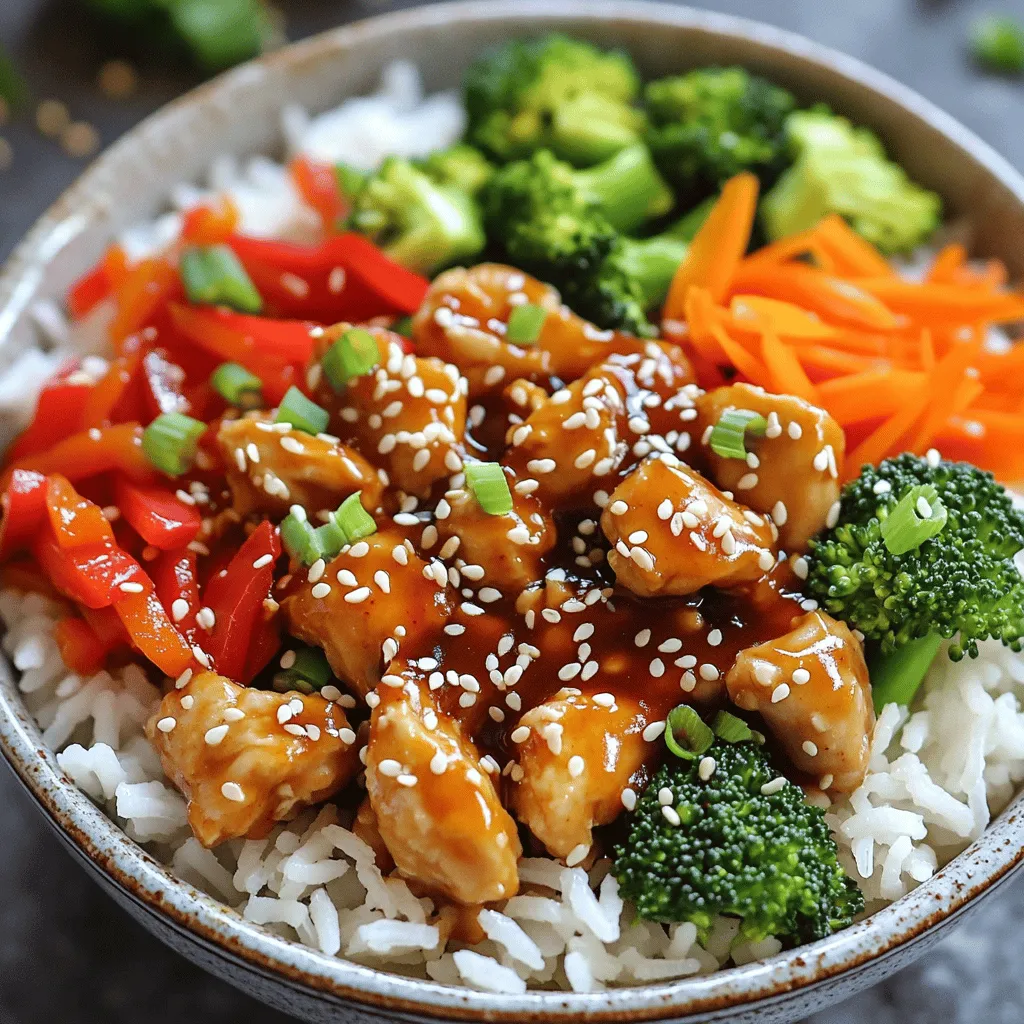 - 2 chicken breasts, diced - 1 cup cooked jasmine rice - 1 red bell pepper, sliced - 1 cup broccoli florets - 1 carrot, julienned - 3 green onions, chopped - 1/4 cup sweet chili sauce - 2 tablespoons soy sauce - 1 tablespoon sesame oil - 1 tablespoon vegetable oil - Salt and pepper to taste - Sesame seeds for garnish For this sweet chili chicken bowl, I focus on fresh, colorful ingredients. The chicken brings protein, while the veggies add crunch and color. Jasmine rice serves as a perfect base, soaking up all the tasty sauce. Sweet chili sauce gives the dish a delightful kick. You can adjust the sweetness by adding more or less sauce. - Large skillet or wok - Mixing bowl - Spatula or wooden spoon - Measuring cups and spoons - Storage containers - Serving bowls You need a good skillet or wok for sautéing. A mixing bowl helps with marinating the chicken. Grab a spatula to stir everything nicely. Use measuring cups for accuracy. Choose storage containers for leftovers and serving bowls for a beautiful presentation. This sweet chili chicken bowl recipe stands out because you can make it fast and easy. The full recipe helps you create a meal that’s tasty and satisfying. To start, you need to combine some key marinade ingredients. In a bowl, add diced chicken, sweet chili sauce, soy sauce, sesame oil, salt, and pepper. Mix everything well so the chicken gets coated. Cover the bowl and let it marinate for at least 15 minutes. This gives the chicken great flavor while you prep the rest. For the rice, I recommend using jasmine rice. It’s fluffy and pairs well with the chicken. Follow the package instructions to prepare it. If you prefer, you can use brown rice or even quinoa as a tasty alternative. Just keep in mind that cooking times may vary. Next, you’ll sauté the veggies. Heat vegetable oil in a large skillet over medium heat. Add the sliced red bell pepper, broccoli florets, and julienned carrot. Stir-fry these for about 5-7 minutes. You want them to stay tender-crisp. This helps keep their bright colors and crunch. Now, it’s time to cook the chicken. In the same skillet, add your marinated chicken, but be sure to discard any leftover marinade. Cook the chicken for about 8-10 minutes. Stir occasionally to ensure even cooking. You’ll know it’s done when it’s golden and no longer pink inside. After the chicken is cooked, return the sautéed vegetables to the skillet. Toss everything together gently for about 2 minutes. This helps the flavors mix well. You’ll want every bite to taste just right. When serving, create a base with the cooked jasmine rice in deep bowls. Then, pile on the sweet chili chicken and veggies for a colorful display. For a finishing touch, sprinkle chopped green onions on top. A drizzle of extra sweet chili sauce can add color and flavor. You can also add lime wedges on the side for a fresh twist. For the complete recipe, you can refer to the Full Recipe section. Enjoy your cooking! To make your sweet chili chicken bowl even better, try adding some nuts or herbs. Peanuts or cashews add a nice crunch. Fresh cilantro or basil can brighten up the dish. You can also adjust the sweetness of the sauce. If you want it sweeter, add more sweet chili sauce. For a tangy twist, squeeze in some lime juice. Using a wok can give you great results. A wok heats evenly and allows for quick cooking. If you don’t have one, a skillet works fine too. The key is to keep the heat high for quick stir-frying. This helps keep the veggies crunchy and the chicken juicy. Remember to stir constantly to get that perfect sear on the chicken. Meal prep can save you a lot of time. You can chop your veggies and marinate the chicken the night before. This makes cooking quicker on busy days. Cooking in bulk is another great idea. Make extra rice and chicken, then store them in your fridge. You can mix and match them with different veggies or sauces throughout the week. This way, you get variety without extra effort. {{image_2}} You can switch up the chicken in your sweet chili chicken bowl. For a lighter option, try turkey. It has a similar taste and texture. You can also use tofu for a vegetarian twist. Tofu absorbs flavors well, making it a great choice. For a vegan option, try tempeh. It packs a protein punch and adds a unique taste. Want more heat? Add chili flakes or sriracha to your sweet chili sauce. This makes the dish spicy and exciting. If you prefer less sugar, try using a low-sugar sweet chili sauce. You can even make your own by mixing soy sauce, rice vinegar, and a sweetener like honey or agave. Seasonal vegetables can change the flavor of your bowl. In summer, add zucchini or corn. In fall, consider butternut squash or sweet potatoes. For rice, try quinoa or cauliflower rice for a low-carb option. These swaps keep your dish fresh and fun! Check out the [Full Recipe] for all the details on making this tasty meal! To store leftovers, place the sweet chili chicken bowl in an airtight container. This keeps the flavors fresh. Make sure to let the food cool first. In the fridge, your leftovers stay good for about 3 to 4 days. Always check for any off smells before eating. If you want to freeze the bowl, use freezer-safe containers. This helps prevent freezer burn. The sweet chili chicken bowl can last up to 3 months in the freezer. When you’re ready to eat, thaw it overnight in the fridge. To reheat, warm it in a skillet over medium heat until hot. You can also microwave it, covering the bowl to keep moisture. For meal prep, you can cook the chicken and veggies in advance. Store each component in separate containers. This way, you keep the chicken and veggies fresh longer. When ready to eat, just combine everything. You can even prepare the rice ahead of time. This makes it easy to grab a quick meal during busy days. To add some heat, you can use a few simple ingredients: - 1-2 tablespoons of sriracha - Red pepper flakes - Fresh sliced jalapeños - Spicy chili sauce Mix these with your sweet chili sauce. This will give your sweet chili chicken bowl a nice kick. You can adjust the heat level to fit your taste! Yes, you can use frozen chicken in this recipe. Here are some tips: - Thaw the chicken overnight in the fridge. - If short on time, use the microwave’s defrost setting. - Cook the chicken longer to ensure it’s fully cooked through. Frozen chicken works well and saves time. You can serve your sweet chili chicken bowl with these side dishes: - Steamed broccoli - A side salad - Crispy egg rolls - Fresh fruit like mango or pineapple These sides add color and texture. The total time to make this dish is around 30 minutes. - Prep time: 15 minutes - Cook time: 15 minutes You can have a delicious meal ready in no time! Yes, you can prepare this dish in advance. Here’s how: - Marinate the chicken the night before. - Cook the rice and veggies ahead and store them in the fridge. - Combine everything just before serving. This keeps flavors fresh and saves time! Yes, this dish can be healthy. Here are some nutritional insights: - Chicken is high in protein. - Vegetables add vitamins and fiber. - Use less sauce to lower sugar content. You can also switch to brown rice for more fiber. This guide covered all you need for a sweet chili chicken bowl. We explored key ingredients, kitchen tools, and cooking methods. You learned tips for flavor boosts and variations to match your tastes. Don’t forget about proper storage to keep meals fresh. Cooking can be fun and flexible! Try new ingredients and make this dish your own. Enjoy every bite and share your creation with others!