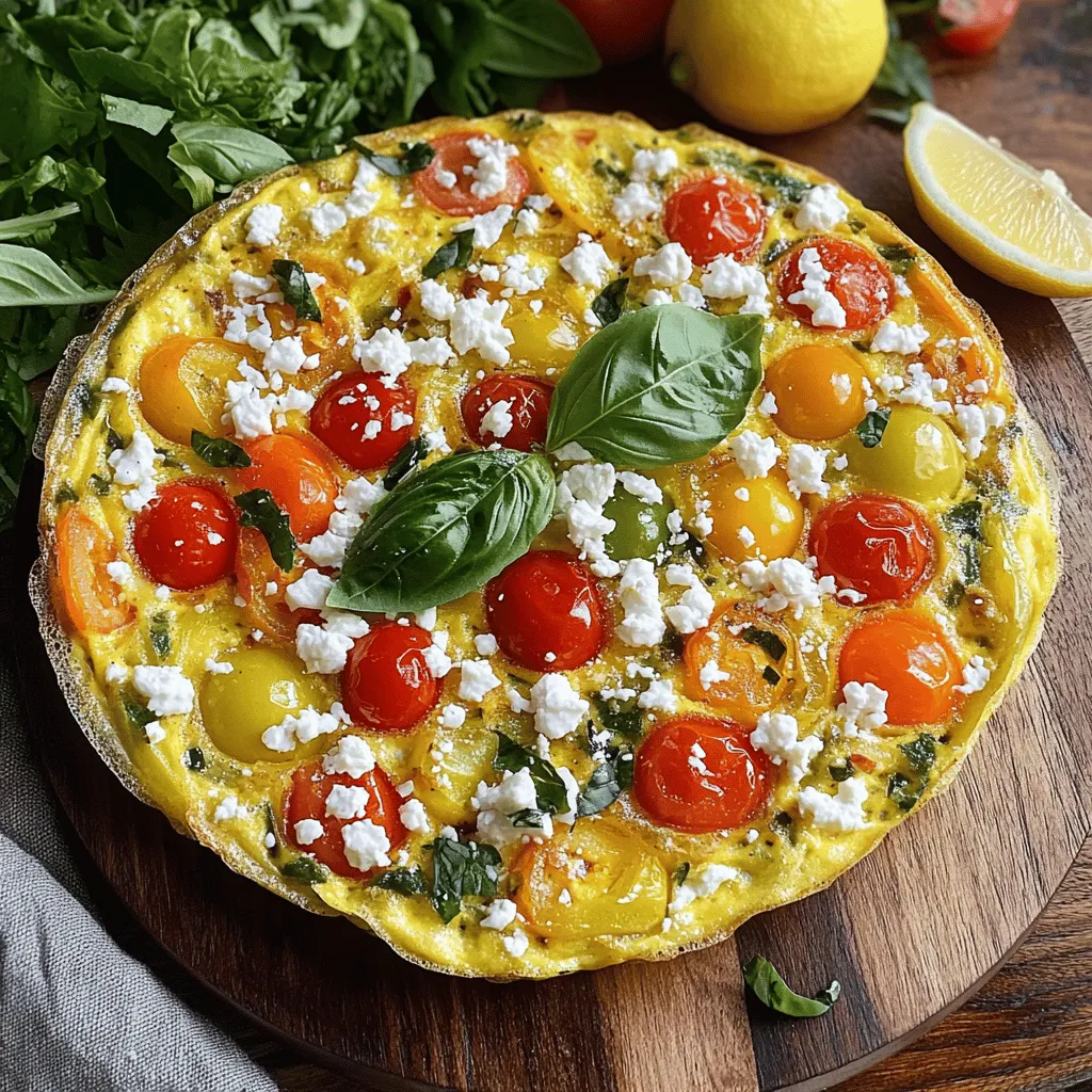 - 6 large eggs - 1/4 cup milk - 1/2 cup feta cheese, crumbled - 1/2 cup cherry tomatoes, halved - 1/2 cup bell peppers (mix of red and yellow), diced - 1/2 small red onion, finely chopped - 1/2 cup baby spinach - 2 tablespoons fresh basil, chopped - 1 tablespoon olive oil - Salt and pepper to taste When I make a Mediterranean frittata, I love to use fresh and colorful ingredients. The eggs give the dish a rich base. The milk makes it creamy and light. Feta cheese adds a tangy flavor that balances the eggs well. Next, I add my fresh vegetables. Cherry tomatoes bring a sweet burst. The bell peppers add crunch and color. Red onion gives a bit of sweetness, while baby spinach adds a lovely green touch. I finish with fresh herbs and seasoning. Basil gives a bright, herbal note. Olive oil helps to cook the veggies perfectly. A sprinkle of salt and pepper brings all the flavors together. This combination of ingredients makes a delicious and healthy meal. You can find the full recipe above to guide you through each step! - Preheat your oven to 400°F (200°C). - In a large bowl, whisk together the eggs and milk. Season with salt and pepper. - Heat olive oil in an oven-safe skillet over medium heat. - Add chopped red onion and bell peppers. Sauté until they soften, about 3-4 minutes. - Stir in halved cherry tomatoes and baby spinach. Cook for 2 more minutes until the spinach wilts. - Pour the egg mixture over the veggies. Gently stir to blend. - Sprinkle crumbled feta cheese and chopped basil on top. - Cook on the stovetop for about 5 minutes, until edges begin to set. - Transfer the skillet to the oven. Bake for 10-12 minutes until puffed and golden. - Remove from the oven and let it cool for a couple of minutes. - Slice the frittata and serve warm. Enjoy it with fresh basil if you like. For the full recipe, check the Mediterranean Frittata section above. - Use fresh ingredients for the best flavor. Fresh veggies and herbs make a big difference. - Don't overcook the eggs to maintain a creamy texture. This keeps your frittata soft and fluffy. - Pair with a fresh green salad. The crunch adds a nice balance to the frittata. - Add a wedge of lemon for brightness. A squeeze of lemon lifts the flavors. - Oven-safe skillet or cast-iron pan. This helps you cook and bake in one dish. - Whisk and mixing bowl. These are essential for mixing your ingredients well. For a detailed guide, check the Full Recipe for the Mediterranean Frittata. {{image_2}} You can swap out feta cheese for goat cheese or ricotta. Goat cheese gives a tangy twist. It melts nicely and adds creaminess. Ricotta is soft and rich, making the frittata fluffy. Both cheeses work well with the other flavors. For extra taste, try adding zucchini or mushrooms. Zucchini adds moisture and a mild taste. Sauté it until it softens before adding the eggs. Mushrooms bring a delicious earthy flavor. Just remember to cook them a bit to release their juices. Want more protein? Add cooked sausage or chicken. Sausage gives a savory kick. Use spicy or mild, depending on your taste. Chicken is a lighter option that blends well with the frittata. Just make sure it’s cooked and diced before mixing in. For the full recipe, check out Mediterranean Frittata. Store leftovers in an airtight container for up to 3 days. This helps keep the frittata fresh. You can enjoy it again for breakfast or lunch. Just make sure it cools before you store it. You can reheat the frittata in a microwave or heat it in a skillet. When using a skillet, add a little olive oil to maintain texture. This way, it stays moist and tasty. You can freeze the frittata for up to 2 months. Just slice it and wrap each piece in plastic wrap. When you want to eat it, reheat directly from frozen. It’s a great meal prep option to save time! A Mediterranean frittata is a tasty dish inspired by Mediterranean flavors. It features fresh vegetables and creamy cheese. You can use ingredients like bell peppers, tomatoes, and spinach. Feta cheese adds a rich, tangy flavor. This dish is not only colorful but also full of nutrients. It's perfect for breakfast or a light lunch. Yes, you can make a frittata ahead of time. It stores well in the refrigerator. Just let it cool completely before placing it in an airtight container. You can enjoy it cold or heat it up later. This makes it a great option for meal prep. To prevent sticking, use a well-seasoned skillet. You can also coat the pan with a little olive oil. This helps the frittata slide out easily after cooking. This way, you get perfect slices every time. Enjoy cooking your Mediterranean frittata with these easy tips! For the full recipe, check out the [Full Recipe]. This blog post details how to create a delicious Mediterranean frittata. You learned about the key ingredients, from eggs to fresh veggies and herbs. I shared step-by-step cooking instructions and tips to ensure your frittata turns out perfectly. With variations and storage info, this dish is easy to adapt for your tastes. Enjoy making this tasty and healthy meal. It’s a simple way to impress family or friends while enjoying great flavors. Happy cooking!