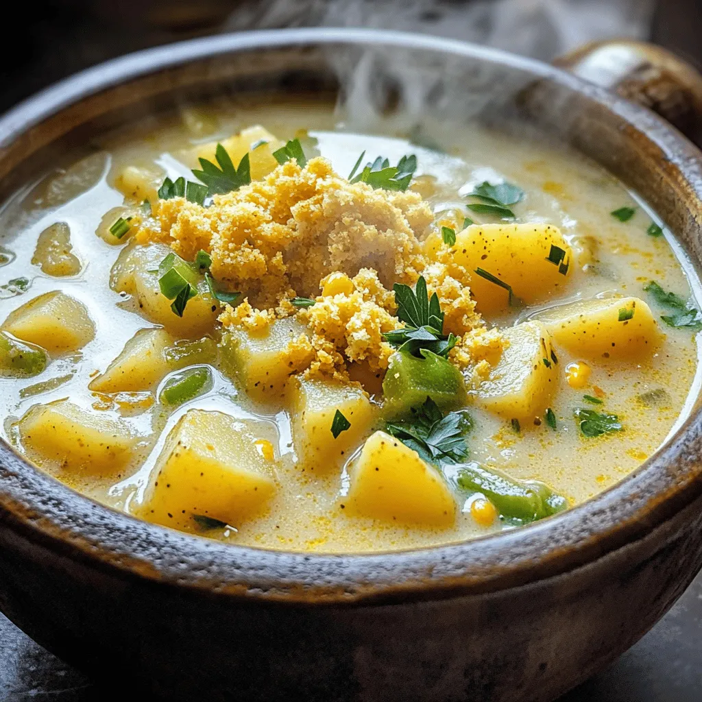 For a delicious Cajun Potato Soup, you need these key ingredients: - 4 large russet potatoes, peeled and diced - 1 large onion, chopped - 3 cloves garlic, minced - 1 green bell pepper, chopped - 1 celery stalk, chopped - 4 cups vegetable broth - 1 cup heavy cream or coconut cream for a dairy-free option - 2 teaspoons Cajun seasoning - 1/2 teaspoon smoked paprika - Salt and pepper to taste - 2 tablespoons olive oil - Fresh parsley, chopped (for garnish) - Crumbled cornbread or croutons (for topping) Not all ingredients are a must. Here are some good swaps: - Potatoes: Sweet potatoes work well for a sweeter flavor. - Heavy cream: Use almond milk or oat milk for a lighter option. - Cajun seasoning: Blend your own mix of paprika, garlic powder, and cayenne pepper. - Vegetable broth: Chicken broth can add more depth if you prefer. Garnishes can elevate your soup. Here are some tasty ideas: - Chopped green onions for a bit of crunch. - Shredded cheese for creaminess. - A sprinkle of cayenne for heat. - Extra fresh herbs like thyme or chives for a fresh touch. These ingredient options and substitutes help you craft a flavorful and hearty dish that suits your taste. For the full recipe, check out the linked details. To make Cajun potato soup, start by gathering your ingredients. You will need russet potatoes, onion, garlic, green bell pepper, celery, vegetable broth, heavy cream or coconut cream, Cajun seasoning, smoked paprika, salt, pepper, olive oil, parsley, and croutons. 1. Heat olive oil in a large pot over medium heat. 2. Add the chopped onion, green bell pepper, and celery. Cook for about 5 minutes. The veggies should soften but not brown. 3. Next, stir in the minced garlic. Cook for 1-2 minutes until you smell its aroma. 4. Add the diced potatoes, vegetable broth, Cajun seasoning, and smoked paprika. Bring it all to a boil. 5. Once boiling, lower the heat to simmer and cover the pot. Cook for about 20 minutes. Check if the potatoes are tender with a fork. After cooking, it’s time to blend the soup. You can use an immersion blender for a smooth texture. Just place it in the pot and blend until creamy. If you don’t have one, carefully transfer small amounts to a regular blender. Blend until smooth and pour it back into the pot. Serve your soup hot in bowls. Garnish with chopped parsley for a fresh touch. Top with crumbled cornbread or croutons for crunch. This dish is hearty and perfect for chilly days. For the full recipe, check back to ensure every detail is perfect! To boost the flavor of your Cajun potato soup, use fresh herbs. Thyme and bay leaves add depth. You can also adjust your Cajun seasoning. If you like heat, add more. For a smoky taste, try adding more smoked paprika. A touch of lemon juice brightens the soup and balances the richness. One common mistake is overcooking the potatoes. Cook them just until tender. This keeps your soup creamy, not mushy. Another mistake is not blending enough. Blend until smooth for a nice texture. Lastly, taste your soup before serving. Adjust salt and pepper until it’s just right. You can make this soup ahead of time. It stores well in the fridge for up to three days. If you're making it early, stop before adding cream. This helps keep the soup fresh. When ready to serve, reheat gently and stir in the cream. You’ll enjoy a warm, hearty dish with rich flavors. For the complete recipe, check out the Full Recipe section. {{image_2}} You can add proteins to Cajun potato soup for more flavor. Smoked sausage works great. Slice it and sauté it with vegetables. Chicken is another option. Cook diced chicken breast until golden before adding it to the soup. Both choices make the dish heartier and more filling. For a vegetarian or vegan version, skip the meat. Use vegetable broth and coconut cream for a creamy touch. You can also add beans, like black beans or kidney beans, for protein. This keeps the soup hearty and satisfying without meat. If you want a low-carb version, swap potatoes for cauliflower. Cauliflower gives the soup a creamy texture. You can also add more vegetables like zucchini or spinach. These changes keep the soup delicious while cutting down on carbs. To keep your Cajun potato soup fresh, let it cool first. Then, pour it into an airtight container. Store it in the fridge for up to three days. Make sure to label the container with the date. This way, you’ll know when to enjoy it again! When you're ready to eat the soup, gently heat it on the stove. Use medium heat and stir often. This will prevent burning. You can also reheat it in the microwave. Just cover the bowl and heat in short intervals. Stir in between to ensure even heating. Want to save some for later? You can freeze the soup! Pour it into freezer-safe containers. Leave some space at the top for expansion. It will stay good for about three months. To reheat, let it thaw overnight in the fridge before warming it up. Enjoy the flavors anytime! You can find the full recipe [Full Recipe]. Cajun potato soup is a warm and hearty dish. It combines potatoes, spices, and rich cream. The soup has a thick and creamy texture. The Cajun seasoning gives it a unique kick. You’ll enjoy flavors of garlic, onion, and bell pepper. This dish warms you up on cold days. It’s perfect for family dinners or gatherings. You can thicken your Cajun potato soup in several ways. Try mashing some of the potatoes in the pot. This makes the soup creamier. Another option is to add a little cornstarch. Mix cornstarch with cold water before adding it to the soup. Allow it to cook for a few minutes to thicken. You could also add more heavy cream for extra richness. Yes, you can use instant potatoes in this recipe. Instant potatoes save time and are easy to use. Simply follow the package instructions to prepare them. Add them to your soup after cooking the broth and vegetables. This shortcut works well if you’re in a hurry. To make Cajun potato soup gluten-free, check your ingredients. Use gluten-free vegetable broth and Cajun seasoning. Most spices are gluten-free but always check labels. You can also use cornstarch as a thickener instead of flour. This way, you keep the soup thick and delicious. Cajun cuisine comes from the Acadian people in Louisiana. They blended French cooking with local ingredients. This style uses spices, herbs, and fresh seafood. Cajun food is known for its bold flavors and hearty dishes. It celebrates the culture and history of the region. Many classic Cajun dishes are stews, gumbos, and jambalayas. Cajun potato soup fits right into this flavorful tradition. For the full recipe, check the cooking details provided. This post shared key steps for making delicious Cajun potato soup. We explored ingredients, substitutes, and garnishes to personalize your dish. The cooking process and blending techniques help you achieve the best texture and taste. I also shared tips, variations, and storage advice to make your cooking experience easier. Remember, Cajun potato soup is flexible. You can mix in proteins or go vegan. Enjoy experimenting and making this dish your own!