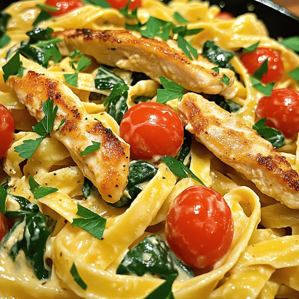 - 2 boneless, skinless chicken breasts - 8 oz fettuccine pasta - 2 tablespoons Cajun seasoning - 1 tablespoon olive oil - 2 cloves garlic, minced - 1 cup heavy cream - 1 cup chicken broth - 1 cup cherry tomatoes, halved - 1 cup spinach, roughly chopped - 1/2 cup grated Parmesan cheese - Salt and pepper to taste - Fresh parsley for garnish Gathering these ingredients is the first step to making a great meal. The chicken adds protein and flavor. The fettuccine gives a nice, hearty base. Cajun seasoning brings the heat and complexity. Olive oil helps cook the chicken and adds richness. Garlic adds depth to the sauce. Heavy cream makes everything creamy and smooth. Chicken broth adds extra flavor to the sauce. Cherry tomatoes add a sweet burst. Spinach gives color and nutrients. Parmesan cheese brings a salty finish. Lastly, salt and pepper help balance all the flavors. You can find the full recipe to guide you through the cooking process. This dish serves four people. Each serving has about 550 calories. The protein comes mostly from the chicken and cheese. The pasta adds carbohydrates for energy. The cream and oil provide fat. Eating this dish gives a nice balance of nutrients. Enjoy it as a filling meal that satisfies your taste buds. - First, season the chicken breasts with Cajun spice on both sides. This adds bold flavor. - Next, heat olive oil in a skillet over medium-high heat. Add the seasoned chicken. Cook for about 6-7 minutes per side. Make sure the juices run clear. Remove the chicken and let it rest. Slice it into strips for later. - Boil salted water in a large pot. Add the fettuccine pasta and cook until al dente. This usually takes about 8-10 minutes. - Drain the pasta and set it aside. It will mix well with the sauce later. - In the same skillet used for the chicken, sauté minced garlic for about 1 minute. This brings a lovely aroma. - Pour in the chicken broth. Let it simmer for 2 minutes. Scrape any browned bits off the pan for extra flavor. - Stir in the heavy cream and add halved cherry tomatoes. Cook for another 3 minutes until the tomatoes soften. - Toss in the chopped spinach, followed by the sliced chicken. Mix everything well to combine. - Gradually add the cooked fettuccine to the skillet. Toss it with the sauce and chicken to coat everything evenly. - Finally, sprinkle the grated Parmesan cheese into the mixture. Stir until the sauce is creamy and well combined. Season with salt and pepper to taste. - Serve immediately, garnished with fresh parsley for a vibrant touch. This creamy Cajun chicken pasta is a delightful and flavorful dish that brings joy to any meal. For the full recipe, check out the details provided earlier. To achieve the perfect al dente texture, start by boiling water. Use a large pot and add a generous amount of salt. This salt boosts flavor and helps the pasta cook well. When you add the fettuccine, stir it gently right away. This helps prevent sticking. Cook it according to the package time. You want it firm but not hard. Drain the pasta when done, but save a cup of that pasta water for later. Want more spice? Adjust the Cajun seasoning to your taste. If you love heat, add more spice! If you prefer mild, use less. You can also mix in extra ingredients to boost flavor. Try adding bell peppers or mushrooms for added texture. Some people even like to toss in a squeeze of lemon juice for brightness. Explore what you like best! To make your dish look great, plate it with care. Use a large serving bowl for a family-style meal. Layer the pasta first, then add the creamy sauce and chicken on top. This creates a nice visual. For a finishing touch, sprinkle fresh parsley over the dish. It adds color and freshness. You can also add a sprinkle of extra Parmesan for more flavor. Enjoy your beautiful dish! For the complete recipe, check out the Full Recipe. {{image_2}} You can make a tasty vegetarian version of this dish. Swap the chicken for mushrooms or tofu. Mushrooms give a rich flavor. Use portobello or cremini for a meaty texture. Tofu is a great choice too. Just press it to remove water, then cube it. Sauté it until it gets golden brown. This change keeps the dish filling and satisfying. If you need gluten-free options, choose gluten-free pasta. Many brands offer great choices. Look for brown rice or chickpea pasta. These options taste good and have a nice texture. Always check the package for cooking times. You want the pasta to be tender but not mushy. This way, you can enjoy your creamy Cajun chicken pasta without worry. Not everyone likes spicy food. If you prefer a milder dish, reduce the Cajun seasoning. Start with one tablespoon instead of two. Taste as you go to find the right heat for you. You can also add other spices for flavor. Try smoked paprika or Italian herbs. These will enhance the taste without adding heat. Enjoy your customized version of this creamy dish! For the full recipe, check out the Cajun Comfort: Creamy Chicken Pasta. To keep your Creamy Cajun Chicken Pasta fresh, store it in an airtight container. This helps seal in the flavor. Place the container in the fridge within two hours of cooking. You can store it for up to three days. After that, the taste may change, and the pasta will lose its charm. When it’s time to reheat, the best method is using the stove. Heat a skillet over medium heat and add a splash of chicken broth or cream. This keeps the dish creamy. Stir gently to avoid burning. You can also use the microwave. Heat in short bursts, checking often, until warm. If you want to freeze some pasta, use a freezer-safe container. Make sure to leave some space for expansion. Label the container with the date. You can freeze it for up to two months. To thaw, place the pasta in the fridge overnight. You can also use the microwave for quick thawing. Just be sure to stir halfway through to ensure even thawing. For the full recipe, check out the detailed steps to make this delightful dish! To make this dish, follow these key steps: 1. Season chicken breasts with Cajun spice. 2. Cook fettuccine in boiling water until al dente. 3. Sear chicken in a hot skillet with olive oil. 4. Sauté minced garlic until fragrant. 5. Add chicken broth, then stir in heavy cream. 6. Mix in cherry tomatoes and spinach. 7. Combine cooked pasta with sauce and chicken. 8. Finish with Parmesan cheese and seasoning. By following these steps, you will create a flavorful meal that is easy to prepare at home. The mix of Cajun spice and creamy sauce makes this pasta dish delightful. Yes, you can use many types of pasta! While fettuccine works great, consider these options: - Penne - Bowtie - Spaghetti Each type brings a unique texture and flavor. Choose what you like best or what you have on hand. The sauce will still taste amazing, no matter the pasta choice! If you want a lighter option, a few substitutes work well for heavy cream: - Coconut milk for a dairy-free choice. - Greek yogurt for added tang. - Silken tofu blended until smooth. These alternatives keep the creaminess while adding unique flavors. You can enjoy this dish even if you avoid dairy! Creamy Cajun Chicken Pasta blends rich flavors with simple steps. You learned how to season chicken, cook pasta, and make a creamy sauce. I shared tips to enhance taste and create great presentation. You can make it vegetarian or gluten-free with easy swaps. Storing and reheating your dish is simple, keeping flavors fresh. Enjoy this dish anytime, and feel confident in your cooking skills. Dive in, experiment, and create your perfect plate!