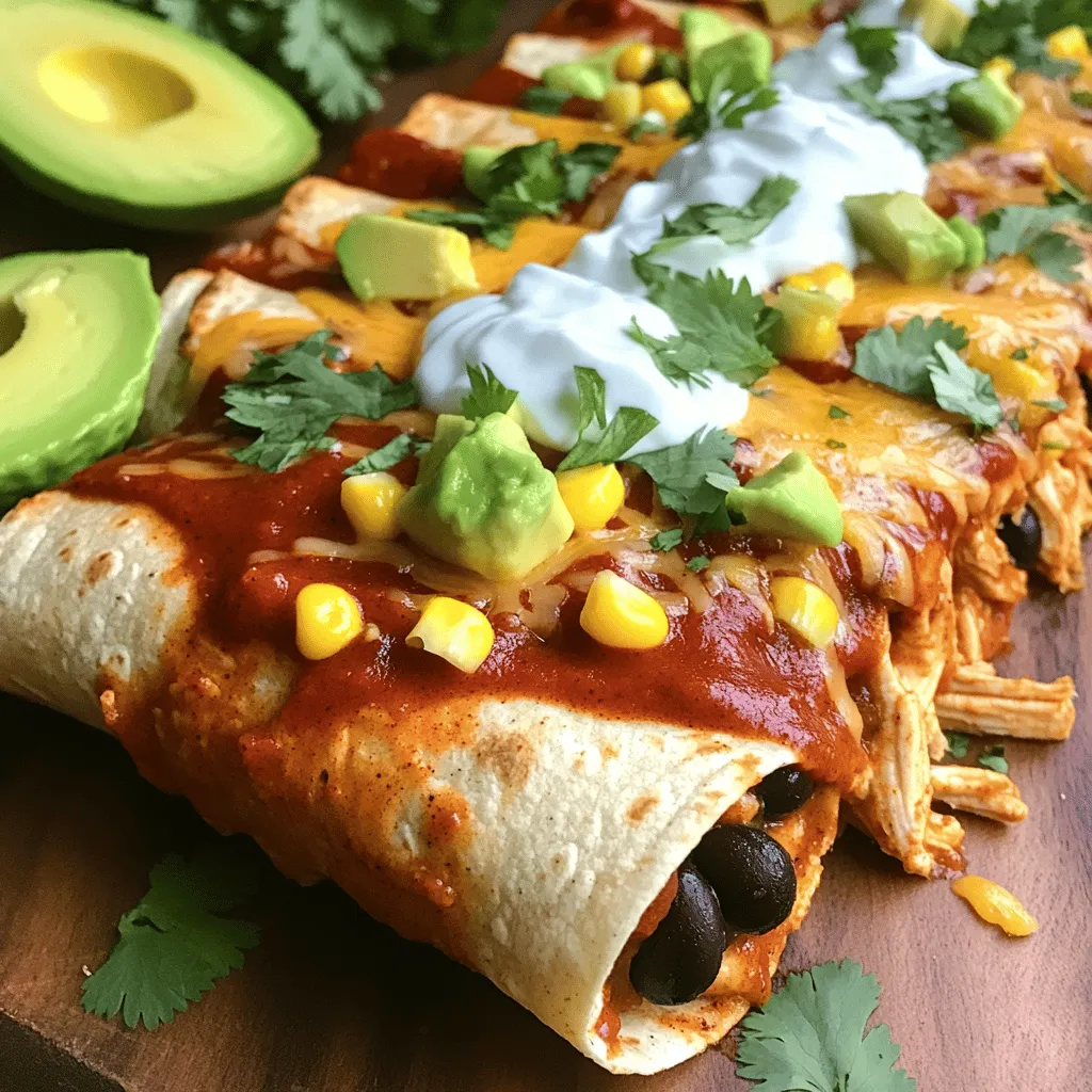 To make these tasty enchiladas, gather these key ingredients: - 2 cups cooked, shredded chicken breast - 1 cup black beans, rinsed and drained - 1 cup corn, fresh or frozen - 1 cup Greek yogurt (for a creamy sauce) - 1 cup low-fat shredded cheese (cheddar or Monterey Jack) - 1 cup enchilada sauce (store-bought or homemade) - 6 whole wheat tortillas - 1 teaspoon cumin - 1 teaspoon chili powder - Salt and pepper to taste These ingredients work together to create a filling dish that packs a protein punch. The shredded chicken serves as the main protein source. Black beans add even more protein and fiber. The Greek yogurt gives the enchiladas a rich, creamy texture while keeping them healthy. You can enhance your enchiladas with some fun toppings: - Fresh cilantro, chopped (for garnish) - Sliced avocado (optional, for serving) Adding toppings like cilantro gives a fresh taste. Avocado adds creaminess and healthy fats. These extras not only look good but also make the meal more exciting. These enchiladas are not only delicious but also nutritious. Each serving contains: - High protein from chicken and black beans - Healthy fats from Greek yogurt and avocado - Fiber from beans and corn This dish is balanced for a healthy meal. It fuels your body with energy and keeps you full. Enjoy these high-protein chicken enchiladas for both taste and health! For the complete cooking guide, check out the Full Recipe. Start by preheating your oven to 375°F (190°C). This step is key for even cooking. Next, grab a large bowl. Combine the cooked, shredded chicken, black beans, corn, cumin, chili powder, salt, and pepper. Mix well until everything is evenly distributed. Now, take another bowl. Mix half of the Greek yogurt with half of the enchilada sauce. This mixture will create a creamy base for your enchiladas. Lay out one tortilla on a flat surface. Spoon a generous amount of the chicken mixture into the center. Roll it tightly and place it seam-side down in a greased baking dish. Repeat this process for the remaining tortillas and filling. Once all the enchiladas are in the dish, pour the rest of the enchilada sauce evenly over the top. Don’t forget to sprinkle the remaining cheese on top. This will melt beautifully while baking. Bake in your preheated oven for 20-25 minutes. Keep an eye on them. You want the cheese to be bubbly and lightly golden. After baking, carefully remove the dish from the oven. Let them cool for a few minutes. This helps the enchiladas set and makes them easier to serve. Drizzle the remaining Greek yogurt on top for added creaminess. Garnish with fresh cilantro for a burst of color. If you like, add sliced avocado on the side for extra flavor. Enjoy your high protein chicken enchiladas! For the full recipe, check out the recipe section above. To make great enchiladas, start with warm tortillas. They roll easily when warm. You can heat them in a pan for a few seconds. Use enough filling but don’t overstuff. This keeps them from breaking apart. Roll them tightly and place seam-side down. This helps them hold their shape during baking. You can add more protein to your enchiladas. Consider using black beans or Greek yogurt. Both add protein without extra calories. You can also mix in some cooked quinoa. This grain boosts protein and adds a nice texture. If you want, top your enchiladas with extra shredded chicken. This makes them even heartier! To make your enchiladas stand out, use fresh herbs. Chopped cilantro adds a bright flavor. You can also squeeze lime juice on top. It gives a fresh kick. Don’t forget to season your filling well. A little extra cumin and chili powder enhances the taste. For a spicy twist, add diced jalapeños. These tips will elevate your enchiladas to a new level. For the full recipe, check out the link. {{image_2}} If you have food allergies or follow a special diet, you can still enjoy these enchiladas. For gluten-free needs, swap whole wheat tortillas with corn tortillas. If you are lactose intolerant, use dairy-free cheese and yogurt. You can also replace chicken with cooked quinoa for a vegetarian option. Always check labels to ensure they fit your diet. While chicken is a great protein source, you can try other meats. Ground turkey or lean beef work well. You can also use fish like shredded salmon or canned tuna for a twist. If you want plant-based options, beans or lentils are great choices too. They add protein and fiber. You can easily adjust the spice level of your enchiladas. If you prefer mild flavors, use a mild enchilada sauce. For heat, add diced jalapeños or use a spicy sauce. You might also sprinkle some chili flakes on top before baking. Fresh lime juice can brighten flavors without adding heat. Experiment with spices like smoked paprika for a smoky taste. To keep your enchiladas fresh, store them in an airtight container. Make sure to let them cool before sealing. This helps prevent sogginess. You can keep them in the fridge for up to three days. If you want to eat them later, freezing is a great option. When reheating, I recommend using the oven. Preheat your oven to 350°F (175°C). Place the enchiladas in a baking dish. Cover them with foil to keep them moist. Heat for about 15-20 minutes or until hot. You can also use a microwave for quick reheating. Just cover the dish to keep the moisture in. Heat for one to two minutes at a time, checking in between. If you want to freeze enchiladas, wrap them tightly in plastic wrap. Then place them in a freezer-safe bag or container. This keeps them fresh for up to three months. To cook them from frozen, don’t thaw. Just bake them straight from the freezer at 375°F (190°C) for about 30-35 minutes. This way, they stay tasty and healthy. For more details, check the Full Recipe. These enchiladas are high in protein thanks to the chicken and beans. Chicken breast offers about 25 grams of protein per 3-ounce serving. Black beans add another 15 grams per cup. Together, they create a filling meal. Using Greek yogurt instead of sour cream boosts protein too. It has about 10 grams of protein per cup. This mix keeps you satisfied and supports muscle health. Yes, you can use different tortillas. Whole wheat tortillas are great for added fiber. Corn tortillas are also an option if you prefer gluten-free. Flour tortillas work too, but they may have less fiber. Choose what you like best. Just make sure they can hold the filling well. To make enchiladas ahead of time, prepare them up to the baking step. Assemble the enchiladas and place them in the dish. Cover tightly with plastic wrap or foil. You can refrigerate them for up to 24 hours. When ready to bake, remove the cover and follow the baking instructions. This saves time on busy days. You can serve many sides with these enchiladas. A simple green salad adds freshness. Mexican rice or quinoa can enhance the meal. Guacamole and salsa provide extra flavor. For more protein, consider black bean dip or refried beans. These sides balance the meal and make it more enjoyable. In this article, we explored how to make high-protein chicken enchiladas. We covered ingredients, step-by-step instructions, and helpful tips for cooking. You learned about variations to fit diets and how to store leftovers. High-protein meals can be both tasty and nutritious. By using these tips and ideas, you can enjoy delicious enchiladas with ease. Enjoy the process and the great flavors. Your kitchen can be a fun place to create healthy meals.