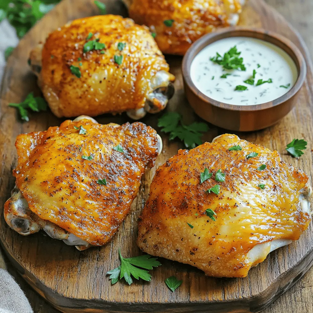 To make crispy air fryer chicken, you need some key ingredients. Here’s what you will use: - 4 chicken thighs, bone-in, skin-on - 1 cup buttermilk - 1 teaspoon paprika - 1 teaspoon garlic powder - 1 teaspoon onion powder - 1 teaspoon salt - ½ teaspoon black pepper - 1 cup all-purpose flour - ½ cup panko breadcrumbs - 1 tablespoon dried herbs (such as oregano or thyme) - Cooking spray These ingredients work together to create a juicy, flavorful chicken with a satisfying crunch. You can add more depth to your chicken using extra spices or herbs. Consider these options: - Cayenne pepper for heat - Lemon zest for brightness - Fresh herbs like parsley or thyme Using these extras can take your chicken to the next level of flavor. Cooking sprays are important for air frying. They help achieve that golden, crispy skin. Here are some benefits: - They provide even coverage on the chicken. - They reduce the amount of oil needed, making the dish lighter. - They help prevent sticking in the air fryer basket. Using cooking spray wisely can make your crispy air fryer chicken even better. For the full recipe, refer to the earlier section. To start, I mix buttermilk, paprika, garlic powder, onion powder, salt, and black pepper in a big bowl. This mix gives the chicken a tasty base. I add the chicken thighs and stir to coat them well. Cover the bowl and let it chill in the fridge. One hour is good, but overnight is even better. The longer it soaks, the more flavor it will have. Next, I set up my breading station. I use two bowls. In one, I place the flour. In the other, I mix panko breadcrumbs with dried herbs. These herbs add a nice touch. It’s easy to grab what I need when I coat the chicken. Now, I take the chicken out of the marinade. I let the excess drip off. First, I dredge each thigh in the flour, shaking off any extra. Then, I dip it back into the buttermilk. Lastly, I coat it in the panko mixture, pressing lightly to stick. This three-step process gives a crunchy coating. Before cooking, I preheat the air fryer. I set it to 380°F (193°C) for about five minutes. Preheating helps the chicken cook evenly and become crispy. I spray the air fryer basket with cooking spray. Then, I place the chicken thighs in a single layer. It’s important to leave space between them for air to flow. I give the tops a light spray of cooking spray, too. This helps them brown well. I cook the chicken for 25-30 minutes, flipping it halfway through. I check that it reaches 165°F (74°C) inside. When the chicken is done, I take it out and let it rest for five minutes. This helps keep it juicy. For serving, I place the crispy chicken on a wooden platter. I like to add fresh parsley for a pop of color. A side of ranch or spicy aioli makes it even better. Enjoy this delicious dish! To get extra crispy air fryer chicken, follow these tips: - Use Buttermilk: Soaking chicken in buttermilk adds moisture and helps the breading stick. - Panko Breadcrumbs: Use panko for a crunchier texture compared to regular breadcrumbs. - Cooking Spray: Lightly spray the chicken with cooking spray before cooking. This enhances browning. - Preheat the Air Fryer: Always preheat your air fryer. This ensures even cooking and crispiness. Here are some mistakes to watch out for: - Crowding the Basket: Avoid placing too many chicken pieces in the air fryer. This leads to uneven cooking. - Skipping the Marination: Don’t skip marinating. It adds flavor and helps keep the chicken moist. - Neglecting to Flip: Flip the chicken halfway through cooking for even browning on both sides. For the best results, use these guidelines: - Temperature: Set your air fryer to 380°F (193°C). - Cooking Time: Cook chicken thighs for 25-30 minutes. - Check Doneness: Always check that the internal temperature reaches 165°F (74°C). Following these tips will help you create crispy air fryer chicken every time. For the full recipe, check out the section above. {{image_2}} If you love heat, try adding cayenne pepper or chili powder to the marinade. You can also mix hot sauce into the buttermilk for that spicy kick. For extra zest, sprinkle crushed red pepper flakes into the panko mix. This change gives your chicken a bold flavor. You can adjust the spice to make it mild or hot, based on your taste. For a gluten-free version, swap out all-purpose flour with almond flour or a gluten-free blend. Use gluten-free panko or crushed cornflakes instead of regular panko. These options still give you that crunch you want. They make the dish safe for those with gluten sensitivities. Always check labels to ensure they are truly gluten-free. You can switch up the flavors with different herbs and spices. Consider using Italian seasoning for a fragrant twist. Smoked paprika can add a nice depth to the taste. Try curry powder for an exotic flavor, or lemon zest for a fresh touch. Mixing up the spices can change the whole vibe of your dish. It’s fun to experiment and find your favorite blend. You can find more ideas in the Full Recipe to help inspire your culinary creativity. To keep your crispy air fryer chicken fresh, store it in an airtight container. Let the chicken cool down to room temperature before sealing it. This helps prevent moisture buildup, which can make the skin soggy. You can keep leftovers in the fridge for up to four days. If you want them to last longer, consider freezing them. Reheating crispy chicken can be tricky. For the best results, use your air fryer. Set it to 350°F (175°C) and heat the chicken for about 5-7 minutes. This method helps restore the crispiness. If you don’t have an air fryer, you can use the oven. Preheat it to 375°F (190°C) and bake the chicken for about 10-15 minutes. Always check the internal temperature, which should reach 165°F (74°C). If you choose to freeze your chicken, wrap each piece tightly in plastic wrap. Then, place them in a freezer bag to avoid freezer burn. You can freeze the chicken for up to three months. When you’re ready to eat, thaw it in the fridge overnight. For quicker thawing, you can use the microwave, but be careful not to start cooking it. After thawing, you can reheat it in the air fryer or oven for that crispy finish. Enjoy your crispy air fryer chicken with confidence, knowing how to store and reheat it perfectly! If you're looking for the full recipe, check out the main section. To make crispy chicken in an air fryer, you start by marinating the chicken. Use buttermilk mixed with spices for flavor. After marinating, coat the chicken with flour and panko breadcrumbs. This creates a crunchy crust. Preheat your air fryer and then cook the chicken until it's golden brown and cooked through. The full recipe gives you all the steps. The best way to season air fryer chicken is to use a mix of spices. I love using paprika, garlic powder, and onion powder. Salt and black pepper are also essential. You can add dried herbs like oregano or thyme for extra flavor. This mix not only enhances taste but also boosts aroma. Cook chicken in the air fryer for about 25 to 30 minutes. Make sure to flip the chicken halfway through cooking. The internal temperature should reach 165°F (74°C). This ensures the chicken is safe to eat and nice and crispy on the outside. Yes, you can use boneless chicken thighs for this recipe. They will cook faster than bone-in thighs. Just keep an eye on the cooking time. Boneless thighs still get crispy and juicy, making them a great option. Crispy air fryer chicken pairs well with many dipping sauces. Ranch dressing is a classic choice. You can also try honey mustard, barbecue sauce, or spicy aioli. Each adds a unique twist to the flavor, making your meal even more enjoyable. In this blog post, we explored how to make crispy air fryer chicken. I shared main and additional ingredients to enhance flavor. You learned step-by-step instructions for perfect results, from marinating to serving. I also offered tips for extra crispiness and common mistakes to avoid. Overall, making crispy chicken at home is easy with the right approach. Experiment with variations and seasonings to find your favorite. Enjoy your delicious meals and impress your friends and family!