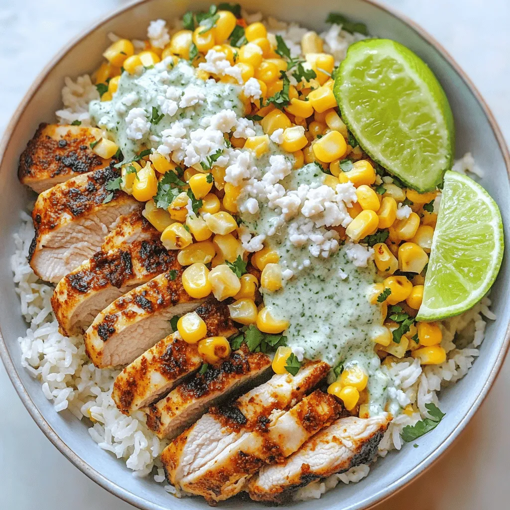 - 1 cup jasmine rice - 2 cups chicken broth - 1 pound boneless, skinless chicken thighs - 1 cup corn kernels (fresh or frozen) - ½ cup mayonnaise - 1 teaspoon chili powder - 1 teaspoon cumin - ½ cup crumbled queso fresco - Cotija cheese for topping - Skillet - Medium saucepan - Mixing bowl When making the Mexican Street Corn Chicken Rice Bowl, focus on the quality of your ingredients. You want the jasmine rice to be fluffy and fragrant, which pairs well with the rich flavors of chicken. For the chicken, I like using thighs. They stay juicy and tender, making every bite a delight. Corn kernels add a sweet crunch. You can use fresh corn when in season or frozen corn for convenience. The mayonnaise serves as a creamy base for your sauce, blending perfectly with lime juice and cilantro. Don’t forget the spices! Chili powder and cumin bring warmth and depth, while queso fresco and Cotija cheese add that finishing touch. The right equipment makes the process smoother, so have your skillet and saucepan ready. For the full recipe, check the details above and let your culinary adventure begin! To make the rice, start with jasmine rice. This rice is soft and fragrant. Combine 1 cup of jasmine rice with 2 cups of chicken broth in a medium saucepan. Bring the mixture to a boil. Once boiling, reduce the heat to low, cover, and let it simmer for 15 minutes. The rice should absorb all the broth. After cooking, remove it from the heat and let it sit, covered, for another 5 minutes. This resting time helps the rice become fluffy. While the rice cooks, it’s time to focus on the chicken. Use 1 pound of boneless, skinless chicken thighs for tenderness. Season them with chili powder, cumin, garlic powder, salt, and pepper. This mix adds great flavor. Heat 1 tablespoon of olive oil in a large skillet over medium-high heat. Add the seasoned chicken and cook for about 6-7 minutes on each side. The chicken should be golden brown and fully cooked. After cooking, remove the chicken from the skillet and let it rest before slicing. Next, let’s cook the corn. In the same skillet, add 1 cup of corn kernels. You can use fresh or frozen corn. Sauté the corn for 3-4 minutes until it gets lightly charred. This char adds a nice flavor. You can sprinkle a pinch of salt for extra taste. This step really enhances the overall dish’s flavor. Now you have perfectly cooked rice, juicy chicken, and flavorful corn. You can find the complete instructions in the Full Recipe. Enjoy making your Mexican Street Corn Chicken Rice Bowl! For juicy, tender chicken thighs, start with bone-in pieces. Bone adds flavor and moisture. If you use boneless thighs, marinate them for at least 30 minutes. Use lime juice, olive oil, and spices for a tasty soak. Cook the chicken on medium-high heat for 6-7 minutes on each side. Always check that the internal temperature reaches 165°F. Let it rest for a few minutes before slicing. This step keeps the juices locked inside. You can boost the flavor with extra spices. Consider adding smoked paprika or cayenne for heat. Fresh herbs like cilantro or parsley also add brightness. If you can, use fresh corn from the cob. It tastes sweet and crunchy. Frozen corn works great too; just make sure to thaw it first. This adds a nice texture to your bowl. You might want to adjust the creamy sauce. If you prefer it less tangy, cut back on lime juice. For a spicier kick, add a dash of hot sauce. You can also try swapping mayonnaise for Greek yogurt for a lighter version. Another fun idea is to mix in some chipotle peppers for a smoky flavor. Experiment with these options to find your perfect sauce. Check out the Full Recipe for more details on ingredients and steps! {{image_2}} You can make this dish vegetarian by swapping chicken for mushrooms or tofu. Both options work well. If you choose mushrooms, use cremini or portobello for a meatier texture. Chop them into small pieces and sauté until golden brown. For tofu, press it first to remove extra water. Cut it into cubes and sauté until crispy on all sides. Cooking tips: - Season the mushrooms or tofu with chili powder, cumin, and garlic powder. - Cook them in a hot skillet with olive oil for great flavor. If you love heat, add jalapeños or hot sauce to your bowl. You can toss in fresh diced jalapeños during cooking or serve them on the side. If you prefer hot sauce, drizzle it over the top before serving. Adjust seasoning: - Use more chili powder or even cayenne pepper for extra spice. - Taste as you go to find your perfect level of heat. You can switch jasmine rice for brown rice or quinoa. Brown rice takes longer to cook, about 40-45 minutes. Quinoa cooks fast, in about 15 minutes. Cooking instructions: - For brown rice, use two cups of chicken broth for every cup of rice. - For quinoa, rinse it first, then use the same broth ratio. These variations keep the dish fresh and exciting. Enjoy trying them all! After enjoying your Mexican Street Corn Chicken Rice Bowl, store leftovers in the fridge. Place them in an airtight container. This keeps the flavors fresh and prevents drying out. Make sure to cool the bowl to room temperature first. When it’s time to eat again, reheat in the microwave or on the stovetop. Add a splash of chicken broth to keep the rice moist. If you want to save some for later, freezing is a great option. You can freeze the rice, chicken, and corn together. Just ensure they cool first, then place them in freezer-safe bags. Remove as much air as possible to prevent freezer burn. When ready to eat, thaw the bowl in the fridge overnight. Reheat it on the stovetop or microwave. Add a touch of water if needed. Your delicious rice bowl stays fresh in the fridge for about 3 to 4 days. Always check for signs of spoilage. Look for odd smells, changes in color, or mold. If you notice any of these, it’s best to toss it. Keeping an eye on your food helps ensure you enjoy every bite safely. A Mexican Street Corn Chicken Rice Bowl is a tasty dish inspired by elote, or Mexican street corn. Elote is corn on the cob, covered in mayo, cheese, chili, and lime. This bowl combines that flavor with tender chicken and rice. You get a warm, hearty meal that sings with flavor. The dish shows how traditional recipes can evolve into fun, new meals. Yes! You can switch out the chicken for other proteins. Try using shrimp, pork, or tofu for a vegetarian option. Each choice gives the bowl a unique taste. Just ensure the protein is cooked well. For shrimp, cook until pink and opaque. For pork, aim for tender and juicy pieces. Tofu can be marinated for extra flavor before cooking. Not necessarily! The spice level can change based on how you season it. Traditional elote has a kick from chili powder, but you can control the heat in your bowl. If you like more spice, add jalapeños or hot sauce to the chicken. For less heat, use mild spices and keep the chili powder light. It all depends on your taste! This blog post covered how to make a tasty Mexican Street Corn Chicken Rice Bowl. We explored key ingredients like jasmine rice, chicken thighs, and corn. You learned step-by-step instructions to cook each part, plus tips for tenderness and flavor. I shared variations for vegetarians and spice lovers. You now have storage info to keep leftovers fresh. Enjoy making this dish your own! Simple steps lead to great meals. Don't be afraid to get creative in the kitchen!