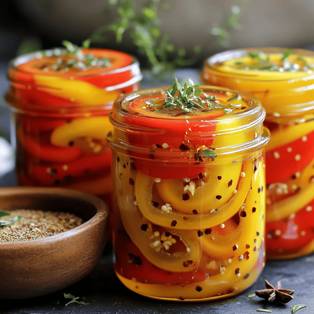 - 2 cups assorted mini sweet peppers (red, yellow, orange), sliced - 1 cup apple cider vinegar - 1/2 cup water - 1/4 cup honey - 1 tablespoon sugar - 1 tablespoon sea salt - 2 garlic cloves, smashed - 1 teaspoon red pepper flakes - 1 teaspoon mustard seeds - 1/2 teaspoon coriander seeds - Additional spices (e.g., black peppercorns, bay leaves) - Fresh herbs (e.g., dill, thyme) for enhanced flavor To start making sweet and spicy pickled peppers, gather your ingredients first. You will need a mix of colorful mini sweet peppers. These peppers add a bright touch to your dish. The apple cider vinegar brings a tangy kick, while honey adds sweetness. Sugar and sea salt balance the flavors beautifully. Garlic gives a nice aroma, and red pepper flakes add some heat. You can also play with flavors by adding optional spices. Black peppercorns or bay leaves can give an extra layer of taste. Fresh herbs like dill or thyme can make your pickled peppers even more special. Feel free to mix and match based on your taste. For the full recipe, check out the details above. Start by sterilizing your jars. Boil them in water for about 10 minutes. This step is key for keeping food safe. It helps to stop any bad bacteria from growing. After boiling, let the jars dry completely. Next, we make the brine. In a medium saucepan, combine these ingredients: - 1 cup apple cider vinegar - 1/2 cup water - 1/4 cup honey - 1 tablespoon sugar - 1 tablespoon sea salt - 2 garlic cloves, smashed - 1 teaspoon red pepper flakes - 1 teaspoon mustard seeds - 1/2 teaspoon coriander seeds Bring this mix to a simmer over medium heat. Stir until the honey and sugar dissolve fully. Simmering is important because it blends the flavors well. Now it's time to pack the peppers. Take your sliced mini sweet peppers and fill the sterilized jars tightly. Leave about 1/2 inch of space at the top. This space helps with sealing. Make sure the peppers are fully submerged in brine. Pour the warm brine over them slowly. After packing, seal the jars with their lids. Let them cool down to room temperature. Once they cool, place them in the fridge. I recommend letting them sit for at least 24 hours before you dig in. This wait allows the flavors to meld perfectly. You will love the taste! For the full recipe, check the section above. To make your sweet and spicy pickled peppers even better, try these tips: - Add extra spices: You can spice things up. Try adding black peppercorns for a bolder kick. If you want more heat, use more red pepper flakes or even diced jalapeños. - Adjust sweetness: If you like it sweeter, add more honey. For a less sweet taste, cut back on the honey. This lets you create a flavor that fits your taste. When making pickled peppers, avoid these common errors: - Not sterilizing jars properly: Always sterilize your jars. This step stops bad bacteria from ruining your peppers. Boiling jars for ten minutes is easy and very important. - Overpacking the jars: Don’t cram too many peppers in the jars. Leave about half an inch of space at the top. This helps keep the peppers submerged in the brine. Now that you have your sweet and spicy pickled peppers, here are some fun ways to use them: - Incorporate into meals: These peppers are great on sandwiches, salads, or in tacos. You can also use them in stir-fries or as a topping for grilled meats. - Garnishing ideas: For a nice touch, serve pickled peppers in a colorful bowl. Add fresh herbs like parsley or cilantro on top. This not only looks good but adds a fresh flavor. For the full recipe, check out the details above! {{image_2}} You can swap honey for different sweeteners. Agave syrup works well. It adds a light taste. Maple syrup is another great choice. It gives a rich flavor. Both options make the pickled peppers sweet without losing the kick. Using varied peppers makes this recipe fun. Jalapeños give heat and a nice crunch. Habaneros add extra spice for bold flavor lovers. You can also try bell peppers for a milder option. Each pepper brings its unique taste and texture. Mixing them can create a colorful jar too. You have options for pickling methods. Quick pickling is fast and easy. It takes only a few hours for flavor. Traditional pickling takes longer but deepens the taste. Choose what suits your time and taste. Both methods yield tasty results from the full recipe. To keep your sweet and spicy pickled peppers fresh, store them in the fridge. The ideal temperature is around 34°F to 40°F. Keep the jars tightly sealed to prevent air from getting in. Light can also affect the flavor, so place your jars in a dark area or inside a cupboard. Pickled peppers last for about 2 to 3 months in the fridge. The vinegar helps preserve them, so they stay safe to eat for a while. However, for the best flavor, enjoy them sooner rather than later. Always check your pickled peppers before eating. If you see any mold or off colors, throw them away. A bad smell or fizz when you open the jar is also a sign they have gone bad. Trust your senses! For best results, follow the Full Recipe to ensure deliciousness. You should let the pickled peppers sit for at least 24 hours. This waiting time helps the flavors mix well. The longer they sit, the better they taste. If you can wait 48 hours, do it! Each day adds more flavor. Yes, you can reuse the brine, but be careful. It works well for quick pickles. However, reuse only if the brine looks clear and smells fresh. If it seems cloudy or smells bad, toss it. Always remember that safety comes first! Canning sweet and spicy pickled peppers is safe if you follow proper guidelines. Use a boiling water canner. Make sure your jars seal well. If you are unsure, store them in the fridge. The flavors will still be great, and you avoid risks. These pickled peppers pair well with many dishes. Try them on sandwiches for a tasty crunch. They also work great in salads or as toppings on tacos. You can serve them with cheese and crackers for a fun snack. Enjoy mixing and matching! In this blog post, we explored how to make sweet and spicy pickled peppers. We covered essential ingredients, step-by-step instructions, and useful tips. You learned how to pack jars, prepare the brine, and enhance flavor. Remember to customize your pickles and avoid common mistakes. Proper storage and signs of spoilage are key to enjoying your creation. With a bit of practice, you can enjoy delicious pickled peppers anytime. Get ready to impress your tastebuds and friends with your culinary skills!