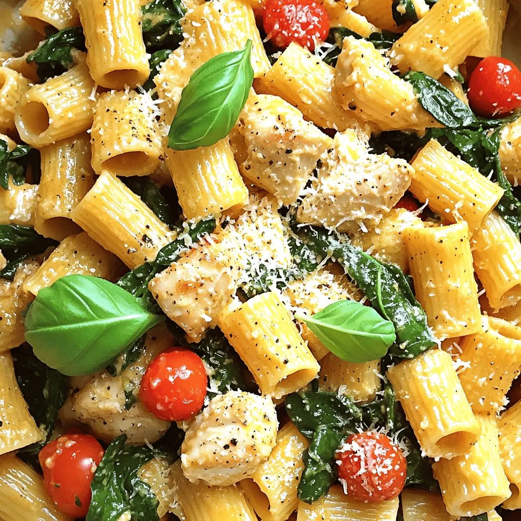 Chicken and Pasta Components - 2 chicken breasts, diced - 8 ounces rigatoni pasta Seasoning and Flavorings - 4 tablespoons unsalted butter - 6 cloves of garlic, minced - 1 teaspoon dried oregano - 1 teaspoon paprika - Salt and pepper to taste Fresh Ingredients and Garnish - 1 cup cherry tomatoes, halved - 1 cup spinach, fresh - 1/2 cup grated Parmesan cheese - Fresh basil leaves for garnish Gather these ingredients for a delightful meal. The chicken and pasta form a great base. The garlic and butter bring rich flavor. Fresh veggies add color and nutrition. The Parmesan cheese makes it creamy and delicious. You can find the full recipe to guide your cooking steps. Cooking the Pasta to Perfection Start by bringing a large pot of water to a boil. Add salt to the water. This helps flavor the pasta. Then, add 8 ounces of rigatoni. Cook according to the package instructions. You want the pasta al dente, which means it should be firm but cooked through. Once it’s done, drain the pasta in a colander, but save a little pasta water. This water will help later. Draining and Reserved Pasta Water After cooking, drain the rigatoni carefully. It’s important to keep some pasta water. Use a cup to scoop out about half a cup before draining. This starchy water can help make your sauce creamy and smooth later on. Browning the Chicken In a large skillet, melt 2 tablespoons of butter over medium heat. Add the diced chicken breasts to the skillet. Cook them for about 6-7 minutes. You want them to be browned and fully cooked. Stir occasionally to avoid burning. Once cooked, remove the chicken from the skillet and set it aside. Seasoning Tips for Optimal Flavor While the chicken cooks, season it with salt, pepper, oregano, and paprika. These spices give the chicken a great flavor. Seasoning is key; it brings out the best in your dish. Cooking the Garlic to Enhance Aroma In the same skillet, add the rest of the butter after removing the chicken. Let it melt, then add 6 cloves of minced garlic. Cook the garlic for about one minute. You want it to smell amazing, but don’t let it burn. Burnt garlic can taste bitter. Combining Garlic with Other Ingredients Next, add 1 cup of halved cherry tomatoes and 1 cup of fresh spinach. Stir these until the spinach wilts. Then, return the cooked chicken to the skillet. Mix everything well to combine the flavors. Mixing the Chicken, Vegetables, and Pasta Now, it’s time to add the rigatoni to the skillet. Toss everything together gently. If it looks too dry, add a couple of spoonfuls of the reserved pasta water. This helps merge all the ingredients into a creamy dish. Adding Cheese for Creaminess Finally, sprinkle 1/2 cup of grated Parmesan cheese over the pasta. Mix it in until everything is creamy and well combined. Taste it and adjust the seasoning if needed. This step adds richness and a lovely flavor to your meal. For the complete recipe, check the Full Recipe section. - Proper Temperature and Cooking Time: Cook the chicken at medium heat. This keeps it juicy. Aim for about 6-7 minutes until it is no longer pink in the center. A meat thermometer should read 165°F (75°C) for safe eating. - Avoiding Overcrowding the Skillet: Give the chicken space in the skillet. If the pieces touch, they will steam instead of brown. Cook in batches if needed. This helps achieve a nice golden crust on each piece. - Incorporating Extra Herbs or Spices: Fresh herbs like thyme or parsley can boost flavor. Add them during cooking for the best taste. You can also try a pinch of red pepper flakes for a touch of heat. - Adjusting Seasoning to Taste: Always taste your dish before serving. If it needs more salt or pepper, add it slowly. Remember, you can always add more, but you cannot take it out. - Pairing with Side Dishes: Garlic butter chicken pairs well with a light salad or garlic bread. Roasted vegetables also make a great side. Try serving with a glass of white wine for a complete meal. - Best Ways to Serve Presentation: Plate the chicken and pasta nicely. Use fresh basil leaves on top for color. A sprinkle of extra Parmesan cheese adds a nice touch. This makes it look as good as it tastes! For the full recipe, check out the details above. {{image_2}} Using Different Protein Options You can switch the chicken for other proteins. Try shrimp, turkey, or even tofu. Each choice offers a new taste. Shrimp cooks fast and adds a nice flavor. Turkey is lean and hearty. Tofu soaks up flavors well. Choose what you like! Exploring Gluten-Free Pasta Alternatives If you need gluten-free pasta, there are many options. Look for rice or corn-based rigatoni. These work well and taste great. Quinoa pasta is another choice. It’s high in protein and adds a nutty flavor. Always check labels for gluten-free options. Incorporating Vegetables or Other Proteins Want more color or nutrients? Add vegetables like bell peppers or zucchini. They cook quickly and boost flavor. You can also mix in cooked sausage or bacon. These add a savory kick. Play with flavors and make it your own! Experimenting with Cheese Varieties Cheese can change the dish entirely. While Parmesan is great, you can try others. Mozzarella melts beautifully and adds creaminess. Feta gives a salty bite. Goat cheese adds a tangy touch. Be creative with your cheese choices! Making it Low-Carb or Dairy-Free To make this dish low-carb, skip the pasta. Use spiralized zucchini or cauliflower rice instead. These options are light and full of flavor. For a dairy-free version, swap butter for olive oil. Use nutritional yeast for a cheesy flavor without dairy. Vegetarian Adaptations For a vegetarian meal, leave out the chicken. Instead, use chickpeas or lentils for protein. These options add texture and nutrition. You can also load up on vegetables. Broccoli, peas, or asparagus work well in this dish. Enjoy a hearty meal without meat! - Best Containers for Storage: Use airtight containers for your leftovers. Glass or plastic containers work well. Make sure they seal tightly to keep moisture out. - Refrigeration Guidelines: Store your garlic butter chicken with rigatoni in the fridge. It stays fresh for about 3 to 4 days. Label your containers with the date to track freshness. - Microwave vs. Stovetop Methods: You can reheat in the microwave for quick meals. Use a microwave-safe dish, cover it with a lid or a damp paper towel. For stovetop, heat in a skillet over medium heat. Add a splash of water to keep it moist. - Ensuring Quality When Reheated: Stir often to heat evenly. Avoid overheating as it can dry out the chicken and pasta. Check if it's hot all the way through before serving. - Freezing for Long-Term Storage: To freeze, let the dish cool completely. Place it in freezer-safe containers, leaving space for expansion. It can freeze for up to 3 months. - Thawing Strategies for Best Results: Thaw in the fridge overnight for best results. If you're in a hurry, you can use the microwave's defrost setting. Once thawed, reheat using the tips above for a great meal. Refer to the Full Recipe for detailed instructions on making this delicious dish! You can make this dish lighter by using less butter. Try using only two tablespoons instead of four. You can also swap out the rigatoni for whole wheat or gluten-free pasta. This small change boosts fiber and keeps it filling. Alternative Cooking Methods: Instead of pan-frying the chicken, consider grilling it. Grilling adds flavor without extra fat. You can also bake the chicken in the oven for a healthier option. Just season well and bake until juicy. Yes, you can prep this meal in advance. Cut the chicken and store it in the fridge. You can also cook the pasta ahead of time. Just be sure to toss it with a little oil to prevent sticking. Best Practices for Prepping in Advance: Cook the garlic and butter mixture and store it in a sealed container. You can combine the cooked chicken and pasta right before serving for the best taste. Time-Saving Tips: Use pre-diced chicken from the store to save time. You can also buy pre-washed spinach and halved cherry tomatoes to make prep even easier. This dish pairs well with a fresh salad. A simple green salad with lemon vinaigrette complements the meal nicely. You can also serve garlic bread on the side for a cozy touch. Beverage Pairings: A light white wine, like Pinot Grigio, works well. If you prefer non-alcoholic options, try sparkling water with a slice of lemon. Both choices enhance the meal without overpowering it. Garlic Butter Chicken with Rigatoni is simple and tasty. We covered the key ingredients, from chicken to fresh herbs. I explained how to cook the pasta just right and achieve tender, flavorful chicken. You learned tips for mixing in garlic and cheese for creaminess. Plus, I shared ideas for variations and storage. In the end, this dish is versatile. You can adapt it to your taste and diet. Enjoy experimenting while cooking this dish for friends and family!