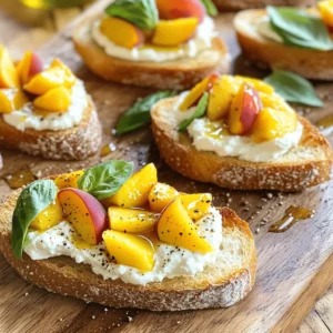 To make the best peach bruschetta with whipped ricotta, you need: - 1 French baguette, sliced into 1/2 inch pieces - 2 ripe peaches, diced - 1 cup ricotta cheese - 2 tablespoons honey - 1 teaspoon vanilla extract - 1 tablespoon fresh lemon juice - Fresh basil leaves, for garnish - Olive oil, for drizzling - Salt and freshly cracked pepper, to taste You can switch some ingredients if needed. Try using: - Whole grain bread instead of a French baguette for a nutty flavor. - Goat cheese or cream cheese in place of ricotta for a different taste. - Maple syrup instead of honey for a vegan option. - Any stone fruit like plums or nectarines instead of peaches. Fresh ingredients make a big difference in taste. Here are some tips: - Choose ripe peaches that feel slightly soft when pressed. This means they are sweet. - Use high-quality ricotta for a creamy texture. Look for brands with few additives. - Fresh basil leaves should be fragrant and bright green. Avoid wilted or brown leaves. - Select a baguette that is crusty on the outside but soft on the inside for the best bite. For the full recipe of peach bruschetta with whipped ricotta, check out the [Full Recipe]. To start, you need a French baguette. Slice it into 1/2 inch pieces. This thickness gives a nice crunch. Next, preheat your oven to 400°F (200°C). Lay the baguette slices on a baking sheet. Brush each slice lightly with olive oil. This adds flavor and helps them crisp up. Bake the bread for about 5-7 minutes. Look for a golden color and a slight crunch. While the bread bakes, it's time for the whipped ricotta. Grab a medium bowl and add 1 cup of ricotta cheese. Next, mix in 2 tablespoons of honey, 1 teaspoon of vanilla extract, and 1 tablespoon of fresh lemon juice. These ingredients create a rich and sweet flavor. Use a hand mixer or whisk to whip it all together. Aim for a creamy and smooth texture. Add a pinch of salt and freshly cracked pepper to taste. This will balance the sweetness. Now it's time to bring it all together. Once your baguette slices are toasty, spread a generous layer of the whipped ricotta on each slice. Next, take 2 ripe peaches that you diced earlier and top each slice. The peaches add a fresh and juicy bite. For a pop of color and flavor, garnish each bruschetta with fresh basil leaves. Drizzle a little olive oil on top, and finish with a crack of fresh pepper. Serve the bruschetta right away for the best taste. Enjoy this peach bruschetta with whipped ricotta delight! You can find the full recipe to guide you through every step. To make the best whipped ricotta, start with room temperature cheese. This helps it whip up smoothly. Use a hand mixer for a light and airy texture. If you prefer a thicker mix, reduce the lemon juice. A pinch of salt adds a nice balance to the sweetness. Always taste as you mix. Adjust sweetness by adding more honey if needed. Serve this bruschetta as a snack or a light meal. It shines at parties and gatherings. Place the bruschetta on a large platter for a beautiful display. Add extra basil leaves for color and flavor. You can also drizzle a little balsamic glaze for added zest. Enjoy it fresh to keep the flavors bright. This peach bruschetta pairs well with light drinks. Try a chilled white wine or sparkling water with lemon. If you like cocktails, a peach mojito complements the dish nicely. For a non-alcoholic option, serve iced herbal tea. Each drink enhances the sweet and savory notes of the bruschetta. {{image_2}} You can swap peaches for other fruits. Try ripe strawberries or juicy nectarines. Both add a fresh taste. You might also enjoy a mix of berries. Blueberries and raspberries look great on the plate. The flavor will be sweet and tart. Always choose fresh fruit for the best taste. You can get creative with toppings. Add a drizzle of balsamic glaze for a tangy kick. Crushed nuts, like pistachios or walnuts, add crunch. You can also sprinkle some feta cheese for a salty balance. Don’t forget about herbs! Mint or rosemary can bring a new twist. If you want a vegan option, use cashew cream instead of ricotta. Soak cashews in water for a few hours. Blend them with a bit of lemon juice and maple syrup. This will give you a creamy texture. You can also find store-bought vegan ricotta. Just check the ingredients to ensure it fits your diet. For the best flavor, use fresh herbs as a garnish. Feel free to explore these variations to make this dish your own. For the full recipe, check out the Peachy Whipped Ricotta Bruschetta! To keep your peach bruschetta fresh, store leftovers in an airtight container. Place it in the fridge. Enjoy the bruschetta within two days for the best taste. The bread will soften, but the flavor remains. If you have extra whipped ricotta, store it in a separate container. This way, it stays fresh longer. Reheating bruschetta can be tricky. The bread will lose its crispness. To reheat, use an oven. Preheat it to 350°F (175°C). Place the bruschetta on a baking sheet. Warm it for about 5 minutes. This helps restore some crunch. Avoid the microwave, as it will make the bread soggy. Freezing bruschetta is not ideal but possible. I recommend freezing the whipped ricotta and peaches separately. Spread the ricotta in a small container. Freeze it for up to one month. For the peaches, freeze them in a single layer on a baking sheet. Once frozen, transfer them to a zip-top bag. This method keeps them from sticking together. When ready to use, thaw in the fridge overnight and assemble fresh. For the best flavor, enjoy your peach bruschetta soon after making it. Check out the Full Recipe for more details! You can prepare the whipped ricotta and the peaches in advance. Store them separately in the fridge. This keeps the flavors fresh. Toast the baguette just before serving. It stays crisp this way. Assemble the bruschetta quickly when you are ready to eat. Yes, you can use canned peaches. Choose peaches packed in juice or water. Drain them well before use. Fresh peaches give a better flavor, but canned peaches work in a pinch. Just add a bit more honey for sweetness if needed. Look for peaches that are slightly soft to the touch. They should smell sweet and fruity. Avoid peaches with bruises or dark spots. Color is key; look for a warm, golden hue. If they are hard, leave them at room temperature for a few days. Enjoy the best taste with ripe peaches! This blog post covered everything you need for a great bruschetta. We explored the key ingredients, offered tips for texture, and shared fun variations. Remember that using fresh ingredients makes a big difference in taste. Keep these easy steps in mind for perfect results. Enjoy creating your bruschetta and feel free to experiment with flavors. You'll impress your friends with your tasty creations. Well-prepared bruschetta can be a true delight at any gathering. Happy cooking!