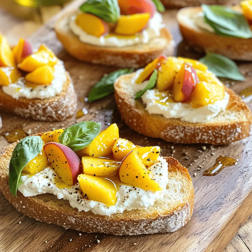 To make the best peach bruschetta with whipped ricotta, you need: - 1 French baguette, sliced into 1/2 inch pieces - 2 ripe peaches, diced - 1 cup ricotta cheese - 2 tablespoons honey - 1 teaspoon vanilla extract - 1 tablespoon fresh lemon juice - Fresh basil leaves, for garnish - Olive oil, for drizzling - Salt and freshly cracked pepper, to taste You can switch some ingredients if needed. Try using: - Whole grain bread instead of a French baguette for a nutty flavor. - Goat cheese or cream cheese in place of ricotta for a different taste. - Maple syrup instead of honey for a vegan option. - Any stone fruit like plums or nectarines instead of peaches. Fresh ingredients make a big difference in taste. Here are some tips: - Choose ripe peaches that feel slightly soft when pressed. This means they are sweet. - Use high-quality ricotta for a creamy texture. Look for brands with few additives. - Fresh basil leaves should be fragrant and bright green. Avoid wilted or brown leaves. - Select a baguette that is crusty on the outside but soft on the inside for the best bite. For the full recipe of peach bruschetta with whipped ricotta, check out the [Full Recipe]. To start, you need a French baguette. Slice it into 1/2 inch pieces. This thickness gives a nice crunch. Next, preheat your oven to 400°F (200°C). Lay the baguette slices on a baking sheet. Brush each slice lightly with olive oil. This adds flavor and helps them crisp up. Bake the bread for about 5-7 minutes. Look for a golden color and a slight crunch. While the bread bakes, it's time for the whipped ricotta. Grab a medium bowl and add 1 cup of ricotta cheese. Next, mix in 2 tablespoons of honey, 1 teaspoon of vanilla extract, and 1 tablespoon of fresh lemon juice. These ingredients create a rich and sweet flavor. Use a hand mixer or whisk to whip it all together. Aim for a creamy and smooth texture. Add a pinch of salt and freshly cracked pepper to taste. This will balance the sweetness. Now it's time to bring it all together. Once your baguette slices are toasty, spread a generous layer of the whipped ricotta on each slice. Next, take 2 ripe peaches that you diced earlier and top each slice. The peaches add a fresh and juicy bite. For a pop of color and flavor, garnish each bruschetta with fresh basil leaves. Drizzle a little olive oil on top, and finish with a crack of fresh pepper. Serve the bruschetta right away for the best taste. Enjoy this peach bruschetta with whipped ricotta delight! You can find the full recipe to guide you through every step. To make the best whipped ricotta, start with room temperature cheese. This helps it whip up smoothly. Use a hand mixer for a light and airy texture. If you prefer a thicker mix, reduce the lemon juice. A pinch of salt adds a nice balance to the sweetness. Always taste as you mix. Adjust sweetness by adding more honey if needed. Serve this bruschetta as a snack or a light meal. It shines at parties and gatherings. Place the bruschetta on a large platter for a beautiful display. Add extra basil leaves for color and flavor. You can also drizzle a little balsamic glaze for added zest. Enjoy it fresh to keep the flavors bright. This peach bruschetta pairs well with light drinks. Try a chilled white wine or sparkling water with lemon. If you like cocktails, a peach mojito complements the dish nicely. For a non-alcoholic option, serve iced herbal tea. Each drink enhances the sweet and savory notes of the bruschetta. {{image_2}} You can swap peaches for other fruits. Try ripe strawberries or juicy nectarines. Both add a fresh taste. You might also enjoy a mix of berries. Blueberries and raspberries look great on the plate. The flavor will be sweet and tart. Always choose fresh fruit for the best taste. You can get creative with toppings. Add a drizzle of balsamic glaze for a tangy kick. Crushed nuts, like pistachios or walnuts, add crunch. You can also sprinkle some feta cheese for a salty balance. Don’t forget about herbs! Mint or rosemary can bring a new twist. If you want a vegan option, use cashew cream instead of ricotta. Soak cashews in water for a few hours. Blend them with a bit of lemon juice and maple syrup. This will give you a creamy texture. You can also find store-bought vegan ricotta. Just check the ingredients to ensure it fits your diet. For the best flavor, use fresh herbs as a garnish. Feel free to explore these variations to make this dish your own. For the full recipe, check out the Peachy Whipped Ricotta Bruschetta! To keep your peach bruschetta fresh, store leftovers in an airtight container. Place it in the fridge. Enjoy the bruschetta within two days for the best taste. The bread will soften, but the flavor remains. If you have extra whipped ricotta, store it in a separate container. This way, it stays fresh longer. Reheating bruschetta can be tricky. The bread will lose its crispness. To reheat, use an oven. Preheat it to 350°F (175°C). Place the bruschetta on a baking sheet. Warm it for about 5 minutes. This helps restore some crunch. Avoid the microwave, as it will make the bread soggy. Freezing bruschetta is not ideal but possible. I recommend freezing the whipped ricotta and peaches separately. Spread the ricotta in a small container. Freeze it for up to one month. For the peaches, freeze them in a single layer on a baking sheet. Once frozen, transfer them to a zip-top bag. This method keeps them from sticking together. When ready to use, thaw in the fridge overnight and assemble fresh. For the best flavor, enjoy your peach bruschetta soon after making it. Check out the Full Recipe for more details! You can prepare the whipped ricotta and the peaches in advance. Store them separately in the fridge. This keeps the flavors fresh. Toast the baguette just before serving. It stays crisp this way. Assemble the bruschetta quickly when you are ready to eat. Yes, you can use canned peaches. Choose peaches packed in juice or water. Drain them well before use. Fresh peaches give a better flavor, but canned peaches work in a pinch. Just add a bit more honey for sweetness if needed. Look for peaches that are slightly soft to the touch. They should smell sweet and fruity. Avoid peaches with bruises or dark spots. Color is key; look for a warm, golden hue. If they are hard, leave them at room temperature for a few days. Enjoy the best taste with ripe peaches! This blog post covered everything you need for a great bruschetta. We explored the key ingredients, offered tips for texture, and shared fun variations. Remember that using fresh ingredients makes a big difference in taste. Keep these easy steps in mind for perfect results. Enjoy creating your bruschetta and feel free to experiment with flavors. You'll impress your friends with your tasty creations. Well-prepared bruschetta can be a true delight at any gathering. Happy cooking!