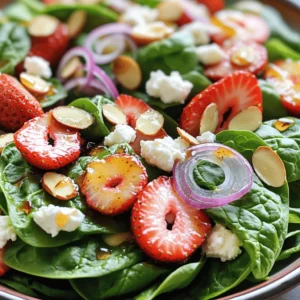 - 4 cups fresh baby spinach - 1 cup strawberries, hulled and sliced Fresh baby spinach is the star of this salad. It adds a crisp and vibrant base. The spinach has a mild taste that pairs well with sweet strawberries. Strawberries bring color and flavor. You want them ripe and juicy for the best taste. Pick strawberries that are bright red and firm. Always wash them well before slicing. - 1/2 cup feta cheese, crumbled - 1/4 cup sliced almonds, toasted Feta cheese adds creaminess and a salty kick. Its crumbly texture contrasts nicely with the spinach. The cheese's tangy flavor complements the sweet strawberries. Toasted sliced almonds give a crunchy texture. Toasting them enhances their flavor. Just a few minutes in the oven can make a big difference. - 1/4 cup balsamic vinegar - 2 tablespoons honey - 2 tablespoons olive oil The dressing ties all the ingredients together. Balsamic vinegar provides a sweet and tangy taste. Honey adds a touch of sweetness, balancing the vinegar's sharpness. Olive oil makes the dressing smooth and rich. You can mix these three ingredients in a jar. Shake it up for an easy homemade dressing. This dressing elevates the salad, making it fresh and tasty. For the full recipe, check out the instructions above. First, grab a large bowl. In it, combine 4 cups of fresh baby spinach with 1 cup of hulled and sliced strawberries. This mix creates a bright and tasty base. Next, sprinkle in 1/2 cup of crumbled feta cheese. The cheese adds a creamy texture. Finally, toss in 1/4 cup of toasted sliced almonds for a nice crunch. These ingredients come together to make a fresh and colorful salad. Now, let’s make the dressing. In a small jar or bowl, mix together 1/4 cup of balsamic vinegar, 2 tablespoons of honey, and 2 tablespoons of olive oil. This mixture creates a sweet and tangy flavor. You can whisk it by hand or shake it well if using a jar. Make sure everything is well combined. This dressing will enhance the salad's taste. Next, pour the dressing over the salad. Gently toss the spinach and strawberries to coat them evenly. Be careful not to crush the berries. Now, add the thinly sliced 1/4 red onion. This step adds a sharp flavor that balances the sweetness. Season with salt and pepper to taste. Enjoy your fresh and tasty delight, ready in just 30 minutes! For the complete recipe, check the Full Recipe. To bring more flavor to your salad, try using different cheeses. You can switch feta for goat cheese or blue cheese. Each cheese adds a unique taste and texture. Another tip is to add a squeeze of lemon juice. This brightens the flavors and gives a fresh taste to the salad. Presentation matters! Layer your ingredients in a bowl to make the salad look pretty. Start with spinach, then add strawberries, cheese, and nuts on top. For a finishing touch, sprinkle fresh herbs like basil or mint. This adds color and a burst of flavor. Prep your ingredients ahead of time. Wash and chop strawberries and spinach the day before. This makes your cooking fast and easy. You can also use pre-washed and chopped produce. This way, you save time and effort when making your salad. For the Full Recipe, check the earlier section! {{image_2}} You can easily switch ingredients for fun flavors. Try using mixed greens instead of spinach. This change adds a unique texture. Seasonal fruits also work well. Consider using blueberries, peaches, or even apples. Each fruit brings its own taste to the dish. If you want a different flavor, try a citrus vinaigrette. This dressing gives a bright and fresh taste. You can also use a creamy dressing option, like ranch or blue cheese. Both choices complement the salad well and add extra richness. To make your salad even heartier, incorporate grilled chicken or shrimp. These proteins make the salad more filling. You can also add seeds like sunflower or pumpkin for a crunchy texture. These toppings not only enhance flavor but also boost nutrition. For the full recipe, check out the complete guide to this delightful dish! To keep your salad fresh, store leftovers in an airtight container. Place it in the fridge. This way, the spinach stays crisp. You can enjoy it for up to two days. However, the strawberries may lose their texture after one day. If you add the dressing ahead of time, it may make the salad soggy. Freezing salad components is tricky. Spinach and strawberries do not freeze well. They can lose their taste and texture. If you want to freeze, consider just the dressing. Store it in a jar and freeze it for up to three months. When ready to use, thaw it in the fridge overnight. This salad pairs well with grilled chicken or fish. It makes a great side for a summer barbecue. For gatherings, serve it in a large bowl for a stunning look. You can also layer the ingredients in a clear dish for a colorful display. Garnish with fresh herbs for extra flair. For the full recipe, check out the details above. The 30-Minute Strawberry Spinach Salad is best eaten fresh. If you store it, keep it in the fridge. It stays fresh for about 1 day. After that, the spinach may wilt. The strawberries will also lose their crunch. Always store the salad in an airtight container to keep it fresh longer. Yes, you can prepare the dressing ahead of time. Store it in a sealed jar or container. The dressing tastes better if you let it sit for a bit. This allows the flavors to mix well. You can keep it in the fridge for up to a week. Just give it a good shake before using. Adding protein boosts the salad's nutrition. You can try grilled chicken for a hearty option. Shrimp is another tasty choice. If you want a vegetarian option, add chickpeas or hard-boiled eggs. Nuts, like walnuts or pecans, can also help. They add crunch and flavor. This makes your salad more filling and delicious. For the complete recipe, check the Full Recipe. This blog post covered how to create a delicious strawberry spinach salad. We explored fresh ingredients like baby spinach and strawberries, along with feta cheese and almonds. You learned how to make a tasty balsamic dressing and how to present your salad beautifully. Making this salad is simple and fun. Feel free to experiment with ingredients and dressings for your taste. Enjoy your salad anytime, and remember, it’s all about freshness and flavor!