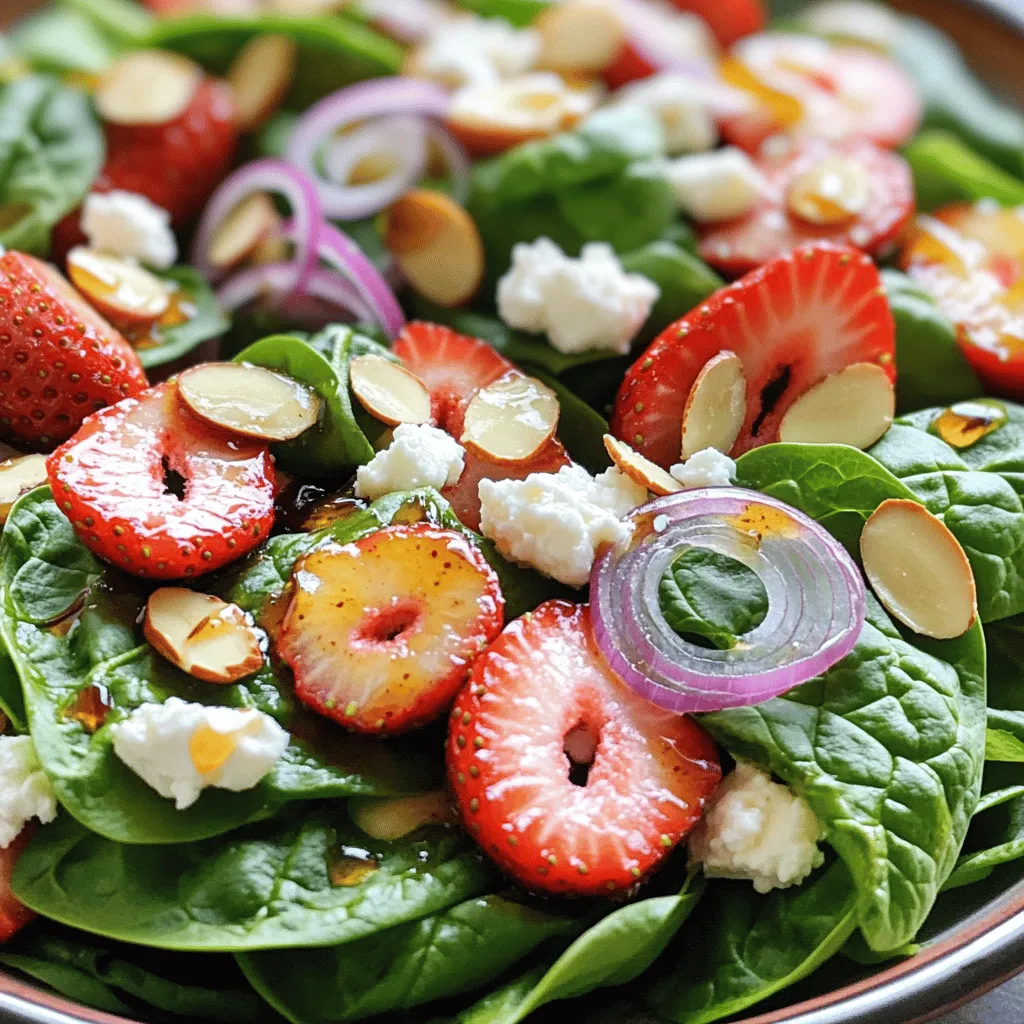 - 4 cups fresh baby spinach - 1 cup strawberries, hulled and sliced Fresh baby spinach is the star of this salad. It adds a crisp and vibrant base. The spinach has a mild taste that pairs well with sweet strawberries. Strawberries bring color and flavor. You want them ripe and juicy for the best taste. Pick strawberries that are bright red and firm. Always wash them well before slicing. - 1/2 cup feta cheese, crumbled - 1/4 cup sliced almonds, toasted Feta cheese adds creaminess and a salty kick. Its crumbly texture contrasts nicely with the spinach. The cheese's tangy flavor complements the sweet strawberries. Toasted sliced almonds give a crunchy texture. Toasting them enhances their flavor. Just a few minutes in the oven can make a big difference. - 1/4 cup balsamic vinegar - 2 tablespoons honey - 2 tablespoons olive oil The dressing ties all the ingredients together. Balsamic vinegar provides a sweet and tangy taste. Honey adds a touch of sweetness, balancing the vinegar's sharpness. Olive oil makes the dressing smooth and rich. You can mix these three ingredients in a jar. Shake it up for an easy homemade dressing. This dressing elevates the salad, making it fresh and tasty. For the full recipe, check out the instructions above. First, grab a large bowl. In it, combine 4 cups of fresh baby spinach with 1 cup of hulled and sliced strawberries. This mix creates a bright and tasty base. Next, sprinkle in 1/2 cup of crumbled feta cheese. The cheese adds a creamy texture. Finally, toss in 1/4 cup of toasted sliced almonds for a nice crunch. These ingredients come together to make a fresh and colorful salad. Now, let’s make the dressing. In a small jar or bowl, mix together 1/4 cup of balsamic vinegar, 2 tablespoons of honey, and 2 tablespoons of olive oil. This mixture creates a sweet and tangy flavor. You can whisk it by hand or shake it well if using a jar. Make sure everything is well combined. This dressing will enhance the salad's taste. Next, pour the dressing over the salad. Gently toss the spinach and strawberries to coat them evenly. Be careful not to crush the berries. Now, add the thinly sliced 1/4 red onion. This step adds a sharp flavor that balances the sweetness. Season with salt and pepper to taste. Enjoy your fresh and tasty delight, ready in just 30 minutes! For the complete recipe, check the Full Recipe. To bring more flavor to your salad, try using different cheeses. You can switch feta for goat cheese or blue cheese. Each cheese adds a unique taste and texture. Another tip is to add a squeeze of lemon juice. This brightens the flavors and gives a fresh taste to the salad. Presentation matters! Layer your ingredients in a bowl to make the salad look pretty. Start with spinach, then add strawberries, cheese, and nuts on top. For a finishing touch, sprinkle fresh herbs like basil or mint. This adds color and a burst of flavor. Prep your ingredients ahead of time. Wash and chop strawberries and spinach the day before. This makes your cooking fast and easy. You can also use pre-washed and chopped produce. This way, you save time and effort when making your salad. For the Full Recipe, check the earlier section! {{image_2}} You can easily switch ingredients for fun flavors. Try using mixed greens instead of spinach. This change adds a unique texture. Seasonal fruits also work well. Consider using blueberries, peaches, or even apples. Each fruit brings its own taste to the dish. If you want a different flavor, try a citrus vinaigrette. This dressing gives a bright and fresh taste. You can also use a creamy dressing option, like ranch or blue cheese. Both choices complement the salad well and add extra richness. To make your salad even heartier, incorporate grilled chicken or shrimp. These proteins make the salad more filling. You can also add seeds like sunflower or pumpkin for a crunchy texture. These toppings not only enhance flavor but also boost nutrition. For the full recipe, check out the complete guide to this delightful dish! To keep your salad fresh, store leftovers in an airtight container. Place it in the fridge. This way, the spinach stays crisp. You can enjoy it for up to two days. However, the strawberries may lose their texture after one day. If you add the dressing ahead of time, it may make the salad soggy. Freezing salad components is tricky. Spinach and strawberries do not freeze well. They can lose their taste and texture. If you want to freeze, consider just the dressing. Store it in a jar and freeze it for up to three months. When ready to use, thaw it in the fridge overnight. This salad pairs well with grilled chicken or fish. It makes a great side for a summer barbecue. For gatherings, serve it in a large bowl for a stunning look. You can also layer the ingredients in a clear dish for a colorful display. Garnish with fresh herbs for extra flair. For the full recipe, check out the details above. The 30-Minute Strawberry Spinach Salad is best eaten fresh. If you store it, keep it in the fridge. It stays fresh for about 1 day. After that, the spinach may wilt. The strawberries will also lose their crunch. Always store the salad in an airtight container to keep it fresh longer. Yes, you can prepare the dressing ahead of time. Store it in a sealed jar or container. The dressing tastes better if you let it sit for a bit. This allows the flavors to mix well. You can keep it in the fridge for up to a week. Just give it a good shake before using. Adding protein boosts the salad's nutrition. You can try grilled chicken for a hearty option. Shrimp is another tasty choice. If you want a vegetarian option, add chickpeas or hard-boiled eggs. Nuts, like walnuts or pecans, can also help. They add crunch and flavor. This makes your salad more filling and delicious. For the complete recipe, check the Full Recipe. This blog post covered how to create a delicious strawberry spinach salad. We explored fresh ingredients like baby spinach and strawberries, along with feta cheese and almonds. You learned how to make a tasty balsamic dressing and how to present your salad beautifully. Making this salad is simple and fun. Feel free to experiment with ingredients and dressings for your taste. Enjoy your salad anytime, and remember, it’s all about freshness and flavor!