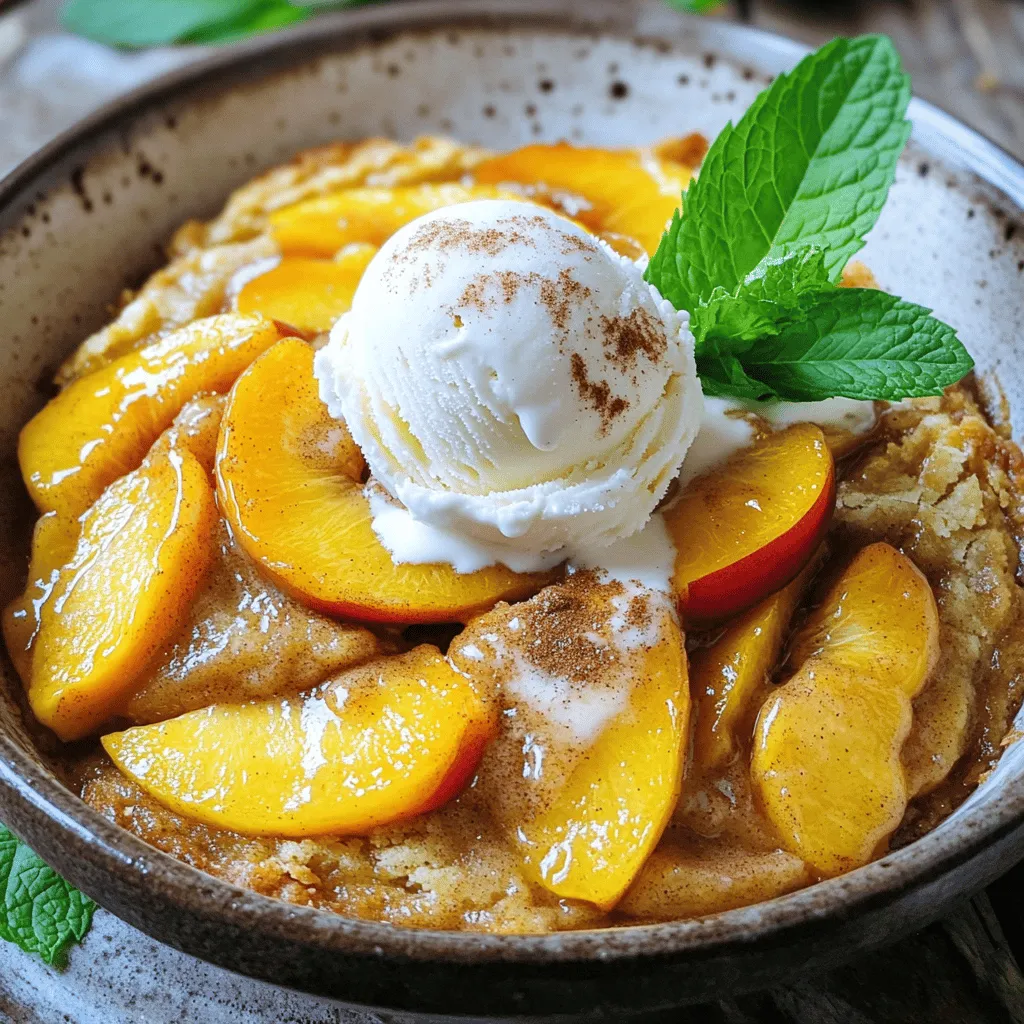 To make a delicious homemade peach cobbler, you need fresh and simple ingredients. Here’s what you will need: - 6 ripe peaches, pitted and sliced - 1 cup granulated sugar, divided - 1/4 cup brown sugar - 1 tablespoon lemon juice - 1 teaspoon ground cinnamon - 1 teaspoon vanilla extract - 1 cup all-purpose flour - 1 teaspoon baking powder - 1/4 teaspoon salt - 1/2 cup milk - 1/3 cup unsalted butter, melted - 1/4 teaspoon nutmeg (optional) Each ingredient plays a key role in creating the perfect cobbler. The peaches bring sweetness and a juicy texture. The sugars help to caramelize the fruit and create a syrupy filling. Lemon juice brightens the flavor, while cinnamon and vanilla add warmth. The flour, baking powder, salt, and milk form a thick batter that sits atop the peaches. Lastly, melted butter gives richness to the topping. Using ripe peaches is crucial. They should smell sweet and feel slightly soft. If you can’t find fresh peaches, you can use canned ones, but fresh is best for flavor. For the full recipe, check the complete instructions to guide you through the cooking process. Enjoy making your peach cobbler! 1. Preheat your oven to 350°F (175°C). Grease a 2-quart baking dish. 2. In a large bowl, toss the sliced peaches with 1/2 cup of granulated sugar, brown sugar, lemon juice, cinnamon, and vanilla extract. Let this sit for 15 minutes. This helps the peaches blend with the sugars. 3. In another bowl, mix the flour, remaining 1/2 cup sugar, baking powder, salt, and nutmeg if you'd like. Whisk these dry ingredients together. Then, stir in the milk and melted butter. Mix until just combined. The batter will be thick. 1. Pour the peach mixture into the prepared baking dish. Spread it out evenly. 2. Dollop the batter on top of the peaches. Use a knife to swirl the batter with the peaches. This creates a marbled effect that looks great. 1. Place the dish in the oven and bake for about 40-45 minutes. Check for doneness by inserting a toothpick in the center. If it comes out clean, your cobbler is ready. 2. If the top gets too brown, cover it loosely with aluminum foil. After baking, let the cobbler cool for 10 minutes before serving. You can find the detailed instructions in the Full Recipe. Enjoy your homemade peach cobbler! To get the best texture for your cobbler, avoid overmixing the batter. Mix just enough to combine the ingredients. This keeps the batter light and fluffy. Use a swirl technique to create beautiful marbling. After pouring the peach mixture into the baking dish, dollop the batter on top. Then, take a knife and gently swirl it through the peaches. This adds a lovely look and taste. You can add nutmeg and cinnamon to boost the flavor. A little nutmeg gives warmth, while cinnamon adds sweetness. You can also experiment with sweeteners. Try using brown sugar or honey for a different taste. If you want to get creative, think about adding a splash of almond extract or vanilla bean. These variations can make your cobbler even more special. Serve your peach cobbler warm for the best experience. A scoop of vanilla ice cream on top is a classic choice. Whipped cream works well too. For a nice touch, garnish with fresh mint leaves. This not only adds flavor but makes your dish look pretty. Enjoy your cobbler straight from the oven for a cozy dessert! {{image_2}} You can switch up the peaches for other fruits. Try using ripe berries like strawberries or blueberries. Apples also work well in this recipe. Mixing fruits can give your cobbler a fun twist. Imagine biting into a warm cobbler with sweet peaches and tart berries! That unique mix makes every bite exciting. Want a lighter cobbler? You can lower the sugar. Use half the amount of sugar or try natural sweeteners like honey. You can also make it gluten-free. Simply swap the all-purpose flour for almond flour or a gluten-free mix. If you need a dairy-free option, use almond milk and coconut oil instead of butter. These changes keep the dish tasty and light. Spice can take your cobbler to the next level. Adding a pinch of nutmeg or a dash of ginger can enhance the flavor. You might also want to add vanilla extract for extra depth. For a crunchy topping, mix in some chopped nuts or oats. This adds texture and a nutty flavor that pairs well with the sweet fruit. These creative tweaks make your cobbler stand out. For the full recipe, check this link to the Sweet Summer Peach Cobbler. Store leftover cobbler in the fridge. Let it cool down before you store it. Place the cobbler in an airtight container. You can also cover it with plastic wrap. This helps keep the moisture in and the flavors fresh. Leftover peach cobbler can last for about 3-4 days in the fridge. To freeze your cobbler, first, let it cool completely. Cut it into portions for easy serving. Wrap each piece in plastic wrap. Then, place them in a freezer-safe bag or container. Be sure to label it with the date. When you want to eat it, take out a piece and let it thaw in the fridge overnight. You can reheat it in the oven at 350°F for about 20-25 minutes. This warms it up nicely and keeps the crust crisp. Peach cobbler lasts for about 3-4 days in the fridge. If you freeze it, it can last for about 2-3 months. Always check for signs of spoilage. Look for mold or an off smell. If the cobbler looks dry or hard, it’s best to toss it. Enjoy your delightful peach cobbler while it’s fresh, but know you can save it for later! What is the best way to peel peaches for the cobbler? The best way is to blanch them. Boil water and drop the peaches in for about 30 seconds. Then, place them in ice water. The skins will peel off easily. Can I use canned peaches instead of fresh ones? Yes, you can use canned peaches. Drain them well to avoid excess liquid. They may be sweeter, so adjust the sugar in the recipe. How can I make my cobbler crust crispy? To get a crispy crust, make sure to bake it until golden brown. You can also use a bit more butter in the batter for added richness. Is it necessary to let the cobbler cool before serving? Yes, letting it cool for about 10 minutes is best. This allows the juices to settle and makes it easier to serve. Can I substitute the milk in the recipe? Absolutely! You can use almond milk or oat milk for a dairy-free option. Just make sure to keep the same amount. How can I make individual servings of peach cobbler? Use ramekins instead of a large dish. Divide the peach mixture and batter into each ramekin. Bake until golden and bubbly. What size baking dish is best for this recipe? A 2-quart baking dish works perfectly. If you want a thicker cobbler, you can use a smaller dish. What tools do I need to make peach cobbler? You will need a sharp knife for slicing peaches, mixing bowls, a whisk, and a baking dish. How to troubleshoot common cobbler issues? If your cobbler is too soggy, reduce the liquid from the peaches. If it burns on top, cover it loosely with foil while baking. What is the history of peach cobbler? Peach cobbler dates back to the early American settlers. They made it with local fruits and simple ingredients. It remains a beloved dessert today. For the full recipe, check [Full Recipe]. Peach cobbler is a simple and delicious treat. We covered the ingredients needed, how to prepare and bake the dish, and some useful tips. Remember to experiment with different fruits or flavors to make it your own. Don’t forget to store leftovers properly and enjoy them later. With these steps, you’ll impress everyone at your table. Enjoy your sweet creation!