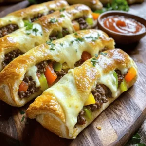 To make these breadsticks, you need a few key items. Here’s the list: - 1 lb ground beef or thinly sliced steak - 1 cup bell peppers (mixed colors), diced - 1 small onion, finely chopped - 1 cup provolone cheese, shredded - 1 cup mozzarella cheese, shredded - 1 teaspoon garlic powder - 1 teaspoon onion powder - Salt and pepper, to taste - 1 tablespoon olive oil - 1 package of refrigerated pizza dough (about 13.8 oz) - 1 egg, beaten (for egg wash) These ingredients bring rich flavors and create a great filling for the breadsticks. You can add or swap a few ingredients to make the recipe your own. Here are some ideas: - Mushrooms for added earthiness - Spinach for a pop of color and nutrients - Different types of cheese like cheddar or pepper jack - Hot sauce for a spicy kick Mix and match these options to fit your taste. To keep your ingredients fresh, consider these tips: - Choose fresh vegetables: Look for bright colors and firm textures. - Use high-quality cheese: Freshly shredded cheese melts better than pre-packaged. - Check the dough: Make sure your pizza dough is within its expiration date. By following these tips, you’ll ensure that your Philly cheesesteak stuffed cheesy breadsticks are top-notch. For the full recipe, check out the section above. To start, heat a large skillet over medium heat. Add one tablespoon of olive oil. Once hot, toss in one small onion, finely chopped, and one cup of mixed bell peppers, diced. Cook these veggies until they soften, which takes about five minutes. If you're using ground beef, add one pound to the skillet. Cook it until browned. If you choose thinly sliced steak, add it now and sauté until just cooked. Season with one teaspoon of garlic powder, one teaspoon of onion powder, and salt and pepper to taste. After cooking, remove the skillet from heat and let it cool a bit. Now, roll out one package of refrigerated pizza dough on a floured surface. Aim for a rectangle about one-fourth inch thick. Cut the dough into long strips, each about four inches wide. On one end of each strip, place a spoonful of your meat and veggie mixture. Top it with a generous amount of provolone and mozzarella cheese, about one cup of each. Next, carefully roll the dough over the filling until you reach the other end. Pinch the edges to seal tightly. Place each stuffed breadstick seam side down on a baking sheet lined with parchment paper. Before you bake, preheat your oven to 425°F (220°C). Brush the tops of the breadsticks with one beaten egg. This will give them a nice golden color. Bake in the preheated oven for about 12 to 15 minutes. Keep an eye on them until they turn golden brown and the cheese bubbles. Once baked, let them cool for a few minutes before serving. Enjoy these cheesy delights fresh for the best taste! For the full recipe, check out the details above. To get the best breadsticks, follow these simple tips. First, make sure your oven is fully preheated. This helps the breadsticks rise and brown evenly. Second, do not overcrowd the baking sheet. Leave space between each breadstick for air to circulate. Lastly, keep an eye on the time. Ovens can vary, so check them a minute or two early. Melted cheese makes these breadsticks special. Use a mix of provolone and mozzarella for great flavor and texture. To help the cheese melt nicely, cut it into small pieces. This way, it will melt quickly and evenly. Also, avoid overstuffing the breadsticks. If they are too full, the cheese may not melt well. Serve your cheesy breadsticks hot from the oven. Pair them with warm marinara sauce for dipping. It adds a great flavor contrast. You can also sprinkle some fresh parsley on top for a pop of color. If you want extra crunch, serve with a side salad. This adds freshness and balances the meal. For more fun, try using different dipping sauces like ranch or garlic butter. Enjoy your creation! For the full recipe, check out the detailed instructions. {{image_2}} You can make these breadsticks vegetarian by swapping the meat. Use mushrooms, zucchini, or eggplant instead of beef or steak. Sauté these veggies just like you would the meat. This option is tasty and keeps the breadsticks hearty. Add extra cheese for a creamy texture. You can also toss in some spinach or kale for added nutrition. Cheese is the star of these breadsticks. While provolone and mozzarella are classic, you can mix it up! Try adding cheddar for a sharper taste. Swiss cheese can bring a nutty flavor that pairs well with the filling. For a fun twist, add some pepper jack for a spicy kick. Experiment with different cheese blends to find your favorite combination. If you like heat, add jalapeños or red pepper flakes to the meat filling. This will give your breadsticks a spicy kick. You can also use spicy sausage instead of beef for more flavor. Another option is to serve the breadsticks with a spicy dipping sauce. This will take your cheesy breadsticks to the next level. Enjoy the extra zing in every bite! For the full recipe, check out the detailed instructions in the [Full Recipe]. To store leftover breadsticks, let them cool first. Place them in an airtight container. You can also wrap them in plastic wrap. Keep them in the fridge for up to three days. This will help keep them fresh and tasty. When you want to eat your leftover breadsticks, reheating is key. Preheat your oven to 350°F (175°C). Place the breadsticks on a baking sheet. Heat them for about 10 minutes. This method keeps them crispy and warm. You can also use a microwave, but they may get a bit soft. So, if you want the best taste, stick to the oven. Freezing is a great option for long-term storage. After cooling, wrap each breadstick in plastic wrap. Then, place them in a freezer bag. Remove as much air as you can. These can last up to three months in the freezer. When you're ready to eat, just thaw them in the fridge overnight. Reheat them in the oven for a fresh taste. Enjoy your cheesy breadsticks anytime with this simple method! Yes, you can make the dough from scratch if you want. Use flour, yeast, water, and salt for a simple recipe. Mix and knead it until smooth. Let it rise for one hour. This gives you fresh dough full of flavor. However, using store-bought dough saves time and effort. You can prepare the filling and dough in advance. Cook the meat and veggies, then let them cool. Roll out the dough and fill it as usual. Cover and store them in the fridge for up to 24 hours. When ready, bake them directly from the fridge. This keeps them fresh and tasty. These breadsticks pair well with many sauces. Marinara sauce is a classic choice. You can also try ranch dressing or garlic butter. If you like spice, sriracha mayo adds a nice kick. Choose your favorite for a fun dip. Enjoy experimenting with different flavors! You learned how to make easy Philly cheesesteak stuffed cheesy breadsticks. This recipe uses fresh ingredients for great taste. Use optional ingredients for your own twist. Follow the step-by-step guide for perfect results every time. Remember the tips for melting cheese and serving. Feel free to try vegetarian options and spicy flavors. Store leftovers carefully and use my reheating tips for the best taste. These breadsticks will be a hit with everyone. Enjoy your baking and the smiles it brings!