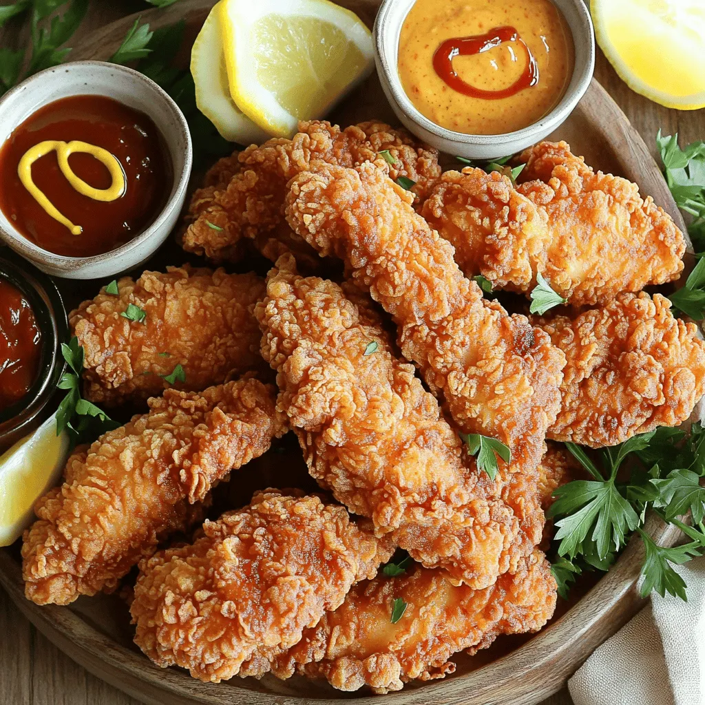 To make crispy fried chicken tenders, you'll need: - 1 pound chicken breast, cut into strips - 1 cup buttermilk - 1 tablespoon hot sauce (optional) - 1 cup all-purpose flour - 1 cup breadcrumbs (preferably panko for extra crunch) - 1 teaspoon garlic powder - 1 teaspoon onion powder - 1 teaspoon paprika - ½ teaspoon cayenne pepper (adjust to taste) - Salt and pepper to taste - Vegetable oil for frying These ingredients work together to create a flavorful and crispy coating that makes these chicken tenders irresistible. When frying, the type of oil you use matters. Here are some great options: - Vegetable oil - Canola oil - Peanut oil These oils have high smoke points, making them perfect for frying. For best results, heat the oil to 350°F (175°C). You can check this by dropping a pinch of breadcrumbs into the oil. If it sizzles, you're ready to fry. This temperature ensures the chicken cooks evenly and gets that perfect golden color. For the full recipe, refer to the detailed instructions above. 1. Start by marinating the chicken strips. In a medium bowl, mix 1 cup of buttermilk with 1 tablespoon of hot sauce if you want a kick. Add the chicken strips, making sure they are fully covered. Cover the bowl and place it in the fridge for at least one hour. For better flavor, let it marinate overnight. 2. Next, prepare the coating. In a shallow dish, combine 1 cup of all-purpose flour, 1 cup of breadcrumbs, 1 teaspoon of garlic powder, 1 teaspoon of onion powder, 1 teaspoon of paprika, and ½ teaspoon of cayenne pepper. Add salt and pepper to taste. Mix everything well so that the spices are evenly distributed. 1. Heat vegetable oil in a deep frying pan over medium heat. Aim for a temperature of 350°F (175°C). To test if the oil is ready, drop a pinch of breadcrumb in it. If it sizzles, you are good to go! 2. Remove the chicken strips from the buttermilk, letting the excess drip off. First, coat each strip in the flour mixture, then dip it back into the buttermilk, and finally into the breadcrumb mixture. Press firmly so the crumbs stick well. 3. Carefully place the breaded chicken strips into the hot oil, making sure not to overcrowd the pan. Fry them for 5 to 7 minutes until they turn golden brown. Turn them halfway for even cooking. 1. Once cooked, remove the chicken tenders from the oil and place them on a plate lined with paper towels. This helps drain the excess oil. Let the tenders rest for a few minutes to become even crispier. 2. For serving, arrange the crispy fried chicken tenders on a platter and pair them with dipping sauces like honey mustard, barbecue sauce, or ranch dressing. A garnish of fresh parsley or lemon wedges adds a nice touch to your presentation. This step-by-step guide will help you create crispy fried chicken tenders that are easy to make and packed with flavor. For the full recipe, check out the details provided above. To get the best crunch, start with dry chicken. Pat your chicken strips with a paper towel. This helps the coating stick better. Next, use the double-dipping method. Dip the chicken in the flour mix, then the buttermilk, and back to the flour mix. This extra layer gives your tenders a thicker, crunchier coat. You can take the flavor up a notch with simple changes. Try adding more spices to the flour mix. For a kick, add extra cayenne or a pinch of black pepper. You can also mix in dried herbs like oregano or thyme. These add depth and aroma to your chicken. Using the right tools makes frying easier. A heavy-bottomed frying pan or a deep pot works best. It holds the heat better and cooks evenly. For breading, a shallow dish is key. It helps you coat the chicken without making a mess. A pair of tongs also helps to flip the chicken gently in hot oil. This keeps your hands safe and the tenders intact. For the full recipe, check the earlier section. {{image_2}} You can change the flavor of your chicken tenders with different marinades. Try soy sauce, lemon juice, or even yogurt. Each will add a unique taste. You can also use various seasoning blends. Think garlic herb, lemon pepper, or even a spicy Cajun mix. For those needing gluten-free options, use rice flour or chickpea flour. These alternatives will still give you that crispy texture without the gluten. You can also use crushed cornflakes or gluten-free breadcrumbs for a crunchy coating. You don’t have to fry your chicken tenders. Baking is a healthier method. To get crispy results, preheat your oven to 425°F (220°C). Lightly coat the tenders with oil and bake for about 20-25 minutes. Flip them halfway to ensure even browning. You can also use an air fryer. This method cooks quickly and gives a great crunch. Set your air fryer to 400°F (200°C) and cook for about 10-12 minutes. Make sure to shake the basket halfway through for even cooking. Pair your chicken tenders with classic sides. French fries are always a favorite. You can also serve coleslaw for a crunchy contrast. Another great option is mac and cheese for a comfort meal. Dipping sauces can elevate your meal. Honey mustard, barbecue sauce, and ranch dressing are popular choices. You can even make a spicy mayo by mixing mayo with sriracha. These options will make your chicken tenders even more delicious. To keep your chicken tenders fresh, follow these steps: - Refrigeration: Place leftover chicken tenders in an airtight container. Store them in the fridge for up to three days. This helps prevent drying out and keeps them tasty. - Freezing: For longer storage, freeze the chicken tenders. Wrap them in plastic wrap and then place them in a freezer bag. They can stay frozen for up to three months. Make sure to label the bag with the date so you know when to use them. To enjoy your chicken tenders again, reheating is key. Here are some methods to keep them crispy: - Oven: Preheat your oven to 400°F (200°C). Place the tenders on a baking sheet. Heat for about 10-15 minutes. This method helps restore their crispiness. - Air Fryer: Set the air fryer to 375°F (190°C). Cook the tenders for about 5-8 minutes. This is a quick way to get them hot and crispy again. - Skillet: Heat a little oil in a skillet over medium heat. Add the tenders and cook for 3-4 minutes on each side. This method adds a nice crunch. Using these techniques keeps your chicken tenders delicious. Enjoy them just like they were fresh! For the full recipe, check out the [Full Recipe]. Yes, you can use frozen chicken breast. Thaw it first for the best results. To thaw, place the chicken in the fridge overnight. If you're in a hurry, you can use the microwave's defrost setting. After thawing, ensure the chicken is dry before marinating. To keep the breading intact, follow these tips: - Pat the chicken dry before coating. This helps the breading stick. - Double-dip the chicken strips. First, coat with flour, then buttermilk, and finally breadcrumbs. - Press the breadcrumbs firmly onto the chicken. This makes sure they adhere well. If you don't have buttermilk, here are some great substitutes: - Mix 1 cup of milk with 1 tablespoon of vinegar or lemon juice. Let it sit for 5 minutes. - Use plain yogurt mixed with water to thin it out. - Sour cream can also work well in place of buttermilk. Frying chicken tenders takes about 5 to 7 minutes. Cook them until they turn golden brown and reach an internal temperature of 165°F (75°C). Make sure to turn them halfway to cook evenly. Chicken tenders pair well with many sides. Here are some tasty options: - Crispy fries or sweet potato fries. - Fresh coleslaw for a crunchy contrast. - Dipping sauces like honey mustard, ranch, or barbecue. You now have all the details to make delicious chicken tenders. Start with fresh ingredients like chicken breast and buttermilk. Use the right oils and temperatures for frying. Follow the steps carefully for marinating, coating, and cooking. Remember, tips on crispiness and flavor can elevate your dish further. Don't forget to store your leftovers correctly and revisit those reheating methods for best results. Enjoy your tasty, homemade chicken tenders and explore different flavors and sides to keep things exciting!