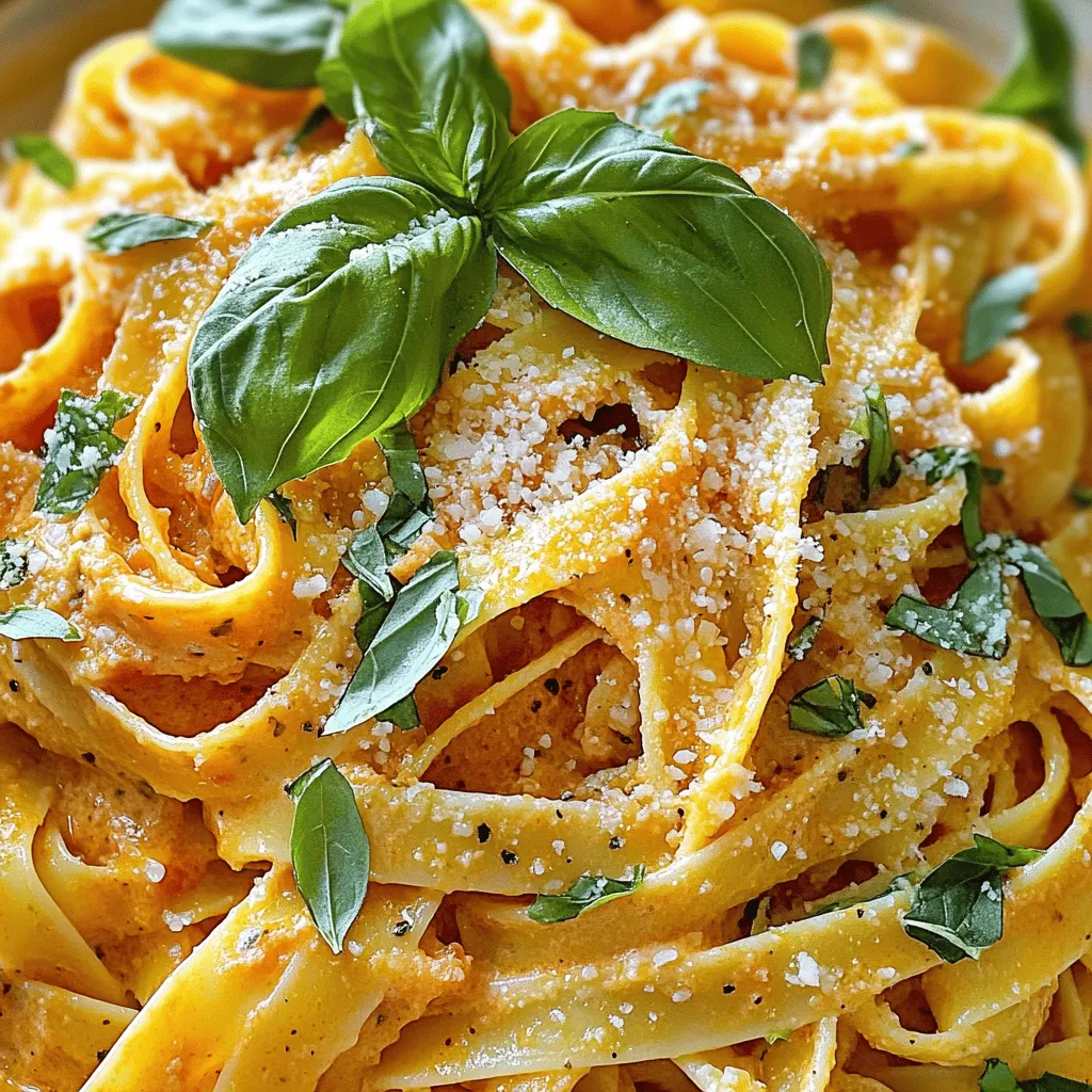 For a great Creamy Basil Tomato Pasta, you need some key items: - 12 oz pasta of your choice (fettuccine or penne works well) - 1 tablespoon olive oil - 3 cloves garlic, minced - 1 can (14 oz) crushed tomatoes - 1 cup heavy cream - 1/2 cup grated Parmesan cheese - 1/2 cup fresh basil leaves, chopped (plus extra for garnish) - Salt and pepper to taste These ingredients come together to create a rich, creamy sauce that clings to your pasta perfectly. I love using fettuccine for its wide shape, but penne also holds the sauce well. You can make this dish your own by adding some optional ingredients: - Red pepper flakes for heat - Extra basil for garnish - More Parmesan cheese for flavor If you like a little spice, red pepper flakes add a nice kick. Extra basil and Parmesan on top make the dish look and taste even better. For the full recipe, check out the [Full Recipe]. Start by boiling water in a large pot. Use enough water to cover the pasta. Add a pinch of salt to the water for flavor. Once the water reaches a rolling boil, add 12 oz of pasta. Cook according to the package instructions. This usually takes about 8 to 12 minutes, depending on the type of pasta. After cooking, reserve 1/2 cup of pasta water before draining. This water is starchy and helps the sauce stick to the pasta. Drain the pasta and set it aside. Next, grab a large skillet and heat 1 tablespoon of olive oil over medium heat. Add 3 cloves of minced garlic. Sauté for about 1 minute until it smells great, but don’t let it burn! Now, pour in 1 can of crushed tomatoes. Bring the mixture to a simmer and let it cook for about 5 minutes. This thickens the sauce a bit. Lower the heat, then add 1 cup of heavy cream. Stir until the sauce is smooth. Add 1/2 cup of grated Parmesan cheese next. Mix until it melts into the sauce. Finally, toss in 1/2 cup of chopped fresh basil. Season with salt and pepper to taste. If you like heat, sprinkle in some red pepper flakes. Now, it’s time to combine everything. Toss the cooked pasta into the skillet with the sauce. Mix well so the pasta is coated. If the sauce is too thick, add a splash of the reserved pasta water. This will help you reach the desired consistency. Stir until the pasta looks creamy and delicious. Serve immediately, and feel free to garnish with extra basil and a sprinkle of Parmesan on top. Enjoy your meal! For the full recipe, refer to the earlier section. To make your creamy basil tomato pasta shine, start with fresh basil. Look for vibrant green leaves without brown spots. Fresh basil has a sweet, peppery taste that makes this dish pop. You can also try using Thai basil for a unique twist. For extra flavor, consider adding: - A pinch of sugar to balance acidity. - Italian seasoning for a herby boost. - Lemon zest for brightness. - A dash of balsamic vinegar for depth. Avoid overcooking your pasta. Cook it just until it’s al dente. This means the pasta should be firm but not hard. Taste it a minute before the package time ends. To keep your sauce from burning, stir it often. Lower the heat if it starts bubbling too much. Add a splash of pasta water if it gets too thick. This keeps it creamy and helps the sauce stick to the pasta nicely. {{image_2}} You can add protein to your Creamy Basil Tomato Pasta easily. If you like chicken, try diced, cooked chicken. It adds flavor and makes the dish more filling. Just cook the chicken in the skillet before adding garlic. Shrimp is another great option. Sauté shrimp until pink, then mix with the sauce. For a vegetarian twist, use tofu or chickpeas. Tofu absorbs flavors well. Cube it and pan-fry until golden. Chickpeas add a nice texture. Just drain and rinse them, then stir into the sauce. Both choices make this pasta dish hearty. Adding veggies boosts the nutrition of your dish. Spinach is perfect for this pasta. It wilts quickly, so add it just before serving. Bell peppers add color and sweetness. Slice them thin and sauté with garlic. Feel free to get creative with seasonal vegetables. Zucchini, cherry tomatoes, or peas work well too. Just chop them up and toss them into the sauce. This adds flavor and makes your meal more vibrant. You can mix and match to suit your taste. For more ideas, check the Full Recipe for details! To store your creamy basil tomato pasta, first let it cool. Place it in an airtight container. This prevents the pasta from drying out. Make sure to store it in the fridge. It will stay fresh for about 3 to 5 days. If you need to keep it longer, consider freezing it. When reheating pasta, keep it moist. You can use a microwave or stovetop. For the microwave, place pasta in a bowl with a splash of water. Cover it loosely, then heat for 1 to 2 minutes. Stir halfway to ensure even heating. On the stovetop, add pasta to a pan with a bit of water or sauce. Heat on low, stirring gently. This way, you keep the creamy texture. Avoid high heat to prevent drying out the sauce. Enjoy your leftovers just like the first time! To make this dish vegan, you can swap out the heavy cream and cheese. Use coconut cream or cashew cream in place of heavy cream. For a cheese substitute, try nutritional yeast or a vegan Parmesan style cheese. These swaps keep the dish creamy and tasty without dairy. Yes, you can freeze this pasta. To do this, cool the dish completely. Place it in an airtight container or freezer bag. It can stay in the freezer for up to three months. When ready to eat, thaw it in the fridge overnight. Reheat it gently on the stove, adding a splash of water to restore creaminess. A light red wine like Pinot Noir works well with the creamy sauce. It won’t overpower the flavors. If you prefer white wine, choose a Sauvignon Blanc. Its crispness matches the freshness of the basil and tomatoes. Enjoy your meal with a glass that complements your dish. For the full recipe, check the recipe section. This post covered how to make Creamy Basil Tomato Pasta from scratch. You learned about key ingredients, cooking steps, and tips. I shared ways to enhance flavor and offered protein and vegetable options for variety. Storing and reheating tips help you enjoy leftovers. Incorporating these ideas will make your pasta dish shine. Get creative with flavors and enjoy every bite. Happy cooking!