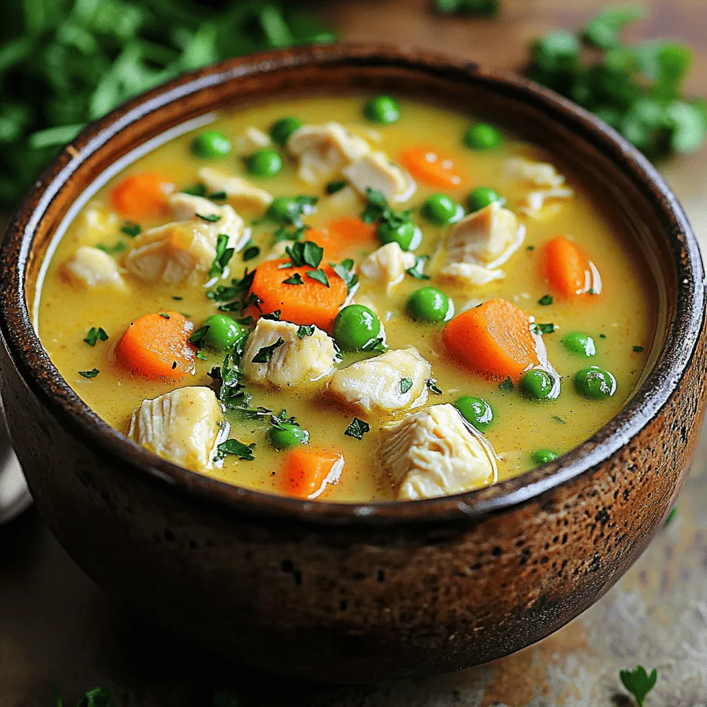 To make Healthy Chicken Pot Pie Soup, gather these simple and fresh ingredients: - 1 lb (450g) boneless, skinless chicken breasts, diced - 1 tablespoon olive oil - 1 medium onion, diced - 2 cloves garlic, minced - 3 medium carrots, diced - 2 celery stalks, diced - 1 cup frozen peas - 4 cups low-sodium chicken broth - 1 cup unsweetened almond milk - 1 teaspoon dried thyme - 1 teaspoon dried rosemary - ½ teaspoon salt - ¼ teaspoon black pepper - ½ cup whole wheat pastry flour - Fresh parsley for garnish Using fresh ingredients is key. The chicken adds protein, while the veggies bring color and texture. Olive oil helps with cooking and flavor. The herbs add depth, making each spoonful comforting. The almond milk keeps it creamy without being heavy. Make sure to use low-sodium chicken broth. It helps control salt levels. Whole wheat pastry flour thickens the soup while adding fiber. Garnish with parsley for freshness. This soup is not just a meal; it's a warm hug in a bowl. For the full recipe, check out the details above. 1. Cook chicken and set aside In a large pot, heat one tablespoon of olive oil over medium heat. Add one pound of diced chicken breasts. Cook until no longer pink, about five to seven minutes. Remove the chicken and set it aside. 2. Sauté onion and garlic In the same pot, add one medium diced onion and two minced garlic cloves. Sauté until the onion turns translucent, which takes about three to four minutes. 3. Add carrots and celery Next, add three diced carrots and two diced celery stalks. Stir frequently and cook for an additional five minutes until the veggies soften. 1. Incorporate whole wheat pastry flour Sprinkle half a cup of whole wheat pastry flour over the sautéed vegetables. Mix well to coat them. Cook for one more minute to remove the raw taste. 2. Gradually add chicken broth and almond milk Slowly pour in four cups of low-sodium chicken broth and one cup of unsweetened almond milk. Stir constantly to avoid lumps. 3. Return chicken and add herbs and spices Add the cooked chicken back into the pot. Also, include one teaspoon each of dried thyme and dried rosemary. Don’t forget half a teaspoon of salt and a quarter teaspoon of black pepper. Stir in one cup of frozen peas. 1. Bring to boil and simmer Bring the soup to a gentle boil. Then reduce the heat and let it simmer for 20 minutes, or until the veggies are tender and the soup thickens. 2. Adjust seasoning to taste Taste the soup and adjust the seasoning if needed. 3. Serve and garnish Serve hot, garnished with fresh parsley. Enjoy your warm, healthy chicken pot pie soup! You can find the full recipe for more details. - Use a rotisserie chicken for quicker preparation. This saves time and adds great flavor. - Adjust the thickness of the soup to your liking. Add more broth or milk for a thinner soup. Use less for a creamier texture. - Consider low-fat dairy alternatives like oat milk or skim milk. They can make the soup lighter. - Feel free to swap in different vegetables. Try green beans or corn for added crunch and color. - To achieve the perfect creamy texture, mix the flour well with the vegetables before adding liquids. This helps thicken the soup. - If your soup is too thick, add broth or milk to thin it out. For a thicker soup, let it simmer longer to reduce liquid. For the complete cooking guide, check out the Full Recipe. {{image_2}} You can easily make this soup even healthier. Adding leafy greens like spinach or kale boosts nutrition. These greens add vitamins and minerals without changing the taste much. You can stir them in during the last few minutes of cooking. Another option is to use gluten-free flour. This swap works well if you need to avoid gluten. You can use almond flour or a store-bought blend. Both will help thicken your soup while keeping it gluten-free. To make your soup more flavorful, try using different herbs and spices. Fresh thyme or oregano can give your dish a new twist. You might also add a pinch of paprika for some warmth. Experiment with flavors to find what you love best. Incorporating lemon juice is another great idea. Just a squeeze can brighten the dish. It adds a nice contrast to the creamy soup, making it even more tasty. If you want a vegetarian option, chickpeas or lentils are fantastic choices. They add protein and fiber while keeping the soup hearty. Just add them when you return the liquid to the pot. You can also swap the chicken for turkey. This change can give you a different flavor while keeping it lean. Use the same cooking steps as the original recipe. You will enjoy a new take on this comforting soup. For the full recipe, check out Healthy Chicken Pot Pie Soup. Store your Healthy Chicken Pot Pie Soup in the fridge for up to four days. Use airtight containers to keep the soup fresh. Glass or BPA-free plastic containers work well for this. Make sure to let the soup cool before sealing. This helps prevent condensation and keeps it tasty. To freeze the soup, let it cool completely. Then, pour it into freezer-safe bags or containers. Leave some space at the top to allow for expansion. Label each bag or container with the date. For reheating, thaw overnight in the fridge. Reheat on the stove over low heat. Stir often to keep the texture smooth. You can also use a microwave, but stir halfway through for even heating. Making a big batch of this soup is perfect for quick meals. Cook a double recipe and store it in your fridge or freezer. Portion it out for easy lunches. You can pack it in single servings to grab on busy days. This way, you can enjoy a warm, healthy meal without much fuss. You can use the stove or the microwave. The stove is my favorite choice. Just pour the soup into a pot. Heat it over low heat, stirring often. This helps keep the soup creamy. If using a microwave, place the soup in a safe bowl. Heat it in short bursts, stirring in between. This ensures even heating and prevents splatters. Yes, you can make this soup ahead of time. It tastes even better the next day! After cooking, let the soup cool down. Store it in an airtight container in the fridge. It lasts for about three days. You can also freeze it for longer storage. Just make sure to leave some space in the container for expansion. You can easily adjust this recipe for dietary needs. Here are some common swaps: - For dairy-free, use coconut milk instead of almond milk. - If you need gluten-free, swap whole wheat flour with a gluten-free blend. - For low-sodium diets, choose low-sodium chicken broth or make your own. - You can also add more veggies to increase fiber and nutrients. This blog post covered a delicious chicken soup recipe. I shared ingredients, steps, and tips to help you make it. Remember, you can swap ingredients for different tastes and textures. Store the soup easily in the fridge or freezer for quick meals. Explore variations for healthier options or different flavors. Cooking is about creativity and fun, so enjoy your time in the kitchen. Make this soup yours and share it with friends!