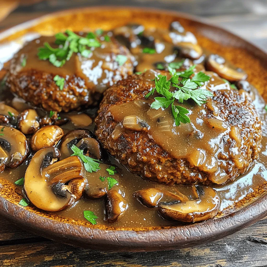 When making classic Salisbury steak, you need to gather some simple ingredients. This recipe is not only tasty but also easy to follow. Here is what you will need: - 1 pound ground beef - 1/2 cup breadcrumbs - 1/4 cup grated Parmesan cheese - 1/4 cup finely chopped onion - 1 clove garlic, minced - 1 egg, beaten - 1 teaspoon Worcestershire sauce - Salt and pepper to taste - 2 tablespoons olive oil - 2 cups beef broth - 1 cup sliced mushrooms - 1 tablespoon cornstarch - 1 tablespoon water - Fresh parsley, for garnish Collecting these ingredients sets you up for success. Each one plays a key role in making the dish flavorful. The ground beef gives the steak its heartiness. Breadcrumbs and egg help bind everything together. Adding cheese and Worcestershire sauce brings in rich flavor notes. Remember, fresh ingredients make all the difference! For a full recipe, you can check out the detailed steps. This dish will surely impress your family and friends. Enjoy cooking! To start, grab a large mixing bowl. Combine the following ingredients: - 1 pound ground beef - 1/2 cup breadcrumbs - 1/4 cup grated Parmesan cheese - 1/4 cup finely chopped onion - 1 clove garlic, minced - 1 egg, beaten - 1 teaspoon Worcestershire sauce - Salt and pepper to taste Mix these well until everything blends smoothly. Next, form the mixture into four oval patties. Each patty should be about 1 inch thick. This shape helps them cook evenly. Now it's time to cook. Heat 2 tablespoons of olive oil in a large skillet over medium heat. When the oil is hot, add your patties. Cook them for about 4-5 minutes on each side until they turn golden brown. Make sure to check that they are cooked through. Once done, take the patties out of the skillet and set them aside. In the same skillet, add 1 cup of sliced mushrooms. Sauté them for 3-4 minutes until they are tender. After that, pour in 2 cups of beef broth and bring it to a simmer. Add the cooked Salisbury steak patties back into the skillet. Reduce the heat, cover it, and let it simmer for about 10 minutes. To thicken the gravy, mix 1 tablespoon of cornstarch with 1 tablespoon of water in a small bowl. Stir this slurry into the broth mixture. Cook for another 2-3 minutes. Your gravy should be thick and rich. Serve the Salisbury steaks hot, covered in the mushroom gravy, and don't forget to garnish with fresh parsley. For the full recipe, check the details above. Enjoy your savory and simple dish! To make the best Salisbury steak, start with the right beef. I suggest using ground beef with about 15-20% fat. This fat keeps the patties juicy and tender. If you choose lean beef, your patties may turn out dry. Next, when mixing the ingredients, use your hands. It’s the best way to blend everything without overworking the meat. Overmixing can lead to tough patties. Just mix until combined, then form them gently. To boost the flavor of your gravy, consider adding herbs and spices. Fresh thyme or rosemary works well. You can also add garlic powder or onion powder for depth. If you want a richer taste, simmer the gravy a bit longer. This helps develop the flavors. Just be careful not to burn it. A few extra minutes can elevate your dish. For side dishes, mashed potatoes are classic and perfect. They soak up the gravy and add creaminess. You could also serve it with steamed green beans or corn for a colorful plate. When it comes to presentation, slice the patties in half and fan them out on the plate. Spoon the gravy over the top and sprinkle fresh parsley for a pop of color. This makes your meal look as good as it tastes! {{image_2}} You can change the meat in Salisbury steak. Ground turkey or chicken works well. They make a lighter dish. These meats keep the flavor while cutting fat. You can also try vegetarian options. Use lentils or black beans as a base. Mix in grains like quinoa for extra texture. These swaps make the dish fit many diets. Want to jazz up your Salisbury steak? Try adding cheese. A bit of cheddar or blue cheese adds richness. You can also spice things up. Add some red pepper flakes for heat. A bit of hot sauce in the gravy gives a nice kick. These small changes make the dish unique. Gravy is key to a great Salisbury steak. Try a creamy mushroom sauce instead of the classic. Blend sautéed mushrooms with cream for a rich taste. You can also use different broths. Chicken or vegetable broth can give a new flavor. Each option changes the dish while keeping it familiar. Enjoy experimenting with these ideas! You can find the full recipe above for a base to start from. To store your leftover Salisbury steak, use an airtight container. This keeps moisture in and prevents odors from mixing. Always let the steak cool down to room temperature before sealing it. Place it in the fridge right away. Your Salisbury steak will last about 3 to 4 days in the fridge. If you want to freeze Salisbury steak, wrap each patty tightly in plastic wrap. Then, place them in a freezer bag. This helps prevent freezer burn. The steak can stay frozen for up to 3 months. When you’re ready to eat it, thaw overnight in the fridge. For reheating, I recommend using the oven. Preheat it to 350°F (175°C). Place the patties in a baking dish with a bit of broth to keep them moist. Cover the dish with foil to lock in the steam. Bake for about 15 to 20 minutes. You can also use the microwave if you’re in a hurry. Place the patties on a microwave-safe plate. Add a splash of broth and cover with a microwave-safe lid. Heat for about 2 to 3 minutes. Be careful to not overheat, as this can dry out the meat. Salisbury steak is a dish made from ground beef. It looks like a hamburger but is served with gravy. The dish dates back to the late 1800s. Dr. James Salisbury, an American physician, created it. He believed that beef was healthy and good for digestion. Over time, Salisbury steak became very popular in American homes. It pairs well with mashed potatoes or rice. This dish is a comfort food for many, bringing warmth and nostalgia. Yes, you can make Salisbury steak in advance. Prepare the patties and cook them. Allow them to cool, then place them in a container. Store them in the fridge for up to three days. When ready to eat, reheat in a skillet over medium heat. Add a splash of beef broth to keep them moist. You can also freeze the cooked patties. They last for up to three months in the freezer. Thaw them overnight in the fridge before reheating. To keep the patties from falling apart, use the right binding agents. Breadcrumbs and eggs work well together. They help hold the meat together during cooking. Mix the ingredients gently, as overmixing can make them tough. Form the patties evenly, about one inch thick. This ensures they cook evenly. Cook them on medium heat, and avoid flipping too often. This helps create a nice crust while keeping the inside juicy. This article covered how to make Salisbury steak from scratch. We discussed all the ingredients, preparation steps, and cooking techniques. You learned how to create a rich mushroom gravy and explored tips for perfect patties. We also covered variations, storage options, and FAQs for your convenience. In closing, making Salisbury steak is simple and rewarding. Enjoy experimenting with flavors and serving it to family. Your cooking will shine!