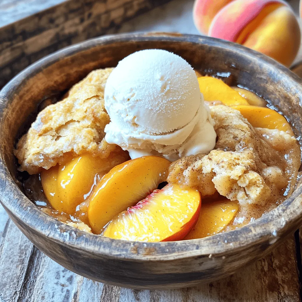 To make a great peach cobbler, you need fresh peaches. Choose ripe peaches for the best flavor. You will need: - 4 fresh peaches, peeled and sliced These peaches give the cobbler its sweet and juicy taste. They also add a lovely texture. The dry mix is key for a nice batter. Gather these items: - 1 cup granulated sugar, divided - 1 teaspoon cinnamon - 1 cup all-purpose flour - 1 tablespoon baking powder - 1/2 teaspoon salt These ingredients help the cobbler rise and gain flavor. The sugar and cinnamon work together to make it sweet and warm. Wet ingredients add moisture to the batter. Here’s what you’ll need: - 1 tablespoon lemon juice - 1 cup whole milk - 1/2 cup unsalted butter, melted - 1 teaspoon vanilla extract The milk and butter make the batter rich and creamy. The lemon juice brightens the flavor, while vanilla adds a nice scent. For the full details, check the full recipe. Start with fresh peaches. You need four ripe peaches for this recipe. First, peel the peaches. Then slice them into thin pieces. Place the slices in a large bowl. Add 1/2 cup of sugar, a teaspoon of cinnamon, and a tablespoon of lemon juice. Mix well to coat the peaches. Let them sit for about 15 minutes. This helps the peaches release their juices. In another bowl, gather your dry ingredients. Combine 1 cup of all-purpose flour, 1 tablespoon of baking powder, 1/2 teaspoon of salt, and the remaining 1/2 cup of sugar. Whisk these ingredients together until well mixed. Now, in a separate bowl, combine 1 cup of whole milk, 1/2 cup of melted unsalted butter, and 1 teaspoon of vanilla extract. Mix these wet ingredients until smooth. Gradually add the wet mix to the dry mix. Stir gently until just combined. The batter may look a bit lumpy; that’s fine. Preheat your oven to 350°F (175°C). Grease a 9x13 inch baking dish. Pour the batter into the dish, spreading it evenly. Carefully spoon the macerated peaches and all their juices on top of the batter. Do not stir. This creates a great texture. Bake in the oven for 40 to 45 minutes. The cobbler should be golden brown and a toothpick inserted in the center should come out clean. After baking, let it cool for about 10 minutes. Serve warm with ice cream or whipped cream for a delightful treat. For the full recipe, check out the details above. When picking peaches, look for ripe ones. They should feel soft yet firm. Their skin should have a rich color and a sweet smell. The best peaches are juicy and flavorful. Freestone peaches are easy to slice and work well in cobblers. If you find clingstone peaches, they’re tasty too; just take more time to slice. To keep your cobbler from getting soggy, follow these steps. First, drain excess juice from the peaches after macerating. Use a slotted spoon to remove them from the bowl. Next, avoid stirring the peaches into the batter. This keeps the layers separate. Lastly, bake until the top is golden brown. A crisp top is key to a perfect cobbler. Serve your peach cobbler warm for the best taste. A scoop of vanilla ice cream melts beautifully on top. You can also add whipped cream for extra richness. Try sprinkling cinnamon or nuts for added flavor. For a fun twist, pair it with sweet tea or coffee. Each bite will feel special and comforting. For the full recipe, check the details provided above. {{image_2}} You can make this peach cobbler even better by adding berries. Blueberries or raspberries work great. You can mix them in with the peaches as they sit. They add a nice pop of color and flavor. You can also use other fruits like cherries or apples. Each fruit gives a new twist to the dish. If you want a gluten-free cobbler, just switch the flour. Use a gluten-free blend instead. Most blends work just as well. Make sure to check the baking powder for gluten. This change allows everyone to enjoy the dessert, no matter their diet. You can spice up your cobbler too. Try adding nutmeg for warmth or ginger for a kick. A splash of almond extract can give a nice nutty flavor. You can also use fresh herbs like basil or mint for a unique taste. These changes can make your cobbler stand out at any gathering. For the full recipe, check out the Peachy Paradise Cobbler. Once your peach cobbler cools, store any leftovers in an airtight container. This helps to keep it fresh. You can keep it on the counter for up to two days. If you want to store it longer, place it in the fridge. It can last up to five days in the fridge. To reheat peach cobbler, preheat your oven to 350°F (175°C). Place the cobbler in a baking dish. Cover it with foil to keep it moist. Heat for about 20 minutes or until warm. You can also use the microwave. Heat in 30-second intervals until it’s warm enough for you. If you want to save peach cobbler for later, freezing is a great option. First, let the cobbler cool completely. Then, cut it into portions. Wrap each piece tightly in plastic wrap and place it in a freezer bag. Label the bag with the date. It can stay in the freezer for up to three months. When you're ready to enjoy it, thaw it in the fridge overnight before reheating. For the best taste, use the Full Recipe for the freshest flavor. You can make Easy Peach Cobbler ahead of time. Prepare the cobbler up to the baking step. Store the assembled dish in the fridge for a few hours or overnight. When you are ready to bake, preheat your oven and bake as directed. It’s a simple way to enjoy a warm dessert later. Yes, you can use canned peaches. Drain and rinse them first to reduce sweetness. Use the same amount as fresh peaches. Canned peaches may be softer, so adjust baking time slightly. The flavor will still shine through in your cobbler. Serve Easy Peach Cobbler warm. Scoop it into bowls and top with ice cream or whipped cream. A sprinkle of cinnamon also adds a nice touch. You can serve it as a dessert or even for breakfast. Enjoy the sweet, fruity goodness any time! We covered key aspects of making Easy Peach Cobbler. You learned about fresh peaches, dry and wet ingredients, and step-by-step instructions. I shared tips for picking the best peaches and ways to avoid a soggy cobbler. You can also try fun variations to switch things up. Finally, I included how to store your cobbler for later enjoyment. Now, you are ready to bake a delicious treat. Enjoy the process and the tasty results!