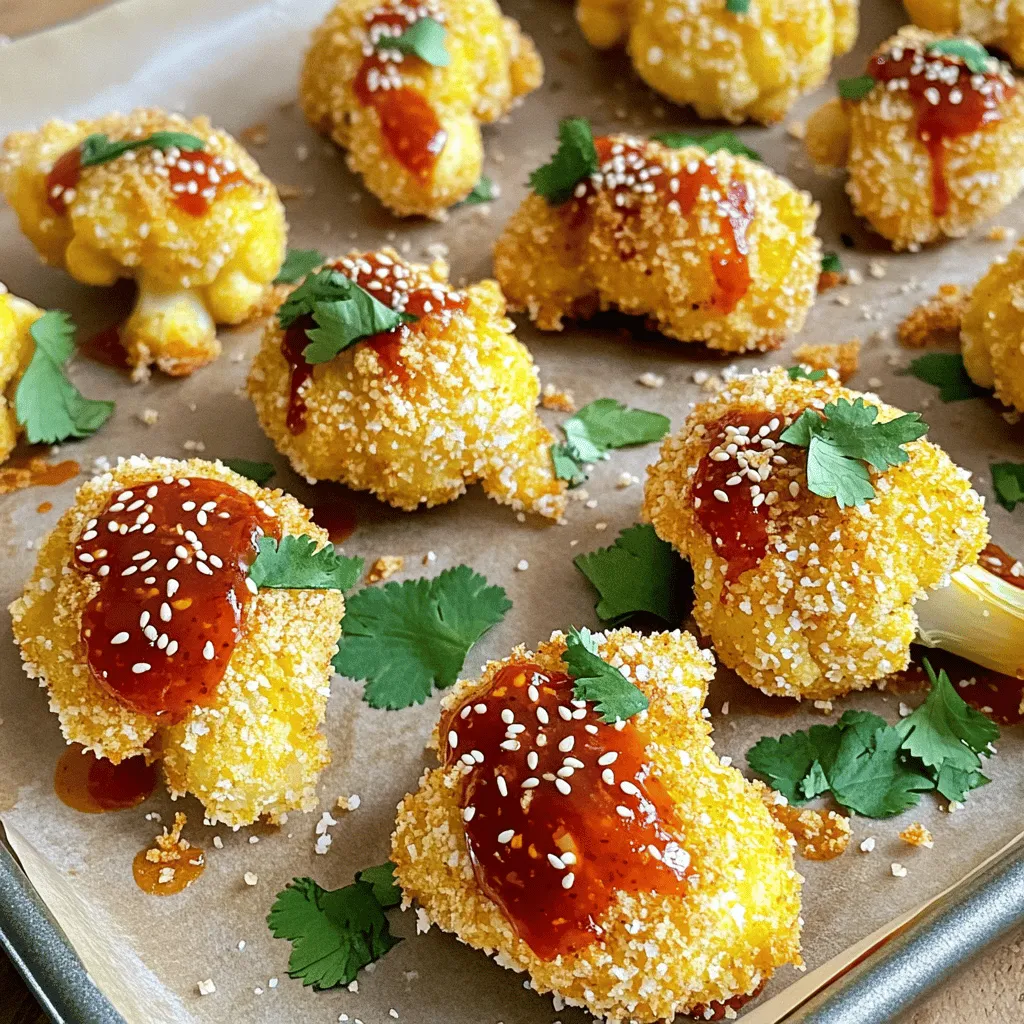 - 1 medium cauliflower, cut into florets - 1 cup all-purpose flour - 1 cup water - 1 teaspoon garlic powder - 1 teaspoon onion powder - 1 teaspoon paprika - Salt and pepper to taste - 1 cup panko breadcrumbs - 1/2 cup sweet chili sauce - 1 tablespoon soy sauce - 1 teaspoon sesame oil - 1 tablespoon sesame seeds (for garnish) - Fresh cilantro (for garnish) To make sweet chili cauliflower wings, you need fresh ingredients. Start with a medium cauliflower. Cutting it into florets makes it easy to handle. The batter needs flour and water, mixed with garlic powder, onion powder, and paprika. This gives a nice flavor. Don't forget salt and pepper to taste! Panko breadcrumbs create a crunchy outside. For the sauce, sweet chili sauce, soy sauce, and sesame oil blend well. Finally, sesame seeds and fresh cilantro add a lovely touch for garnish. A serving has about 250 calories, with 7 grams of protein, 36 grams of carbs, and 10 grams of fat. Cauliflower brings many health benefits. It is low in calories and high in fiber. It also contains vitamins C and K, which support your immune system. - Baking sheet - Mixing bowls - Whisk - Spatula Having the right tools makes cooking easier. A baking sheet helps the cauliflower wings crisp up. Mixing bowls are essential for making the batter. A whisk helps blend everything smoothly. Use a spatula to flip the wings and serve them. These tools will help you create the perfect sweet chili cauliflower wings. For the full recipe, check out the detailed steps above. First, cut the cauliflower into small florets. This helps them cook evenly. Rinse the florets under cold water to clean them well. Next, preheat your oven to 425°F (220°C). This high heat gives the wings a nice crisp. In a large bowl, mix 1 cup of all-purpose flour with 1 cup of water. Add 1 teaspoon of garlic powder, 1 teaspoon of onion powder, 1 teaspoon of paprika, salt, and pepper to taste. Whisk until the batter is smooth. It should not be too thick or too runny. The right consistency helps the batter stick to the cauliflower. Now, dip each cauliflower floret into the batter. Let the extra batter drip off. Then, roll the coated florets in 1 cup of panko breadcrumbs. This gives them a crunchy texture. Place the coated florets on a baking sheet. Bake in the preheated oven for 25-30 minutes. Flip them halfway through to get even cooking. After they turn golden brown, take them out. In a small saucepan, combine 1/2 cup of sweet chili sauce, 1 tablespoon of soy sauce, and 1 teaspoon of sesame oil. Heat gently until mixed. Once the cauliflower is baked, toss it in the sweet chili sauce. Make sure all the florets get coated. Return them to the baking sheet and bake again for 5-7 minutes. This step helps the sauce caramelize and adds more flavor. Enjoy your crispy and flavorful snack! For the complete recipe, follow the [Full Recipe]. To get those crispy wings, you must coat the cauliflower well. The batter needs to stick to each floret. Make sure to let any excess batter drip off before coating in panko. This helps create a crunch when baked. Bake at a high temperature of 425°F (220°C) for the best results. Flip the wings halfway through to cook evenly. This ensures every side gets that nice golden brown color. Adding spices to the batter can boost the flavor of your wings. Try adding a bit of cayenne for heat or smoked paprika for depth. You can also mix in some dried herbs like oregano or thyme. For dipping sauces, sweet chili sauce pairs perfectly, but you can also try ranch or a tangy yogurt sauce. These dips add a creamy contrast to the crispy texture of the wings. When serving your sweet chili cauliflower wings, think about pairing them with drinks. A cold beer or a refreshing iced tea works well. You can also serve them with a side of fresh veggies for a balanced meal. For presentation, arrange the wings on a colorful platter. Garnish with sesame seeds and chopped cilantro for a pop of color. This makes the dish look as good as it tastes! {{image_2}} To make this recipe vegan, you can swap the all-purpose flour and water for chickpea flour. Chickpea flour provides a nice texture and flavor. Mix it with enough water to form a thick batter. This keeps the wings crispy and adds more protein. You can also use flaxseed meal mixed with water as a binding agent. Just combine one tablespoon of flaxseed meal with three tablespoons of water. Let it sit for a few minutes until it thickens. If you love heat, add sriracha to the sweet chili sauce. Start with a tablespoon and mix it in well. Taste it, then add more if you want. You can also sprinkle cayenne pepper into the batter for a spicy kick. Adjust the heat level to your liking. Remember, you can always add more spice, but you can't take it out! You can use other veggies like broccoli or zucchini. They work well in this recipe. Just cut them into similar sizes as the cauliflower. Cooking times may change, so keep an eye on them. Broccoli may need about 20-25 minutes, while zucchini might be done in 15-20 minutes. Always check for crispiness before taking them out of the oven. To keep your sweet chili cauliflower wings fresh, store them in the fridge. Place the wings in an airtight container. This helps prevent moisture loss and keeps them crispy. Allow the wings to cool to room temperature before storing. They will stay good for about three to four days. When it comes to reheating, the oven is best. Preheat your oven to 350°F (175°C). Spread the wings on a baking sheet. Heat for about 10-15 minutes until they are crispy again. If you're in a hurry, you can use a microwave, but the wings won't be as crispy. Heat them in short bursts and check often to avoid sogginess. You can freeze your wings before or after baking. If you freeze them before baking, coat the florets and place them on a baking sheet. Freeze them until solid, then transfer to a freezer bag. If you freeze them after baking, let them cool first. Store in an airtight container or freezer bag. When you're ready to enjoy them, thaw overnight in the fridge. Reheat in the oven for the best texture. You can use gluten-free flour options. Try almond flour or chickpea flour. These flours work well and keep the batter light. Mix with water just like regular flour. This keeps the texture crispy and tasty. Yes, you can use frozen cauliflower. Just thaw and drain it well. This helps remove excess moisture. Pat the florets dry with a paper towel. This step is key for crispiness. These wings stay fresh for about 3 to 4 days in the fridge. Store them in an airtight container. Always check for any signs of spoilage before eating. Yes, you can prepare the wings ahead. Coat them and bake them. Let them cool, then store in the fridge. When you’re ready, just reheat them in the oven. This keeps them crispy. Great dips include ranch, blue cheese, or yogurt-based dips. These cool dips balance the heat from the sweet chili sauce. You can even try a tangy lime dip for a fresh twist. Check out the Full Recipe for more ideas! This article covered how to make delicious sweet chili cauliflower wings. You learned about the key ingredients, step-by-step instructions, and helpful tips for cooking. I shared variations, including vegan and spicy options, plus how to store and reheat leftovers. In my view, mastering this recipe gives you a great snack or appetizer. With some practice, you’ll create a dish that impresses. Enjoy your cooking journey and the tasty results!