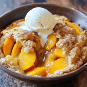 - 4 cups fresh peaches, sliced (or 2 cans of peaches, drained) - 1 cup granulated sugar (divided) - 1 teaspoon vanilla extract - 1 tablespoon lemon juice - 2 teaspoons ground cinnamon - 1 cup all-purpose flour - 1 teaspoon baking powder - ½ teaspoon salt - 1 cup milk - ½ cup butter, melted To make a great peach cobbler, you need fresh or canned peaches. Using fresh peaches gives a lovely taste. If you choose canned, drain them well. You also need granulated sugar. This sweetens the fruit and the batter. Ground cinnamon adds warmth and flavor. You will also use all-purpose flour. This forms the base of your batter. Baking powder helps it rise. Salt is key for flavor balance. Milk and melted butter create a rich, moist texture. - Vanilla extract - Lemon juice - Serving suggestions (e.g., vanilla ice cream) While you can make the cobbler without them, a teaspoon of vanilla extract boosts the flavor. A tablespoon of lemon juice adds brightness to the peach filling. For serving, a scoop of vanilla ice cream works wonders. The cold creaminess pairs perfectly with the warm cobbler. For the full recipe, check out the details above. 1. Preheat your oven to 350°F (175°C). This helps the cobbler cook evenly. 2. If you use fresh peaches, peel and slice them. Place the slices into a bowl. 3. Add ½ cup of sugar, vanilla extract, lemon juice, and 1 teaspoon of cinnamon to the peaches. Toss them together. Let them sit for about 10 minutes to release their juices. 4. In another bowl, mix the flour, remaining sugar (½ cup), baking powder, salt, and the last teaspoon of cinnamon. This is your dry mix. 5. Gradually add the milk and melted butter into the dry mix. Stir it gently until just combined. The batter should be a bit lumpy. Do not over mix. 6. Pour the batter evenly into a greased 9x13 inch baking dish. 7. Spoon the peach mixture evenly over the batter. Let the juices spread but do not stir. 8. Bake in the preheated oven for 45-50 minutes. The top should look golden brown and a toothpick should come out clean from the batter. Now, you have a warm and tasty peach cobbler ready to enjoy! For a full recipe, check the earlier sections. To get that golden brown top, bake your cobbler until it looks like sunshine. This usually takes about 45 to 50 minutes. Keep an eye on it. Every oven is different. You want it to be firm and not too jiggly. If it’s browning too fast, cover it lightly with foil. This helps cook the inside without burning the top. Mixing the batter is simple, but there are a few tricks. Start with your dry ingredients in one bowl. Then whisk them well. This includes flour, sugar, baking powder, salt, and cinnamon. In another bowl, combine the milk and melted butter. Pour the wet mix into the dry mix. Stir gently until just combined. You want it to be a bit lumpy. Over-mixing makes it tough, and nobody likes a tough cobbler! Serve your Easy Peach Cobbler warm for the best taste. It feels cozy on a chilly night. It’s great to let it cool for about 10 minutes before digging in. This helps the juices set a little. Top it off with a scoop of vanilla ice cream. The cold cream melts slightly on the warm cobbler, creating a delightful mix. You can also use whipped cream for a lighter touch. Drizzle some of the peach juice on top for added sweetness. This gives your dessert that extra wow factor. For the full recipe, check out the [Full Recipe]. {{image_2}} You can easily adjust this recipe for different diets. For a gluten-free option, swap all-purpose flour with a gluten-free blend. Many brands create blends that work well in most baked goods. You can also use almond flour, but it may alter the texture a bit. If you want a low-sugar version, use a sugar substitute like stevia or monk fruit. These sweeteners can replace granulated sugar with little change in taste. Just follow the package instructions for the right amounts. To make your peach cobbler even more exciting, try adding other fruits. Berries, like blueberries or raspberries, can mix well with peaches. Apples also add a nice crunch and sweetness. For spice lovers, consider adding nutmeg or allspice to the filling. These spices add warmth and depth to the flavor. Try one or mix a few for a unique twist. Feel free to get creative with your ingredients! Check the Full Recipe for all the details. To keep your peach cobbler fresh, start by letting it cool completely. Once cooled, cover it tightly with plastic wrap or aluminum foil. You can store it in the fridge for up to four days. If you want to save it for longer, freezing is a great option. Just make sure to wrap it well. You can use a freezer-safe container or a heavy-duty freezer bag. It will last for about three months in the freezer. When you are ready to enjoy your leftover peach cobbler, the best way to reheat it is in the oven. Preheat your oven to 350°F (175°C). Place the cobbler in an oven-safe dish and cover it with foil. Heat it for about 20 minutes or until it’s warm throughout. This method helps keep the topping nice and crisp. You can also use the microwave for quick heating. Just heat it for 30 seconds at a time until warm. However, the topping may get soft in the microwave. Easy Peach Cobbler lasts about 2 days at room temperature. You can keep it in the fridge for up to 5 days. Storing it in the fridge helps it stay fresh longer. Just cover it well to avoid drying out. Yes, you can use frozen peaches! They work well in this recipe. Just thaw them first and drain any extra liquid. This helps keep your cobbler from getting too soggy. Fresh peaches are great, but frozen ones save time and are still tasty. To make a vegan peach cobbler, swap the milk with almond or oat milk. Use coconut oil instead of butter. For the egg, you can use a flaxseed meal mixed with water. This keeps the texture nice and moist. Enjoy your vegan peach cobbler just as much as the classic version! Check the Full Recipe for more details. You learned how to make an easy peach cobbler with fresh or canned peaches. I shared simple steps for preparation and baking. You also gained tips for the perfect golden top and serving ideas. Remember, you can customize it with different fruits or dietary swaps. With these insights, you can enjoy a delicious dessert anytime. Now, get baking and share this delightful treat with loved ones!