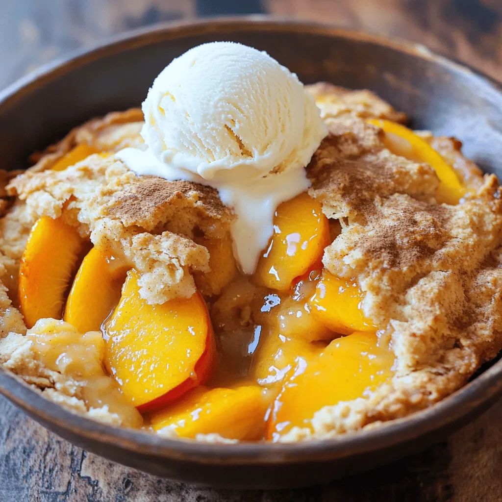 - 4 cups fresh peaches, sliced (or 2 cans of peaches, drained) - 1 cup granulated sugar (divided) - 1 teaspoon vanilla extract - 1 tablespoon lemon juice - 2 teaspoons ground cinnamon - 1 cup all-purpose flour - 1 teaspoon baking powder - ½ teaspoon salt - 1 cup milk - ½ cup butter, melted To make a great peach cobbler, you need fresh or canned peaches. Using fresh peaches gives a lovely taste. If you choose canned, drain them well. You also need granulated sugar. This sweetens the fruit and the batter. Ground cinnamon adds warmth and flavor. You will also use all-purpose flour. This forms the base of your batter. Baking powder helps it rise. Salt is key for flavor balance. Milk and melted butter create a rich, moist texture. - Vanilla extract - Lemon juice - Serving suggestions (e.g., vanilla ice cream) While you can make the cobbler without them, a teaspoon of vanilla extract boosts the flavor. A tablespoon of lemon juice adds brightness to the peach filling. For serving, a scoop of vanilla ice cream works wonders. The cold creaminess pairs perfectly with the warm cobbler. For the full recipe, check out the details above. 1. Preheat your oven to 350°F (175°C). This helps the cobbler cook evenly. 2. If you use fresh peaches, peel and slice them. Place the slices into a bowl. 3. Add ½ cup of sugar, vanilla extract, lemon juice, and 1 teaspoon of cinnamon to the peaches. Toss them together. Let them sit for about 10 minutes to release their juices. 4. In another bowl, mix the flour, remaining sugar (½ cup), baking powder, salt, and the last teaspoon of cinnamon. This is your dry mix. 5. Gradually add the milk and melted butter into the dry mix. Stir it gently until just combined. The batter should be a bit lumpy. Do not over mix. 6. Pour the batter evenly into a greased 9x13 inch baking dish. 7. Spoon the peach mixture evenly over the batter. Let the juices spread but do not stir. 8. Bake in the preheated oven for 45-50 minutes. The top should look golden brown and a toothpick should come out clean from the batter. Now, you have a warm and tasty peach cobbler ready to enjoy! For a full recipe, check the earlier sections. To get that golden brown top, bake your cobbler until it looks like sunshine. This usually takes about 45 to 50 minutes. Keep an eye on it. Every oven is different. You want it to be firm and not too jiggly. If it’s browning too fast, cover it lightly with foil. This helps cook the inside without burning the top. Mixing the batter is simple, but there are a few tricks. Start with your dry ingredients in one bowl. Then whisk them well. This includes flour, sugar, baking powder, salt, and cinnamon. In another bowl, combine the milk and melted butter. Pour the wet mix into the dry mix. Stir gently until just combined. You want it to be a bit lumpy. Over-mixing makes it tough, and nobody likes a tough cobbler! Serve your Easy Peach Cobbler warm for the best taste. It feels cozy on a chilly night. It’s great to let it cool for about 10 minutes before digging in. This helps the juices set a little. Top it off with a scoop of vanilla ice cream. The cold cream melts slightly on the warm cobbler, creating a delightful mix. You can also use whipped cream for a lighter touch. Drizzle some of the peach juice on top for added sweetness. This gives your dessert that extra wow factor. For the full recipe, check out the [Full Recipe]. {{image_2}} You can easily adjust this recipe for different diets. For a gluten-free option, swap all-purpose flour with a gluten-free blend. Many brands create blends that work well in most baked goods. You can also use almond flour, but it may alter the texture a bit. If you want a low-sugar version, use a sugar substitute like stevia or monk fruit. These sweeteners can replace granulated sugar with little change in taste. Just follow the package instructions for the right amounts. To make your peach cobbler even more exciting, try adding other fruits. Berries, like blueberries or raspberries, can mix well with peaches. Apples also add a nice crunch and sweetness. For spice lovers, consider adding nutmeg or allspice to the filling. These spices add warmth and depth to the flavor. Try one or mix a few for a unique twist. Feel free to get creative with your ingredients! Check the Full Recipe for all the details. To keep your peach cobbler fresh, start by letting it cool completely. Once cooled, cover it tightly with plastic wrap or aluminum foil. You can store it in the fridge for up to four days. If you want to save it for longer, freezing is a great option. Just make sure to wrap it well. You can use a freezer-safe container or a heavy-duty freezer bag. It will last for about three months in the freezer. When you are ready to enjoy your leftover peach cobbler, the best way to reheat it is in the oven. Preheat your oven to 350°F (175°C). Place the cobbler in an oven-safe dish and cover it with foil. Heat it for about 20 minutes or until it’s warm throughout. This method helps keep the topping nice and crisp. You can also use the microwave for quick heating. Just heat it for 30 seconds at a time until warm. However, the topping may get soft in the microwave. Easy Peach Cobbler lasts about 2 days at room temperature. You can keep it in the fridge for up to 5 days. Storing it in the fridge helps it stay fresh longer. Just cover it well to avoid drying out. Yes, you can use frozen peaches! They work well in this recipe. Just thaw them first and drain any extra liquid. This helps keep your cobbler from getting too soggy. Fresh peaches are great, but frozen ones save time and are still tasty. To make a vegan peach cobbler, swap the milk with almond or oat milk. Use coconut oil instead of butter. For the egg, you can use a flaxseed meal mixed with water. This keeps the texture nice and moist. Enjoy your vegan peach cobbler just as much as the classic version! Check the Full Recipe for more details. You learned how to make an easy peach cobbler with fresh or canned peaches. I shared simple steps for preparation and baking. You also gained tips for the perfect golden top and serving ideas. Remember, you can customize it with different fruits or dietary swaps. With these insights, you can enjoy a delicious dessert anytime. Now, get baking and share this delightful treat with loved ones!