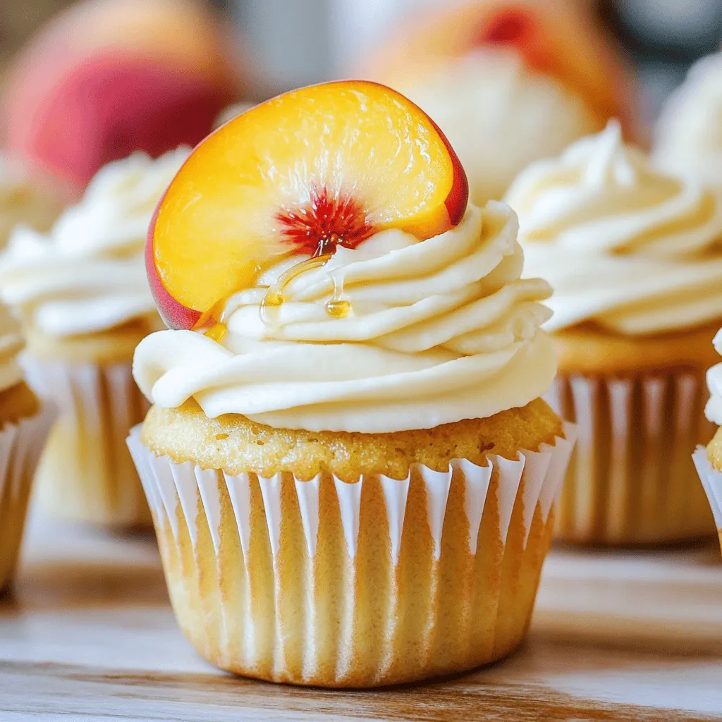 - 1 cup all-purpose flour - 1/2 teaspoon baking powder - 1/4 teaspoon baking soda - 1/4 teaspoon salt - 1/2 cup unsalted butter, softened - 1/2 cup granulated sugar - 1/4 cup honey - 2 large eggs - 1 teaspoon vanilla extract - 1/2 cup cream cheese, softened - 1 large ripe peach, peeled and diced - 1/4 teaspoon cinnamon - 1/4 cup powdered sugar for frosting When selecting peaches, look for ones that are soft but not mushy. They should have a sweet aroma. If you want to make sure they ripen well, store them at room temperature for a few days. You can also use frozen peaches if fresh ones are not available. Just make sure to thaw and drain them well before using. For those with dietary needs, you can substitute the all-purpose flour with gluten-free flour. If you want a vegan option, replace eggs with flax eggs and use plant-based cream cheese. Honey can be swapped with maple syrup for a vegan-friendly treat, too. Don’t forget to check the Full Recipe for detailed steps to bake these delightful cupcakes! 1. Preheat oven and prepare the muffin pan: Start by setting your oven to 350°F (175°C). Line a 12-cup muffin pan with cupcake liners. This makes for easy removal later. 2. Mixing wet and dry ingredients: In a medium bowl, whisk together the flour, baking powder, baking soda, and salt. Set this bowl aside. In a large bowl, cream together the softened butter, granulated sugar, and honey. Mix until the mixture is light and fluffy. Then, add the eggs one at a time. Don’t forget to add the vanilla extract and cream cheese, mixing until it is smooth. 3. Incorporating peaches and cinnamon: Gradually add the dry ingredients to the wet mixture. Mix until just combined. Now, gently fold in the diced peach and cinnamon. This step adds a lovely flavor and texture to your cupcakes. 1. Proper baking time and temperature: Divide the batter evenly among your cupcake liners. Fill each one about two-thirds full. Place the muffin pan in the preheated oven and bake for 18-20 minutes. 2. Toothpick test for doneness: To check if your cupcakes are done, insert a toothpick into the center. If it comes out clean, they are ready. If not, give them a few more minutes. 3. Cooling and frosting technique: After baking, let the cupcakes cool in the pan for 5 minutes. Then, transfer them to a wire rack to cool completely. For the frosting, beat the powdered sugar into the remaining cream cheese until smooth. Once the cupcakes cool, frost them generously. This step adds a creamy finish that pairs perfectly with the peaches. For the full recipe, please refer to the complete section above. Enjoy your baking adventure! To make perfect Honey Peach Cream Cheese Cupcakes, start with room-temperature ingredients. This step is key for a smooth batter. Cold butter or eggs can lead to lumps. Next, use the creaming technique. Beat the butter and sugar together until they are light and airy. This process adds air and helps the cupcakes rise well. Mix slowly when adding dry ingredients. Overmixing can make the cupcakes tough instead of soft. For a smooth frosting, ensure your cream cheese is soft. This helps it blend well with the sugar. Beat the powdered sugar into the cream cheese until it is creamy and smooth. If you want a lighter frosting, try mixing in a bit of whipped cream. This adds fluffiness without losing flavor. You can also switch up the frosting. Try a honey glaze or a peach buttercream for a fun twist. You can find the full recipe to create these delightful treats and impress your friends! {{image_2}} You can add fun twists to Honey Peach Cream Cheese Cupcakes. Try mixing in nuts or spices to make them special. For example, chopped pecans or walnuts add a nice crunch. You can also sprinkle in a bit of nutmeg or cardamom for extra warmth. If you want to explore other fruit options, berries work great too. Blueberries or raspberries can replace peaches for a berry delight. You can even mix different fruits for a fruity surprise. If you need gluten-free options, use a gluten-free flour blend. Many blends work well for cupcakes. Ensure the baking powder is gluten-free too. For vegan substitutions, swap eggs with flax eggs. Mix 1 tablespoon of ground flaxseed with 3 tablespoons of water and let it sit. Use a vegan cream cheese for the frosting. Coconut oil can replace butter for a dairy-free treat. These tweaks allow anyone to enjoy Honey Peach Cream Cheese Cupcakes. Check the Full Recipe to see how these variations fit in. To keep your Honey Peach Cream Cheese Cupcakes fresh, store them in an airtight container. You can place them at room temperature for up to two days. If you plan to keep them longer, refrigerate them. Make sure to separate frosted and unfrosted cupcakes. Frosted ones can dry out faster, so it's best to store them in the fridge. Always cover them with plastic wrap to keep moisture in. - Frosted cupcakes: Store in the fridge, covered. - Unfrosted cupcakes: Store at room temperature, in an airtight container. Freezing is a great way to enjoy these cupcakes later. First, freeze the unfrosted cupcakes. Place them on a baking sheet and put them in the freezer until firm, about an hour. Then, wrap each cupcake in plastic wrap and place them in a freezer bag. For the frosting, store it in a separate airtight container. It can also freeze well. - Thawing tips: When ready to eat, remove the cupcakes and frosting from the freezer. Let them thaw in the fridge overnight. This keeps them moist and tasty. Frost them right before serving for the best experience. Follow these steps, and your delicious Honey Peach Cream Cheese Cupcakes will stay fresh and delightful! For the full recipe, check the recipe section. How to make cupcakes moist? To make your cupcakes moist, use room temperature butter and eggs. Cream the butter and sugar well to add air. Also, avoid over-mixing the batter. This helps keep the moisture locked in. Can I use canned peaches instead of fresh? Yes, you can use canned peaches. Drain them well and chop them into small pieces. Fresh peaches have better flavor and texture, but canned peaches work in a pinch. What if I don’t have honey on hand? If you don’t have honey, you can use maple syrup or agave syrup as a substitute. These options add sweetness and a unique flavor to your cupcakes. How to adjust the recipe for more servings? To make more cupcakes, simply double or triple the ingredient amounts. This recipe makes 12, so adjust based on how many you want to serve. Tips for adapting for mini cupcakes For mini cupcakes, fill the liners only halfway. Bake them for about 12-15 minutes. Keep an eye on them to prevent over-baking. This blog post covered how to make delicious peach cupcakes. You learned about key ingredients, how to select ripe peaches, and even some substitutes. Step-by-step instructions guided you from preheating the oven to frosting your treats. I shared tips for getting the best texture and variations to try, like gluten-free and vegan options. Lastly, proper storage and freezing methods help keep your cupcakes fresh. Making peach cupcakes can be fun and easy. With these details, you can bake with confidence and impress everyone!