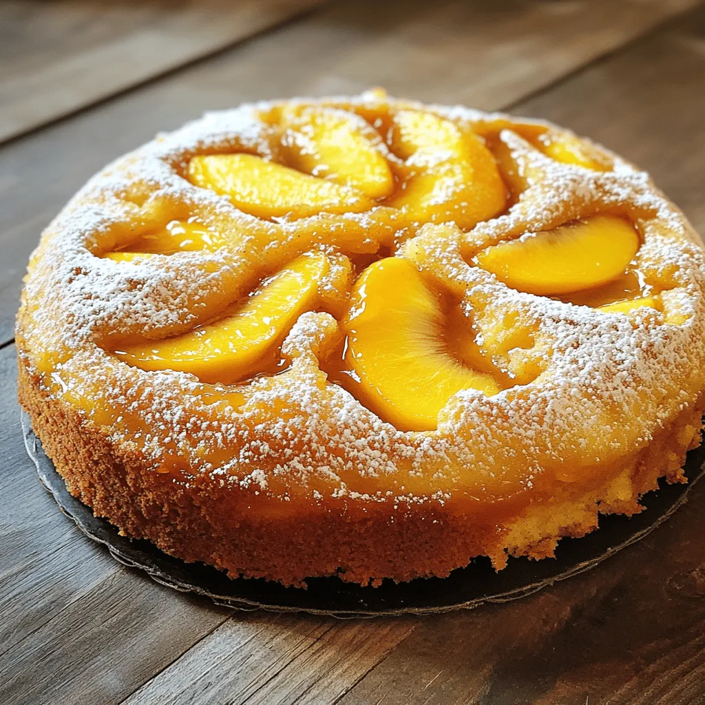 To make this delightful Peach Upside-Down Cake, gather these ingredients: - 4 ripe peaches, pitted and sliced - 1/2 cup unsalted butter, melted - 3/4 cup brown sugar - 1 teaspoon cinnamon - 1 1/2 cups all-purpose flour - 2 teaspoons baking powder - 1/2 teaspoon salt - 1 cup granulated sugar - 2 large eggs - 1 teaspoon vanilla extract - 1/2 cup whole milk These ingredients create a sweet and moist cake. The ripe peaches provide a juicy layer that makes each bite special. You will need a few tools to make this cake: - A 9-inch round cake pan - Mixing bowls - A whisk - A rubber spatula - Measuring cups and spoons - An oven Having these tools ready helps the baking process go smoothly. Each tool plays a key role in mixing and baking your cake. You can adjust some ingredients if needed: - Use margarine instead of butter for a dairy-free option. - Swap brown sugar with coconut sugar for a healthier choice. - You can use almond milk or oat milk instead of whole milk. - If you do not have peaches, try using pineapples or cherries. These substitutions allow you to customize the cake to your taste. Feel free to be creative while keeping the flavors balanced. If you want to follow the complete process, check the Full Recipe. Start by preheating your oven to 350°F (175°C). This step is key for even baking. Next, grab a 9-inch round cake pan. Lightly grease it with butter to prevent sticking. In a small bowl, mix the melted butter, brown sugar, and cinnamon until smooth. This mixture will add great flavor. Pour it into the bottom of your prepared pan. Now, take your peaches, pit them, and slice them. Arrange these slices on top of the sugar butter mix. Aim for an even layer, as it looks nice. In a separate bowl, whisk together the flour, baking powder, and salt. This dry mix is important for the cake's rise. In another mixing bowl, cream the granulated sugar with the remaining melted butter until it’s light and fluffy. This process adds air to your batter. Add eggs one at a time, mixing well after each addition. Next, stir in the vanilla extract for that lovely flavor. Now, gently mix the dry flour mixture into the wet mixture. Alternate it with the milk, starting and ending with the flour mix. This helps to keep the batter light. Once it’s just combined, pour the batter over the peaches in the pan. Spread it evenly to ensure a nice cake. Bake your cake in the preheated oven for 35-40 minutes. Check if it’s done by inserting a toothpick in the center. If it comes out clean, your cake is ready! Allow it to cool in the pan for about 10 minutes. This step makes it easier to flip. Then, carefully invert the cake onto a serving plate. This way, the peaches sit on top, creating a beautiful presentation. If you want to serve it warm, dust the top with powdered sugar. A scoop of vanilla ice cream pairs perfectly with this cake! For the Full Recipe, refer back to the earlier sections. To make your Peach Upside-Down Cake shine, pick ripe peaches. Look for peaches that feel soft when you gently squeeze them. Their skin should have a warm, golden hue. Also, the scent should remind you of summer. If they are firm and hard, they may not be sweet enough. Remember, ripe peaches will bring the best flavor to your cake. Baking can be tricky, but I have tips to help you succeed. First, don’t skip greasing the pan. This step prevents sticking and helps the cake flip out smoothly. Second, measure your ingredients carefully. Too much flour can make your cake dense. Also, remember to mix just until combined. Over-mixing can lead to tough cake. Lastly, check your oven temperature. An oven that runs too hot or too cold can ruin your cake. For the best dessert, serve your cake warm. A scoop of vanilla ice cream pairs perfectly with the peaches. You can also dust the top with powdered sugar for a pretty touch. If you're feeling fancy, add fresh mint leaves or a drizzle of caramel sauce. These extras make your dessert look stunning and taste even better. Enjoy each bite! If you want to try this tasty treat, check out the Full Recipe for more details. {{image_2}} You can switch out peaches for other fruits. Pineapples are a classic choice. They add a sweet and tangy twist. Apples work well too; just slice them thin. Berries like blueberries or strawberries also shine. Mix different fruits for a fun look and taste! Want to spice it up? Try adding nutmeg or ginger for warmth. You can also add lemon zest for freshness. Chopped nuts like pecans or walnuts can add crunch. If you love chocolate, fold in some mini chocolate chips. Each add-in can turn this cake into a unique treat! You can make this cake gluten-free easily. Substitute all-purpose flour with almond or coconut flour. For a dairy-free option, use coconut milk instead of whole milk. Swap butter for coconut oil or a dairy-free spread. These changes keep the cake tasty while fitting your diet! For the complete recipe, check out the Full Recipe. To keep your cake fresh, let it cool completely. Then, cover it with plastic wrap or aluminum foil. You can also place it in an airtight container. Store it in the fridge for up to five days. This helps keep the peach slices juicy and the cake moist. If you want to freeze the cake, slice it first. Wrap each piece in plastic wrap, then place them in a freezer bag. Make sure to remove as much air as possible. You can freeze the cake for up to three months. When ready to eat, let it thaw in the fridge overnight. To reheat, place a slice on a microwave-safe plate. Heat it in the microwave for about 15-20 seconds. This warms the cake without drying it out. For a crispy top, place it in a preheated oven at 350°F (175°C) for 10 minutes. Serve warm for the best taste! You can find the Full Recipe for Peachy Dreams Upside-Down Cake above. You can tell the cake is done by using a toothpick. Insert it into the center of the cake. If it comes out clean, the cake is ready. Bake it for about 35 to 40 minutes. The top should be golden brown, and the edges will pull away slightly from the pan. Yes, you can use canned peaches if fresh ones are not available. Drain the peaches well before using them. Canned peaches may add extra moisture, so watch the baking time. You want to avoid a soggy cake. You can serve this cake with a scoop of vanilla ice cream. Whipped cream also adds a nice touch. Fresh mint leaves can bring brightness to the dish. You can even drizzle some caramel sauce for extra sweetness. Yes, you can make this cake a day ahead. Just store it covered at room temperature. This will allow the flavors to meld together. Reheat it in the oven for a few minutes before serving for the best taste. You can find the Full Recipe in the earlier sections of this article. It includes all the ingredients and steps needed to make this delicious cake. Enjoy the process and the delightful results! In this blog post, we explored making a Peach Upside-Down Cake. We covered the right ingredients, tools, and ways to substitute. You learned each step for prep, baking, and flipping the cake. I shared tips on picking peaches and avoiding common mistakes. We also discussed tasty variations and how to store your cake for longer freshness. Finally, you found answers to popular questions. With this knowledge, you can make a delightful dessert that impresses everyone. Happy baking!