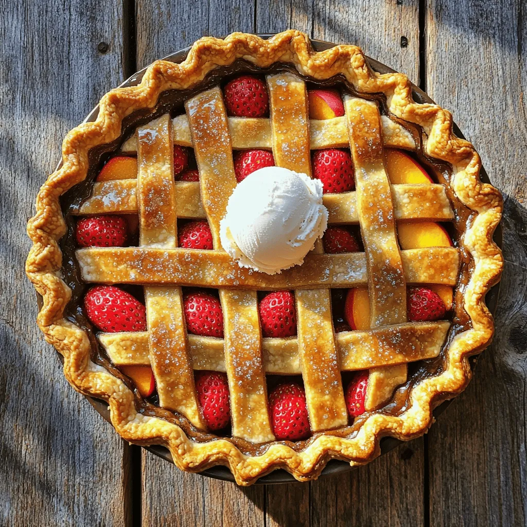To make a Brown Butter Strawberry Peach Pie, gather these simple ingredients: - 1 ½ cups all-purpose flour - ½ cup unsalted butter (1 stick), browned - ½ cup granulated sugar - 1 teaspoon salt - 1/4 cup ice water - 2 cups fresh strawberries, hulled and sliced - 2 cups fresh peaches, peeled and sliced - 1 tablespoon lemon juice - ½ cup brown sugar - 1 tablespoon cornstarch - 1 teaspoon vanilla extract - 1 egg (for egg wash) - 1 tablespoon coarse sugar (for topping) Choosing fresh fruit is key for a great pie. Look for strawberries that are bright red and firm. Avoid any that are mushy or have dark spots. For peaches, select ones that feel slightly soft. They should also have a sweet smell. Always wash your fruit before using it. This helps remove any dirt or chemicals. If you have dietary needs, you can modify this pie. For a gluten-free option, use a gluten-free flour blend instead of all-purpose flour. You can also swap the butter for a vegan butter substitute to make it dairy-free. This way, everyone can enjoy this delicious pie! Start by making your pie crust. In a bowl, mix 1 ½ cups of flour, ½ cup of sugar, and 1 teaspoon of salt. Next, add the browned butter. This butter gives the crust a nutty flavor. Stir until it looks like coarse crumbs. Gradually add 1/4 cup of ice water. Mix until the dough forms a ball. Shape it into a disc, wrap it in plastic, and put it in the fridge for at least 30 minutes. Chilling helps the dough stay flaky. While the dough chills, prepare the filling. In a separate bowl, combine 2 cups of sliced strawberries and 2 cups of sliced peaches. Add 1 tablespoon of lemon juice to brighten the flavors. Then, mix in ½ cup of brown sugar, 1 tablespoon of cornstarch, and 1 teaspoon of vanilla extract. This mixture will create a sweet and juicy filling. Let it sit for a bit. This allows the flavors to mix well. Once the dough is chilled, preheat your oven to 425°F (220°C). On a floured surface, roll out the dough to fit your 9-inch pie pan. Place the rolled dough in the pan and trim any extra. Pour the strawberry and peach filling into the crust, spreading it evenly. For a beautiful top, roll out more dough and cut it into strips. Weave these strips over the filling to make a lattice top. Crimp the edges with your fingers or a fork to seal. Brush the top with a beaten egg and sprinkle coarse sugar for a sweet crunch. Bake for 30-35 minutes until the crust is golden and the filling bubbles. Let it cool for an hour before slicing. This helps the filling set nicely. Enjoy your delicious pie! For the complete recipe, refer to the Full Recipe. To make brown butter, start by melting unsalted butter in a pan over medium heat. Keep stirring it. Soon, you'll see it change color. The butter will turn a golden brown and give off a nutty aroma. This step is key to adding depth and richness to your pie. Be careful not to burn it. Once it’s ready, let it cool slightly before using it in your dough. This enhances the taste of the crust and adds a lovely flavor to the filling. A flaky pie crust needs cold ingredients. Start with chilled butter and cold water. When you mix the butter into the flour, do it gently. You want small lumps of butter to remain. These lumps create steam when baking, which leads to flakiness. After mixing, wrap the dough and chill it for at least 30 minutes. This rest time allows the gluten to relax, making it easier to roll out. Preheat your oven to 425°F (220°C). This high heat helps the crust become golden and crisp. Bake the pie for 30-35 minutes. Watch for the crust to turn golden brown and the filling to bubble up. If the edges brown too quickly, cover them with foil. Let the pie cool for about an hour before slicing. This cooling period helps the filling set and makes serving easier. For the best taste, serve warm with vanilla ice cream or whipped cream. For the full recipe, check out the Brown Butter Strawberry Peach Pie. {{image_2}} You can mix up the filling in your Brown Butter Strawberry Peach Pie. While strawberries and peaches shine brightly, other fruits can add a twist. Try using blueberries or raspberries for a new flavor. These berries bring a tartness that balances the sweetness. You can even create a mix. Just keep the same amount of fruit to maintain the pie's structure. Sweetness is key in any pie. You can adjust the sugar based on your taste. If you like it less sweet, cut back on the brown sugar and granulated sugar. Adding a bit more lemon juice can also balance the flavors. Taste the filling before baking. This way, you can find the perfect sweetness for you and your guests. If you want a different texture, try a crumble topping. Instead of weaving a lattice crust, combine flour, brown sugar, oats, and butter to make a crumble. Sprinkle it over the filling before baking. This gives a crunchy contrast to the soft fruit. It also saves time if you’re in a hurry. Just remember, the baking time may vary, so keep an eye on it! For the full recipe, check out the link above! To keep your Brown Butter Strawberry Peach Pie fresh, store it in a cool place. Once the pie is fully cooled, cover it with plastic wrap or aluminum foil. This protects it from drying out and keeps the flavors intact. If you have a pie dish with a lid, that works great too. Always let the pie cool completely before covering it. This will prevent condensation that can make the crust soggy. In the fridge, your pie will last for about 3 to 4 days. Make sure it's well covered to maintain freshness. If you want to keep it longer, you can freeze it. When properly wrapped, the pie can last for up to 3 months in the freezer. Just remember to let it cool completely before freezing. If you plan to freeze it, I recommend slicing the pie first for easy serving later. To reheat your pie, preheat your oven to 350°F (175°C). Place the pie on a baking sheet to catch any drips. Heat it for about 15 to 20 minutes. This warms the filling and makes the crust crispy again. If you want to warm individual slices, you can use the microwave. Heat each slice for about 30 seconds or until warm. Enjoy it with ice cream for a delightful treat! To cut a pie cleanly, use a sharp knife. Dip the knife in hot water before each slice. This helps the knife glide through the crust and filling. Wipe the knife with a cloth after each cut. This keeps the slices neat and tidy. Always start from the center and work your way out. Yes, you can prepare the pie ahead of time! You can make the crust and filling a day before. Just store the crust wrapped in plastic in the fridge. Keep the filling in a sealed container. When you're ready, assemble the pie and bake it. This saves time and lets the flavors blend well. If your pie crust is soggy, try blind baking it. Blind baking means pre-baking the crust before adding the filling. This helps set the crust and keeps it crisp. If the crust is already baked, you can spoon off any excess liquid from the filling. This will help the crust stay crunchy when you serve it. This blog post covered everything you need for a perfect Brown Butter Strawberry Peach Pie. You learned how to choose fresh fruits, make a flavorful filling, and craft an ideal crust. My tips will help you achieve that rich brown butter flavor and flaky texture. You can even explore variations with different fruits or toppings. Remember to store leftovers properly to enjoy your pie later. With these steps, you’ll impress everyone with your pie-making skills. Happy baking, and enjoy every slice!