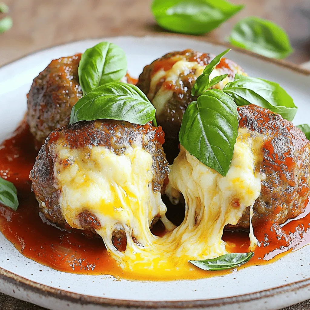 - 1 pound ground beef - 1/2 pound ground pork (option for ground turkey) - 1 cup breadcrumbs - 8 ounces mozzarella cheese, cut into small cubes - 1/4 cup grated Parmesan cheese - 2 cloves garlic, minced - 1 teaspoon dried oregano - 1 teaspoon dried basil - Salt and pepper to taste - 1/2 cup marinara sauce (plus extra for serving) - 1 large egg - Fresh basil leaves for garnish When making stuffed meatballs, quality ingredients matter. I love using a mix of ground beef and pork for flavor and texture. You can swap the pork with ground turkey for a leaner option. The breadcrumbs help bind the meat and give it a nice texture. Mozzarella cheese is the star of this dish. I cut it into small cubes so it melts perfectly inside each meatball. This cheese creates that gooey, cheesy center that everyone loves. Adding Parmesan cheese boosts the flavor. Minced garlic gives a lovely aroma. Oregano and basil add a nice Italian touch. Always season with salt and pepper to make the flavors pop. For serving, I use marinara sauce. It adds moisture and enhances the flavor. Don't forget the fresh basil leaves for garnish; they add color and freshness. You can find the full recipe here to get started on this delicious dish! - Preheat the oven to 400°F (200°C). - Prepare a baking sheet lined with parchment paper. To make the meat mixture, combine these ingredients in a large bowl: - 1 pound ground beef - 1/2 pound ground pork - 1 cup breadcrumbs - 1/4 cup grated Parmesan cheese - 2 cloves garlic, minced - 1 teaspoon dried oregano - 1 teaspoon dried basil - Salt and pepper to taste - 1 large egg Mix them well with your hands. The mixture should feel sticky but hold together. This helps the meatballs stay moist. Now comes the fun part! Shape the meatballs around mozzarella cubes. - Take about a tablespoon of the meat mixture. - Flatten it in your palm. - Place a cube of mozzarella in the center. - Fold the meat around the cheese, forming a ball. Place the meatballs on the prepared baking sheet. Bake them for 20 to 25 minutes. They should be browned and cooked through. Check for doneness by cutting one open. The inside should no longer be pink. Heat your marinara sauce in a saucepan over medium heat. Once the meatballs finish baking, add them to the sauce. Let them simmer for 5 to 10 minutes. This helps the meatballs soak up the sauce's rich flavor. When serving, plate the meatballs with marinara sauce on top. Garnish with fresh basil leaves for a touch of color. This dish looks great and tastes even better. For the full recipe, check the details above! To make the best stuffed meatballs, you need the right mix. Start with a blend of ground beef and ground pork. This mix gives great flavor and texture. Use one egg to hold everything together. If your meatballs feel too wet, add more breadcrumbs. If they feel too dry, add a splash of water or milk. This balance keeps them juicy. To avoid dry meatballs, do not overcook them. Bake just until they are brown and firm. Let them simmer in sauce after baking to soak up extra moisture. The marinara sauce adds flavor and keeps them tender. These meatballs shine when paired with pasta. Serve them over spaghetti or penne for a classic meal. You can also serve them as tasty appetizers. Just place toothpicks in them for easy eating. For side dishes, consider garlic bread or a fresh salad. A crisp Caesar salad complements the meatballs well. You can’t go wrong with a side of roasted veggies, either. Feel free to customize your meatballs with spices. Try adding crushed red pepper for heat or smoked paprika for depth. You can also mix in chopped fresh herbs like parsley or thyme for extra flavor. If you want different cheese, swap out the mozzarella. Try provolone or fontina for a unique taste. For a dairy-free option, look for vegan cheese that melts well. This way, everyone can enjoy your stuffed meatballs. For the full recipe, check out the Cheesy Stuffed Meatballs. {{image_2}} You can switch up the meat in your stuffed meatballs. Ground turkey or chicken works great. These options are leaner and still tasty. You can also try a mix of different meats for a unique flavor. For a vegetarian twist, use plant-based meat. It mimics the texture and taste of meat well. This way, everyone can enjoy these delicious meatballs! While mozzarella is classic, you can experiment with other cheeses. Try provolone, gouda, or even cheddar for a different taste. Each cheese adds its own flavor and creaminess. If you want a dairy-free option, there are vegan cheeses available. Look for those made from nuts or soy. They melt nicely and can replace mozzarella in the recipe. The sauce you use can change the whole dish. While marinara is a favorite, consider using Alfredo for a creamy touch. Pesto also adds a fresh taste and vibrant color. If you like heat, try spicy marinara. You can add red pepper flakes to your sauce for extra kick. Each sauce brings new life to the stuffed meatballs, making every meal special. To keep your stuffed meatballs fresh, store any leftovers in an airtight container. Place them in the fridge right away. They will stay good for up to three days. Always check for any signs of spoilage before eating. You can freeze both unbaked and baked meatballs. For unbaked ones, place them on a baking sheet and freeze until firm. Then, transfer them to a freezer bag. Baked meatballs should cool completely before freezing. They will last for up to three months. To reheat, thaw in the fridge overnight. Then, bake at 350°F (175°C) until hot. Stuffed meatballs fit perfectly in any meal plan. You can add them to pasta dishes or serve them on a sub for a tasty sandwich. They also work great in soups or stews. Try using them in a meatball salad for a fun twist. These ideas make meal prep easy and fun! For the [Full Recipe], check the earlier section. Bake the stuffed meatballs for 20 to 25 minutes at 400°F (200°C). Check for a golden brown color. The meat should also be firm to the touch. This time ensures they cook through and stay juicy. Yes, you can make these meatballs ahead. Prepare them and store them in the fridge for up to one day. You can also freeze them for up to three months. Just remember to thaw them before baking. If you need a substitute for breadcrumbs, try crushed crackers or oats. You can also use almond flour for a gluten-free option. These will still help hold the meatballs together while adding flavor. Check the meatballs with a meat thermometer. The internal temperature should reach 160°F (70°C). You can also cut one open to see if the meat is no longer pink. Juices should run clear. Absolutely! You can use Alfredo, pesto, or even a spicy sauce. Each sauce adds its own unique flavor to the meatballs. Feel free to experiment and find your favorite pairing. For the full recipe, be sure to check the details above. This article covered how to make delicious stuffed meatballs. You learned about key ingredients like ground meats, cheese, and seasonings. I shared step-by-step instructions for mixing, baking, and serving them. I also included tips to make perfect meatballs and offered creative variations. In closing, these meatballs can be fun and easy to make. You can customize them to your taste. Enjoy experimenting with different flavors and serving ideas!