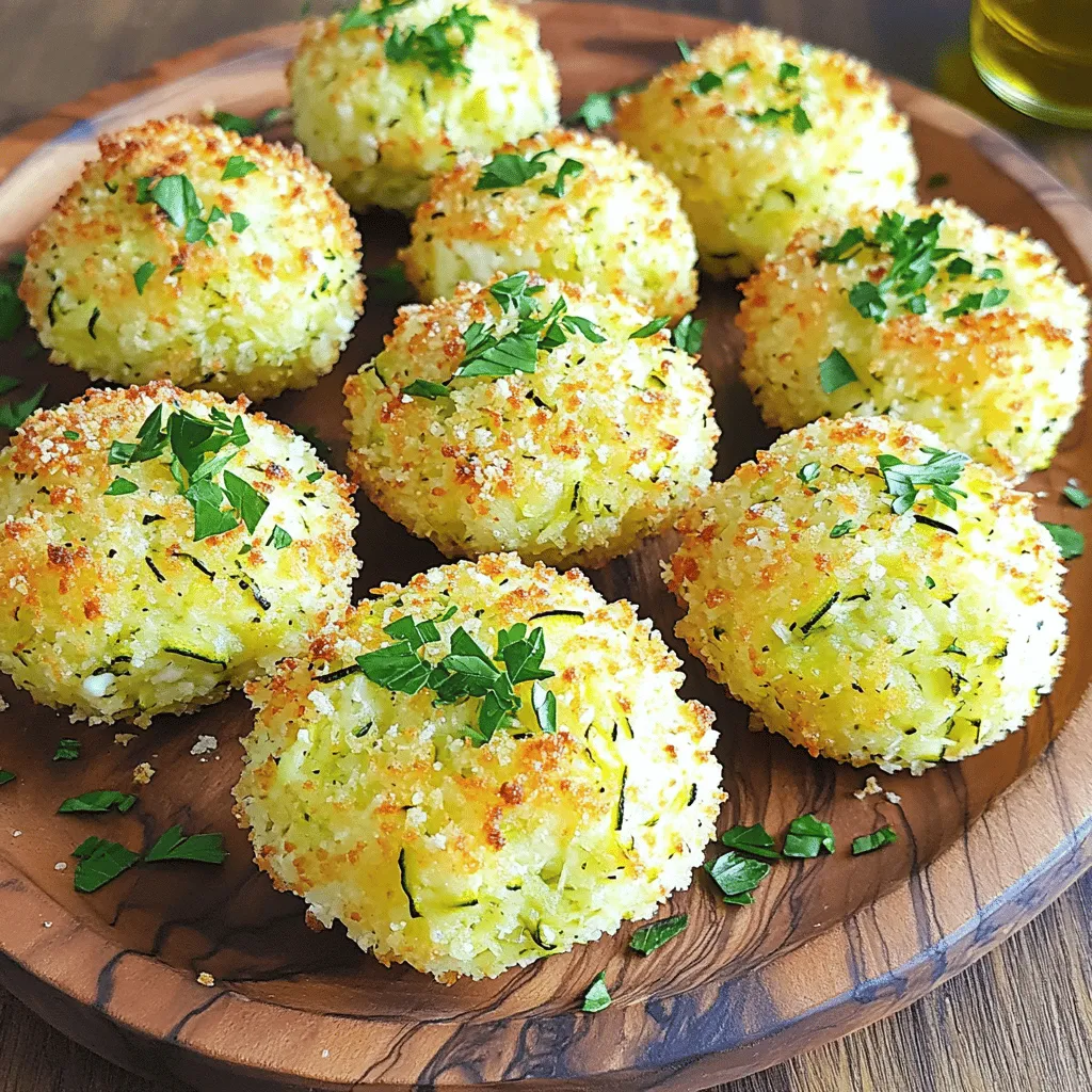 - 2 medium zucchinis, grated - 1 cup breadcrumbs (panko recommended for extra crunch) - 1/2 cup grated Parmesan cheese - 2 cloves garlic, minced - 2 large eggs, beaten - 1/4 cup fresh parsley, chopped - 1/2 teaspoon onion powder - 1/2 teaspoon baking powder - Salt and pepper to taste - Olive oil spray (for cooking) When making zucchini garlic bites, using fresh ingredients is key. Zucchini brings moisture and a mild flavor. Breadcrumbs, especially panko, give a great crunch. Parmesan cheese adds a salty, rich touch. Garlic gives it a kick that everyone loves. Eggs bind everything together, while parsley adds freshness. Onion powder enhances the taste without being too strong. Baking powder helps the bites rise and stay fluffy. Finally, salt and pepper round out the flavors. For the best results, choose firm zucchinis. Look for ones with smooth skin. Fresh herbs like parsley add vibrant color and taste. Keep your ingredients ready before starting. This makes the process smoother and more fun. You can find the full recipe later in this article. Enjoy crafting these bites! 1. Preheat your oven to 400°F (200°C). Line a baking sheet with parchment paper. This step helps keep the bites from sticking. 2. Grate the zucchinis using a box grater. Place the grated zucchini in a bowl. Add a pinch of salt and let it sit for 10 minutes. This draws out moisture, making your bites crispier. 3. After 10 minutes, grab a clean kitchen towel. Squeeze the zucchini to remove as much water as you can. This is key for crunch. 4. In the same bowl, add the breadcrumbs, Parmesan cheese, minced garlic, beaten eggs, parsley, onion powder, baking powder, salt, and pepper. Mix everything until it’s well combined. You want a nice, sticky mixture that holds together. 5. Now, use your hands to form small patties. Each should be about 2 inches wide. Place them on the prepared baking sheet, leaving space between each one. 1. Bake the bites in the oven for 20 to 25 minutes. Keep an eye on them. You want them to be golden brown and crispy. 2. To achieve that perfect golden brown, you can lightly spray the tops with olive oil spray before baking. This helps them crisp up nicely. Following these steps will lead you to delicious Zucchini Garlic Bites! For the complete recipe, check the [Full Recipe]. To make your zucchini garlic bites truly crisp, start by squeezing out extra moisture. After grating the zucchini, sprinkle it with salt and let it sit for about 10 minutes. This step helps pull out water. Then, use a clean kitchen towel or cheesecloth to wring out as much liquid as you can. This will make your bites crunchier. For the best baking results, set your oven to 400°F (200°C). Bake the bites for 20 to 25 minutes. Watch them closely. You want them golden brown and crispy on the outside, not burnt. Mixing the right ingredients ensures great flavor. Combine grated zucchini, breadcrumbs, Parmesan cheese, garlic, eggs, parsley, onion powder, baking powder, salt, and pepper. Stir until everything blends well. This mix creates a tasty bite that everyone will love. Your zucchini garlic bites pair well with dips and sauces. Try serving them with yogurt dip or marinara sauce. The tangy flavors will enhance the bites. For creative plating, arrange the bites on a colorful platter. Drizzle with extra virgin olive oil and sprinkle fresh parsley on top. This adds a nice touch. You can also serve them with a side salad for a complete meal. For the full recipe, check out the link above. {{image_2}} You can easily switch up the cheese in zucchini garlic bites. Try mozzarella for a melty texture or feta for a tangy kick. Each cheese brings a unique taste. You can also add spices to change the flavor. Consider paprika for smokiness or Italian herbs for a fresh twist. Experimenting with spices can lead to fun surprises. To make these bites gluten-free, swap breadcrumbs with almond flour or gluten-free panko. This keeps the texture while catering to dietary needs. If you want vegetarian or vegan options, use flaxseed meal mixed with water instead of eggs. This change binds the ingredients well. You can also use nutritional yeast for a cheesy flavor without dairy. These substitutions let everyone enjoy this delicious treat. To store your leftover Zucchini Garlic Bites, first let them cool completely. Then, place them in an airtight container. A good tip is to layer them with parchment paper to keep them from sticking. Store them in the fridge for up to three days. This way, you can enjoy a tasty snack later without losing flavor. When you're ready to eat your leftover bites, the best way to reheat them is in the oven. Preheat your oven to 350°F (175°C). Place the bites on a baking sheet and heat for about 10-15 minutes. This method keeps them crisp. If you're short on time, you can use a microwave, but this may make them a bit soggy. To keep the taste and texture, oven reheating is best. For a quick fix, you can also pan-fry them briefly in a little olive oil until warm. Enjoy your bites just like fresh from the oven! To make zucchini bites crispy, squeeze out as much moisture as you can. After grating the zucchini, let it sit with salt for ten minutes. This draws out water. Then, use a towel to press the zucchini. Also, use panko breadcrumbs instead of regular ones for extra crunch. A light spray of olive oil on top before baking helps too. Yes, you can freeze zucchini garlic bites. After baking, let them cool completely. Place them in a single layer on a baking sheet and freeze for one hour. Then, transfer them to a freezer bag. They will keep for up to three months. When ready to eat, bake them directly from the freezer. You can mix in different ingredients to change the flavor. Try adding shredded cheese like mozzarella or cheddar for a cheesy twist. You can also add chopped sun-dried tomatoes or olives for a Mediterranean touch. Fresh herbs like basil or dill can brighten the taste too. Zucchini bites are done when they are golden brown on the outside. You can test by inserting a toothpick into the center. If it comes out clean, they are ready. The cooking time is usually about 20 to 25 minutes at 400°F (200°C). Enjoy them warm for the best flavor. For the full recipe, check out the Zucchini Garlic Bites section above. In this post, I shared a simple recipe for zucchini garlic bites. We covered essential ingredients, prep steps, and cooking tips to make them perfect. I also included variations for dietary needs and how to store leftovers. When made right, these bites are not just tasty but healthy too. Enjoy experimenting with flavors and dipping sauces. With practice, you'll master this dish and impress everyone with your cooking skills. Happy baking!