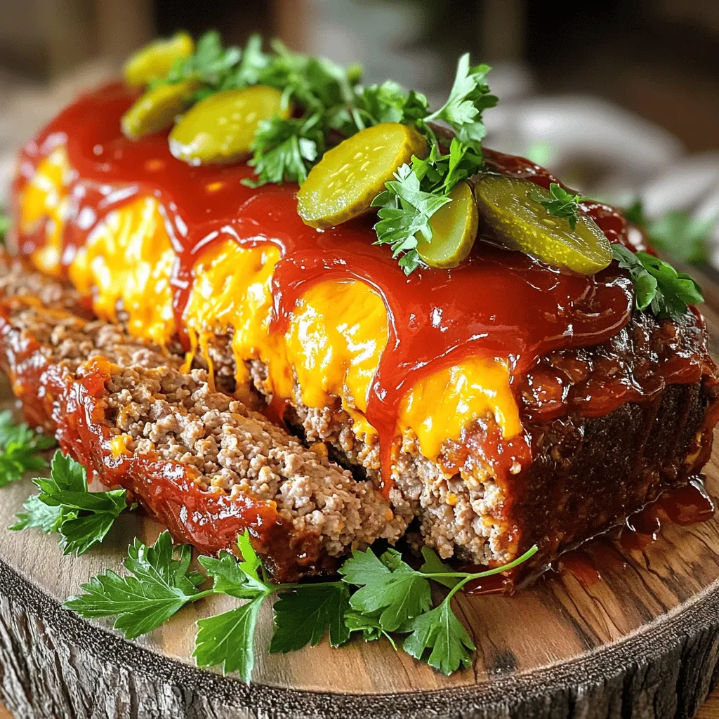 - 1 ½ pounds ground beef - 1 cup shredded cheddar cheese - ½ cup breadcrumbs - ½ cup finely chopped onion - ½ cup ketchup (plus 2 tablespoons for topping) - 2 large eggs - 1 tablespoon Worcestershire sauce - 1 teaspoon garlic powder - 1 teaspoon onion powder - ½ teaspoon smoked paprika - Salt and pepper to taste - ½ cup pickles, chopped (optional for garnish) - Fresh parsley, chopped (for garnish) To create a delicious cheeseburger meatloaf, you need quality ingredients. I recommend using fresh ground beef. This beef gives the meatloaf its hearty flavor. Shredded cheddar cheese adds a creamy and rich taste. Breadcrumbs help bind the meat and add texture. Onions bring sweetness and depth. Ketchup provides moisture and a tangy finish. The eggs act as a binder. Worcestershire sauce enhances the umami flavor. Garlic powder and onion powder add aromatic depth. Smoked paprika gives a subtle smokey flavor. Don’t forget salt and pepper to season. For garnish, consider adding chopped pickles and fresh parsley. These add color and a fresh taste. Once you have these ingredients, you are ready to make your meal. If you want more details, check the Full Recipe for step-by-step guidance. - Preheat the oven to 350°F (175°C). - In a large mixing bowl, combine the ground beef, shredded cheddar cheese, breadcrumbs, chopped onion, and ketchup. Mixing these ingredients well creates a tasty base. I like to dig in with my hands to ensure everything blends nicely. The cheese adds creaminess, while the onion gives flavor. - Shape the mixture in the loaf pan. - Spread ketchup on top for glaze. - Bake and check internal temperature. After shaping the meatloaf, the ketchup glaze gives it a rich, sweet touch. Bake it for about 1 hour. You will want to check the internal temperature. For safety, it should reach 160°F (70°C). - Importance of resting time before slicing. - Tips for slicing effectively. Let the meatloaf rest for 10 minutes before slicing. This helps keep all the juices inside, making each slice moist. Use a sharp knife for clean cuts. This way, you keep the shape and get beautiful slices. Enjoy your Cheeseburger Meatloaf! For the full recipe, check the recipe section above. To make your cheeseburger meatloaf shine, add some fun spices. Try a dash of onion powder or a sprinkle of smoked paprika. These spices give the meatloaf a rich taste. You can also add a bit of ketchup for extra sweetness. Mixing well is key. This ensures the flavors spread throughout the meatloaf. Don’t skip this step! Moisture is vital for a tasty meatloaf. To keep it juicy, use a good meat-to-filler ratio. I recommend using 1 ½ pounds of ground beef with ½ cup of breadcrumbs. This balance keeps the meatloaf from being too dry. Adding eggs helps too. They act as a binder and hold moisture. Serve your meatloaf with classic sides. Mashed potatoes pair well and soak up the flavors. Steamed vegetables add color and nutrition to your plate. For a nice touch, drizzle leftover ketchup over the slices. Garnish with chopped pickles and parsley for a fresh look. The presentation makes the meal even more inviting. For the full details, check the Full Recipe. {{image_2}} You can use many types of cheese in this meatloaf. Cheddar shines, but mozzarella adds a mild touch. For a sharp flavor, try Swiss or pepper jack. For a twist, mix cheeses for depth. If you prefer a plant-based option, vegan cheeses work well too. Just ensure they melt nicely. Ground turkey is a lean option for this dish. You can substitute it directly for beef. If you choose plant-based meat, adjust cooking time. Plant-based options often cook faster, so keep an eye on the internal temperature. Aim for 165°F to ensure safety. Adding vegetables can boost nutrition and flavor. Chopped bell peppers or mushrooms blend well. You can also toss in spinach for extra greens. For seasonings, consider adding Italian herbs or a dash of hot sauce. This adds layers of flavor without much effort. To store leftover meatloaf, let it cool first. Wrap it tightly in plastic wrap. You can also use an airtight container. This keeps the meatloaf fresh. Make sure to eat it within three to four days. To freeze portions, slice the meatloaf first. Wrap each slice in plastic wrap. Then, place the slices in a freezer bag. Make sure to remove as much air as possible. When ready to eat, thaw it in the fridge overnight. Reheat in the oven or microwave until hot. In the fridge, the meatloaf stays fresh for about three to four days. Look for changes in color or smell. If it feels slimy, it's time to discard it. Enjoy your Cheeseburger Meatloaf knowing you can save some for later! For the full recipe, check the earlier section. Yes, you can make Cheeseburger Meatloaf ahead of time. To prep, mix all your ingredients as per the Full Recipe. Shape the meatloaf and place it in the loaf pan. Cover it with plastic wrap and store it in the fridge. It can sit for up to 24 hours. When you're ready, just pop it in the oven. This saves time and gets dinner on the table faster. Cheeseburger Meatloaf goes well with many sides. Here are some great options: - Mashed potatoes - Steamed broccoli - Roasted carrots - Green salad - Macaroni and cheese These pairings enhance the meal and add color to your plate. To check if your meatloaf is done, use a meat thermometer. Insert it into the center of the loaf. The internal temperature must reach 160°F (70°C) for safety. If you don’t have a thermometer, check that the juices run clear when you cut into it. Yes, you can use ground chicken. It will change the flavor and texture a bit. To keep it moist, add a little more ketchup or some extra breadcrumbs. The cooking time may be similar, but always check the meat’s internal temperature. Aim for 165°F (74°C) for chicken. You learned how to make a tasty Cheeseburger Meatloaf with simple steps. We covered ingredients, equipment, and baking tips. Explore flavor variations and storage methods to customize your dish. Meatloaf is versatile, making it great for any meal. Enjoy trying different sides and add-ins. With these tips, you'll create a dish that pleases everyone. Now, it’s time to gather your ingredients and start cooking!