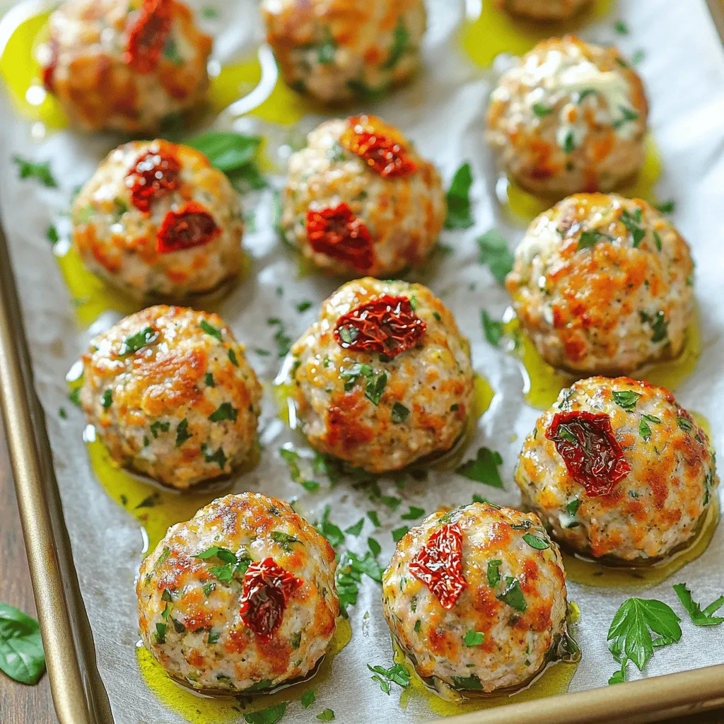 - Ground turkey and its benefits Ground turkey is a lean meat. It has less fat than beef or pork. This makes it a great choice for health. It is rich in protein, which helps build muscles and keeps you full. You can find ground turkey in local stores. - Greek spices and herbs for flavor To give these meatballs a Greek twist, use spices like oregano and basil. These herbs add a lovely aroma and taste. They are also good for digestion. Fresh parsley brightens the dish and adds color. - Additional ingredients for texture and taste The recipe includes breadcrumbs for texture. Whole wheat or gluten-free breadcrumbs work well. Grated Parmesan cheese adds a nice salty flavor. Sun-dried tomatoes give a sweet touch and extra moisture. Onions and garlic add depth and richness to the meatballs. - Caloric content per serving Each serving has about 250 calories. This makes them a healthy option for any meal. - Macronutrient breakdown (protein, carbs, fats) You get about 25 grams of protein per serving. There are around 15 grams of carbs and 10 grams of fat. This balance helps fuel your day while keeping you satisfied. - Health benefits of included ingredients Ground turkey provides lean protein. Herbs like oregano and basil have antioxidants. Sun-dried tomatoes are rich in vitamins. These ingredients work together to make a tasty and healthy meal. For the full recipe, check out the Mediterranean Delight Turkey Meatballs. 1. Preheat your oven to 375°F (190°C). This step is key for even cooking. 2. Line a baking sheet with parchment paper. You can also grease it lightly with olive oil. This prevents the meatballs from sticking. 3. In a large bowl, combine the ground turkey, breadcrumbs, and grated Parmesan cheese. Mix until blended well. 4. Add the finely chopped onion, minced garlic, diced sun-dried tomatoes, and chopped parsley. Sprinkle in the dried oregano, dried basil, salt, and black pepper. 5. Crack the egg into the bowl. Use your hands or a spoon to mix everything. Be careful not to over-mix, as this can make the meatballs tough. 1. Now, form the mixture into small meatballs. Aim for 1 to 1.5 inches in diameter. Place them on the prepared baking sheet. 2. Drizzle the olive oil over the meatballs. This helps them brown nicely in the oven. 3. Bake in the preheated oven for 20-25 minutes. They should be cooked through and golden brown outside. Use a meat thermometer to check; they need to reach an internal temperature of 165°F (74°C). 4. Serve warm, garnished with extra chopped parsley. Enjoy them with tzatziki sauce or a fresh Greek salad. For the full details on this delicious dish, check the Full Recipe. To make your meatballs moist, avoid over-mixing the meat. When you mix too much, the meatballs can become tough. Just mix until everything combines. Using an egg helps bind the ingredients. It gives moisture and keeps the meatballs tender. The egg also adds protein, making your meal healthier. To achieve a golden crust, make sure to drizzle olive oil over the meatballs before baking. Olive oil adds flavor and helps with browning. The right amount of oil ensures the meatballs cook evenly. It also prevents them from sticking to the baking sheet. Aim for a nice golden color, which means they are ready to eat. For the full recipe, check out the Mediterranean Delight Turkey Meatballs! {{image_2}} You can adjust the recipe to fit your needs. If you want gluten-free meatballs, use gluten-free breadcrumbs. For a low-carb option, you can skip the breadcrumbs entirely. Instead, try using ground oats or crushed nuts. This change keeps the texture without the carbs. For cheese, you have choices too. If you want to skip the Parmesan, try nutritional yeast for a cheesy flavor. You can also use crumbled feta cheese to add a nice tang. Feta works great, especially in Greek dishes. To boost the flavor, think about adding more Greek ingredients. Feta cheese is a great addition. Just fold it into the meat mixture, and it gives a creamy texture and a salty kick. If you like some heat, add red pepper flakes or chopped jalapeños. These spices bring a nice zest to the meatballs. You can also add lemon zest for a fresh and bright flavor. This will make your meatballs pop with taste. For the full recipe, check out the Mediterranean Delight Turkey Meatballs. To keep your Greek turkey meatballs fresh, start by letting them cool completely. Once cooled, place them in an airtight container. This helps lock in moisture and flavor. Store them in the fridge for up to three days. If you want to save them for later, freezing is a great option. Place the meatballs in a single layer on a baking sheet. Freeze them for about an hour until firm. Then, transfer them to a freezer-safe bag. Make sure to label the bag with the date. You can freeze them for up to three months. When it’s time to enjoy your leftovers, reheating them properly is key. The best way to reheat is in the oven. Preheat your oven to 350°F (175°C). Place the meatballs on a baking sheet lined with foil. Cover them with another piece of foil to keep them moist. Heat for about 15-20 minutes until warmed through. You can also reheat them in the microwave. Place them in a microwave-safe dish with a splash of water. Cover the dish and heat in 30-second intervals until warm. After reheating, serve the meatballs with tzatziki sauce or fresh salad. This adds a nice touch of flavor and freshness. Enjoy your meal! For the full recipe, check out the Mediterranean Delight Turkey Meatballs. How do I know when the meatballs are cooked? You can tell the meatballs are cooked when they reach an internal temperature of 165°F (74°C). A meat thermometer works best for this. The outside should look golden brown. If you cut one open, the inside should be no longer pink. Can I make these meatballs ahead of time? Yes, you can make these meatballs ahead of time. Prepare them and store them in the fridge for up to a day. You can also freeze them for later. Just defrost before cooking. What can I serve with Greek meatballs? Greek meatballs pair well with tzatziki sauce, fresh Greek salad, or pita bread. You can also serve them on a bed of rice or quinoa for a complete meal. What if my meatballs fall apart? If your meatballs fall apart, they might need more binding. Try adding a bit more breadcrumbs or an extra egg. Make sure you mix them gently to keep them tender. Why are my meatballs too dry? Dry meatballs often result from overcooking or too many breadcrumbs. Monitor the cooking time closely. Also, ensure you use enough moisture, like the egg and olive oil in the recipe. The healthy Greek turkey meatballs are easy to make and full of flavor. We covered the best ingredients, from ground turkey to Greek herbs. Understanding their nutrition helps you stay healthy. I shared tips for perfect meatballs and ways to store them. You can even modify the recipe for your taste. Overall, making these meatballs is fun and rewarding. Enjoy a delicious dish that fits your healthy lifestyle. You’re now ready to impress your family and friends!