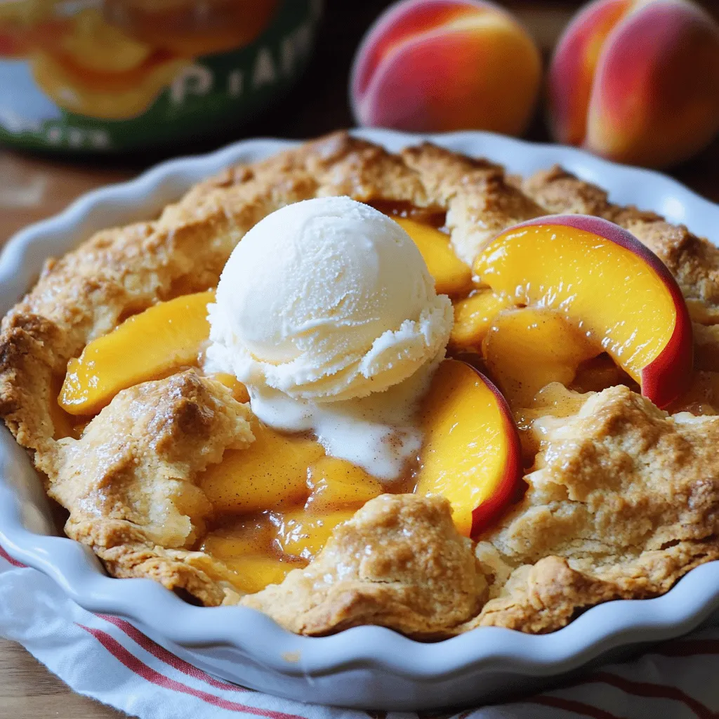 - 4 cups fresh peaches, peeled and sliced - 1 cup granulated sugar, divided Fresh peaches are the star of this dish. Choose ripe, juicy ones for the best flavor. The sweetness of the peaches pairs well with the sugar. You will divide the sugar into two parts. One half will sweeten the peaches, and the other half goes into the batter. - 1 cup all-purpose flour - 1 tablespoon baking powder - 1/2 teaspoon salt For the batter, you need flour, baking powder, and salt. The flour gives structure to the cobbler. Baking powder makes it rise and become fluffy. Salt enhances the flavors and balances the sweetness. - 1 teaspoon vanilla extract - 1 teaspoon ground cinnamon - 1 tablespoon lemon juice - 1 teaspoon nutmeg (optional) - Butter and Milk Vanilla extract adds warmth and depth to the cobbler. Ground cinnamon brings a cozy spice. Lemon juice brightens the sweetness of the peaches. If you like, add nutmeg for an extra touch of flavor. Butter and milk create a rich, smooth batter. For the complete recipe, check out the Full Recipe. Marinating the Sliced Peaches Start by peeling and slicing your fresh peaches. You need 4 cups for this recipe. In a large bowl, mix the peach slices with 1/2 cup of sugar, 1 teaspoon of vanilla extract, 1 teaspoon of ground cinnamon, and 1 tablespoon of lemon juice. Toss them gently for even coating. Let the peaches sit for about 10 minutes. This helps the flavors blend and brings out the juices. Combining Sugar and Spices While the peaches marinate, gather your dry ingredients. In another bowl, mix together 1 cup of all-purpose flour, 1 tablespoon of baking powder, 1/2 teaspoon of salt, and the remaining 1/2 cup of sugar. This mixture will create a light, fluffy batter for your cobbler. Mixing Dry Ingredients In your bowl with the dry mix, whisk it well. Make sure there are no lumps. This step is key for a smooth batter. Incorporating Milk and Butter Slowly add 1 cup of whole milk to the flour mixture. Stir until just combined; do not overmix. Next, fold in 1/2 cup of melted unsalted butter. Your batter should be smooth and creamy. Pouring Batter into Baking Dish Take a greased 9x13-inch baking dish. Pour the batter into the dish. Spread it evenly to cover the bottom. Adding Peaches and Juices Now, take your marinated peaches. Spoon them over the batter, including all their juices. Do not stir; let the peaches float on top. If you want, sprinkle a bit of nutmeg for extra flavor. Preheating the Oven Preheat your oven to 350°F (175°C). This ensures your cobbler bakes evenly. Baking Time and Temperature Place the baking dish in the oven. Bake for 40 to 45 minutes. The top should turn golden brown and bubble. Once done, remove it from the oven. Let it cool slightly before serving. You can find the full recipe with all the details and tips to make your Easy Southern Peach Cobbler truly special. Choosing the Right Peaches Use ripe, juicy peaches for the best flavor. Look for peaches that are firm but slightly soft when you press them. They should smell sweet and fragrant. If fresh peaches are not available, you can use frozen peaches. Just thaw and drain them before using. Adjusting Sweetness to Taste Taste your peaches before adding any sugar. Some peaches are sweeter than others. If they are sweet, use less sugar. If they are tart, add a bit more sugar. Customizing the sweetness makes your cobbler just right for you. Ensuring Even Cooking To make sure your cobbler cooks evenly, preheat your oven well. Use the middle rack for the best heat circulation. Check on it halfway through to see how it's browning. If it browns too fast, cover it with foil. Recognizing When It’s Done Look for a golden brown crust and bubbling juices. A toothpick inserted into the cobbler should come out clean. If it doesn't, give it a few more minutes. Each oven is different, so keep a close watch. Ideal Pairings This cobbler is delightful with a scoop of vanilla ice cream. The cold ice cream melts into the warm cobbler, creating a perfect mix. You can also serve it with whipped cream or yogurt for a lighter option. Presentation Tips Serve your cobbler warm in a nice dish. Top it with a scoop of ice cream and a slice of fresh peach for color. You can also add a sprig of mint for a pop of green. This makes the dish look extra special and inviting. For the complete instructions on making this dish, check out the Full Recipe. {{image_2}} You can switch up the fruit in your cobbler. Try using berries like blueberries or strawberries. Apples also work great. They add a nice crunch and tartness. Just adjust the sugar to match the fruit's sweetness. Use about half the sugar for tart fruits. This keeps your cobbler balanced and delicious. If you need gluten-free options, swap the all-purpose flour with a gluten-free blend. Many brands work well in baking. Check for one that measures cup-for-cup to simplify your cooking. For dairy-free alternatives, use almond milk or coconut milk instead of whole milk. You can also replace butter with coconut oil or a dairy-free butter substitute. Want to add more flavor? Sprinkle nutmeg on top of the cobbler. It brings a warm and spicy note. You can also mix in spices like ginger or allspice. These spices add depth and a unique twist to your dessert. Experiment with different amounts to find your favorite blend. To keep your peach cobbler fresh, store it in the fridge. Place it in an airtight container. It will last about 3 to 4 days. If you want to save it longer, consider freezing. - Best Practices for Refrigeration - Let the cobbler cool to room temperature. - Cover it tightly with plastic wrap or foil. - Store it in the fridge for the best flavor. - Freezing Instructions - Wrap the cooled cobbler well in plastic wrap. - Place it in a freezer-safe bag or container. - It can stay frozen for up to 3 months. Reheating your cobbler is easy. You want it warm and tasty. - Reheating Methods (Oven vs Microwave) - Oven: Preheat your oven to 350°F (175°C). Place the cobbler in a baking dish. Heat it for about 15-20 minutes. - Microwave: Place a slice on a microwave-safe plate. Heat for about 30 seconds to 1 minute. - Best Practices for Retaining Flavor Always cover the cobbler when reheating. This helps keep it moist. If using the oven, add a bit of water in the dish. This will help keep it juicy. For more tips and a full recipe, check out the full recipe section. Can I use canned peaches for this recipe? Yes, you can use canned peaches. Drain them well and reduce sugar, as they are often sweet. Fresh peaches give a better texture, but canned is a good backup. How do I know when my cobbler is done? Your cobbler is done when it turns golden brown and bubbles around the edges. A toothpick inserted in the batter should come out clean. Can I make this cobbler ahead of time? Yes, you can prepare the filling and batter separately. Store them in the fridge. Bake when you're ready to serve for the best texture. What size baking dish should I use? A 9x13-inch baking dish works best for this cobbler. It allows the batter to cook evenly and gives you nice portions. Can I substitute coconut milk for regular milk? Yes, coconut milk can work well. It adds a slight coconut flavor, making it unique and tasty. What kind of peaches are best for baking? Freestone peaches are best for baking. They are easy to slice and have great flavor. Try to get ripe peaches for the best taste. Is it necessary to peel the peaches? Peeling peaches is not required, but it helps make the cobbler smoother. If you like the skin, you can leave it on for added texture. For the full recipe, check out the details above. This blog post guides you through making a delicious peach cobbler. We covered fresh ingredients, step-by-step instructions, and helpful tips. Remember to choose ripe peaches for the best flavor. You can also try different fruits or make dietary adjustments. Proper storage and reheating will keep your cobbler tasty for days. Baking should be fun! Enjoy this sweet treat with friends and family. Make it your own and experiment with flavors. With practice, you’ll impress everyone with your skills!