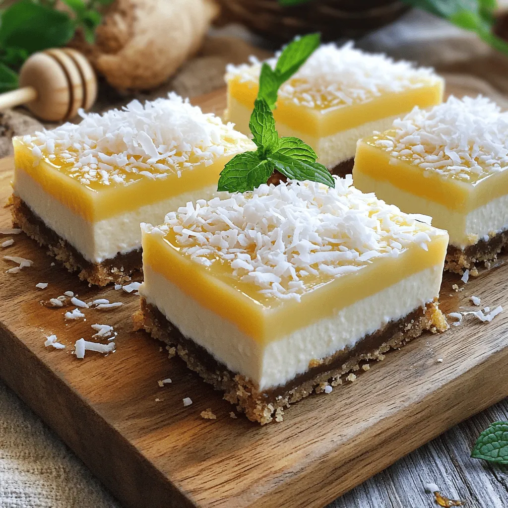 - 1 cup almond flour - 1/4 cup unsweetened shredded coconut - 3 tablespoons coconut oil, melted - 2 tablespoons honey or maple syrup - 1 cup low-fat cream cheese, softened - 1/2 cup Greek yogurt - 1/4 cup honey or maple syrup (additional) - 2 large eggs - 1 teaspoon vanilla extract - 1/2 teaspoon coconut extract - Pinch of salt These ingredients create a tasty base for the bars. Almond flour gives the crust a nice texture. Shredded coconut adds a tropical twist. Coconut oil keeps it moist. Honey or maple syrup sweetens the bars without adding too much sugar. Low-fat cream cheese and Greek yogurt make the filling creamy and light. Eggs help set the mixture. Vanilla and coconut extracts enhance the flavor, and a pinch of salt balances the sweetness. If you can't find almond flour, you can use oat flour or all-purpose flour. These options may change the flavor slightly but work well. For sweeteners, agave nectar or stevia can replace honey or maple syrup. Just remember to adjust the amounts since these sweeteners vary in strength. Each serving of these bars contains about 150 calories. They have a good balance of protein, carbs, and healthy fats. The low-fat cream cheese and Greek yogurt provide protein. The almond flour adds healthy fats, making these bars satisfying. Start by preheating your oven to 325°F (160°C). This step is crucial for even baking. Next, take an 8x8 inch baking pan. Line it with parchment paper, leaving some paper over the edges. This will help you lift out the bars later. For the crust, gather these ingredients: - 1 cup almond flour - 1/4 cup unsweetened shredded coconut - 3 tablespoons coconut oil, melted - 2 tablespoons honey or maple syrup In a medium bowl, mix the almond flour and shredded coconut. Add the melted coconut oil and honey. Stir until the mixture is crumbly. Press this mixture firmly into the bottom of the prepared pan. Make sure it forms an even layer. Now, let’s work on the cheesecake filling. You’ll need: - 1 cup low-fat cream cheese, softened - 1/2 cup Greek yogurt - 1/4 cup honey or maple syrup (additional) - 2 large eggs - 1 teaspoon vanilla extract - 1/2 teaspoon coconut extract - Pinch of salt In a large mixing bowl, beat the softened cream cheese until it is smooth. Add the Greek yogurt, 1/4 cup honey, eggs, vanilla extract, coconut extract, and a pinch of salt. Mix this until it is creamy and free of lumps. Pour the cheesecake filling over the cooled crust. Spread it evenly using a spatula. Place the pan back in the oven and bake for 25-30 minutes. The filling should be set but still slightly jiggly in the middle. After baking, let the bars cool at room temperature for about an hour. Then, move the pan to the fridge and chill for at least 4 hours or overnight. This helps the flavors meld together. Once chilled, lift the bars out of the pan using the parchment paper overhang. Place them on a cutting board. Slice into squares for serving. For an extra touch, dust the bars with shredded coconut. You can also add a sprig of mint or a drizzle of honey for garnish. Enjoy your Skinny Coconut Cheesecake Bars! For the complete recipe, refer to the Full Recipe section. To make your cheesecake bars smooth and creamy, start with soft cream cheese. Cold cream cheese can form lumps. Let it sit at room temperature for 30 minutes before mixing. Use a hand mixer or stand mixer to beat it well. Mix on low speed first to avoid splatter. Gradually increase the speed to medium, beating until smooth. For a great crust, you must have the right texture. Mix almond flour and shredded coconut well. Add melted coconut oil and honey to bind it. The mixture should feel crumbly yet hold together when pressed. Firmly press it into the bottom of your pan. This helps it stay together when baked. Bake until lightly golden, about 12-15 minutes. Many people make the same mistakes when making cheesecake bars. First, don’t overmix the filling. Overmixing adds air, causing cracks. Also, resist the urge to open the oven door while baking. This can change the temperature and ruin the texture. Lastly, let the bars cool completely before slicing. This helps them hold their shape better. For the complete recipe, check out the Full Recipe. {{image_2}} You can easily change the flavor of your bars. Try adding different extracts or fruits. Instead of coconut extract, use almond or lemon extract for a new twist. You can also fold in fresh fruit like berries or mango. These fruits add color and natural sweetness. Mix in a few tablespoons to the filling for a fruity surprise. Your cheesecake bars will surprise everyone with new flavors. Want to make it dairy-free or vegan? You can swap the cream cheese for a dairy-free option like cashew cream. For eggs, try using flaxseed meal or chia seeds mixed with water. This will keep it vegan while holding everything together. If you want a nut-free option, use oat flour instead of almond flour. These swaps make the recipe fit different diets while keeping it tasty. Adding toppings can make your cheesecake bars more fun. Sprinkle extra shredded coconut on top for a tropical touch. You can also drizzle some honey or maple syrup for added sweetness. Fresh mint leaves can give a nice pop of color and flavor. Try using dark chocolate shavings or fresh fruit as well. These toppings make each bite more exciting and visually appealing. To keep your Skinny Coconut Cheesecake Bars fresh, store them in an airtight container. Place parchment paper between layers to avoid sticking. This method helps maintain their smooth texture. Store the bars in the fridge. They will stay good for up to five days. If you want to save some for later, you can freeze the bars. First, let them cool completely. Then, cut them into squares. Wrap each square in plastic wrap. Place them in a freezer-safe bag or container. This way, they will stay fresh for up to three months. To enjoy, thaw them in the fridge overnight before serving. For the best flavor and texture, serve the bars cold. They taste best within the first week, but they can last longer if stored properly. When you take them out of the fridge, let them sit for a few minutes. This allows the flavors to shine. Enjoy the treat with a hint of tropical coconut goodness! For the full recipe, check the detailed instructions above. Yes, you can prepare these cheesecake bars a day in advance. They need time to chill. I recommend making them the night before. This way, they set well and taste even better. Absolutely! You can use substitutes like flaxseed meal or applesauce. For one egg, mix one tablespoon of flaxseed meal with three tablespoons of water. Let it sit for five minutes to thicken. This works great in recipes like this. Look for a firm edge and a slightly jiggly center. When you bake, it should not look wet. The bars will set more as they cool. If they puff up, let them cool before slicing. Yes, you can! Regular cream cheese gives a richer taste and creamier texture. However, it adds more calories. If you want a lighter option, stick with low-fat cream cheese in the recipe. These bars pair well with fresh fruit like berries. You can also serve them with whipped cream or a drizzle of chocolate. Try a sprinkle of toasted coconut on top for extra flavor. You learned how to make delicious Skinny Coconut Cheesecake Bars. We covered the ingredients, step-by-step instructions, and helpful tips to ensure success. With the right methods, you can avoid common mistakes and enjoy creamy, tasty bars. Feel free to experiment with flavors or storage options. Remember, these bars can be made ahead, and serve well fresh or frozen. Enjoy your baking adventure!