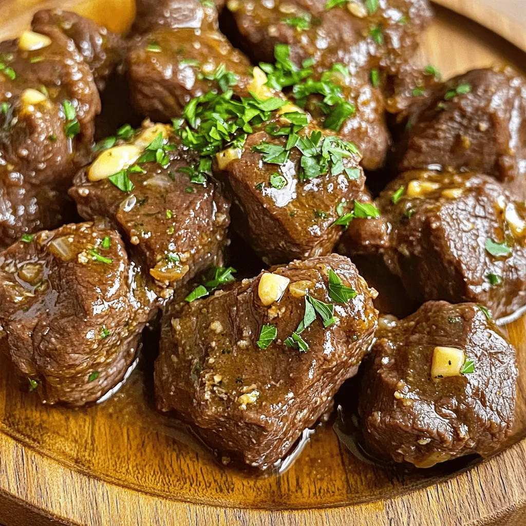 - 1.5 lbs beef sirloin or tenderloin - 1/2 cup unsalted butter - 4 cloves garlic - 1 teaspoon dried thyme - 1 teaspoon smoked paprika - 1 tablespoon soy sauce - Ground black pepper and salt to taste - Fresh parsley for garnish To make Slow Cooker Garlic Butter Beef Bites, you need a few key ingredients. First, choose 1.5 pounds of beef sirloin or tenderloin. These cuts are tender and cook well in a slow cooker. Next, gather 1/2 cup of unsalted butter. This gives the dish its rich flavor. You will also need 4 cloves of minced garlic. Garlic adds depth and aroma to the beef. Next, you will need 1 teaspoon of dried thyme and 1 teaspoon of smoked paprika. These spices bring warmth and earthiness. Add 1 tablespoon of soy sauce to enhance the dish’s umami taste. Finally, don’t forget ground black pepper and salt. Use these to taste. Fresh parsley will brighten the dish when you serve it. - Coconut aminos for gluten-free option - Additional seasonings (e.g., red pepper flakes) You can customize this recipe to your liking. For a gluten-free option, use coconut aminos instead of soy sauce. You can also add extra seasonings, like red pepper flakes, if you want more heat. These small tweaks make your beef bites unique and delicious. For more tips and details, check out the Full Recipe. 1. Melt 1/2 cup of unsalted butter in a skillet over medium heat. 2. Add 4 minced garlic cloves and sauté them for 1-2 minutes. The smell will be great! 3. Stir in 1 teaspoon of dried thyme, 1 teaspoon of smoked paprika, and 1 tablespoon of soy sauce. 4. Add 1 teaspoon of ground black pepper and salt to taste. Mix it all well. 1. Place 1.5 lbs of cut beef sirloin or tenderloin into the slow cooker. 2. Pour the garlic butter mixture over the beef pieces. 3. Stir everything together in the slow cooker. Make sure all the beef is coated. 4. Cover the slow cooker and set it to low for 6 hours or high for 3 hours. 1. Once cooked, use a slotted spoon to serve the beef bites on a platter. 2. Drizzle some of the remaining garlic butter sauce over the beef bites. 3. Garnish with chopped fresh parsley for a nice touch. Enjoy these tasty bites straight from the slow cooker! For the complete recipe, check the [Full Recipe]. To get the most flavor from your beef, marinate it overnight. This step adds depth and richness. Use a simple mix of garlic, butter, and spices. When it comes to sides, serve these beef bites with mashed potatoes or crusty bread. They soak up the sauce well. You can also add a fresh salad for a nice crunch. Every slow cooker heats a bit differently. If your cooker runs hot, check the beef at 2.5 hours on high. For a cooler model, it may take up to 4 hours. To tell if beef bites are done, use a fork. They should be tender and easy to break apart. If they still feel tough, give them more time. For a twist, add colorful veggies like bell peppers or mushrooms. They cook well with the beef and add more flavor. When serving, pair the beef with rice or pasta. Both options soak up the garlic butter sauce perfectly. You can also try adding some fresh herbs for a pop of color and taste. {{image_2}} If you want to try a different cut of beef, you can use chuck or round. These cuts work well, but they have more connective tissue. This means they need longer cooking times to become tender. If you choose tougher cuts, add some liquid like broth or wine. This helps to break down the meat and keep it moist. You can mix up the flavors in your beef bites. Try adding herbs like rosemary or oregano for a fresh twist. You can also use spices such as cumin or coriander for a warm taste. For extra flavor, consider adding sauces like barbecue or teriyaki. Just keep in mind that some sauces can be salty, so adjust the soy sauce accordingly. Make your beef bites into a cozy stew or casserole. Just add some diced potatoes and carrots to the slow cooker. Let them cook along with the beef for a hearty meal. You can also use the beef bites as a filling for tacos or wraps. Just warm some tortillas and pile on the beef. Top with fresh veggies for a fun meal. For more ideas and a complete guide, check the Full Recipe. To keep your Slow Cooker Garlic Butter Beef Bites fresh, store them in the fridge. Place the beef bites in an airtight container. This helps keep out air and moisture. You can store them for up to three days. If you want to freeze them, wait until they cool. Divide the beef bites into smaller portions. Use freezer-safe bags or containers. Be sure to remove as much air as possible. This will help prevent freezer burn. You can freeze the beef bites for up to three months. When you are ready to enjoy your beef bites again, you have options. You can use a microwave or stovetop. For the microwave, place the beef bites in a bowl. Cover it with a microwave-safe lid or wrap. Heat in short bursts, stirring in between. This helps heat evenly. For the stovetop, use a pan over low heat. Add a splash of water or broth to keep them moist. Stir often to avoid burning. To keep the flavor and texture, avoid overheating. Reheating slowly helps maintain the dish's delicious taste. Enjoy! You can cook the beef bites for 6 hours on low or 3 hours on high. Cooking on low makes the meat very tender and full of flavor. If you are in a hurry, choose the high setting. Just keep an eye on it to ensure it doesn't overcook. Yes, you can use other meats if you want. Chicken thighs or pork tenderloin work well. Just cut them into small pieces like the beef. Keep in mind, cooking times may change. Check for doneness to make sure it's cooked through. These beef bites pair well with many sides. Try serving them with mashed potatoes for a classic combo. Rice or crusty bread also works great to soak up the garlic butter sauce. You can also add a fresh salad for a nice crunch. Absolutely! This recipe is great for meal prep. After cooking, let the beef cool fully. Store it in airtight containers in the fridge for up to four days. You can also freeze portions for up to three months. Just reheat when you're ready to eat. For the full recipe, check out the details above. This blog shared a simple recipe for Slow Cooker Garlic Butter Beef Bites. We covered key ingredients, step-by-step cooking methods, and tips for the best flavor. You can customize it to fit your taste and dietary needs. Don't forget about variations for serving or storing! Enjoy creating this dish, and feel free to experiment with flavors. Cooking can be fun and rewarding, and this recipe will impress your family and friends.
