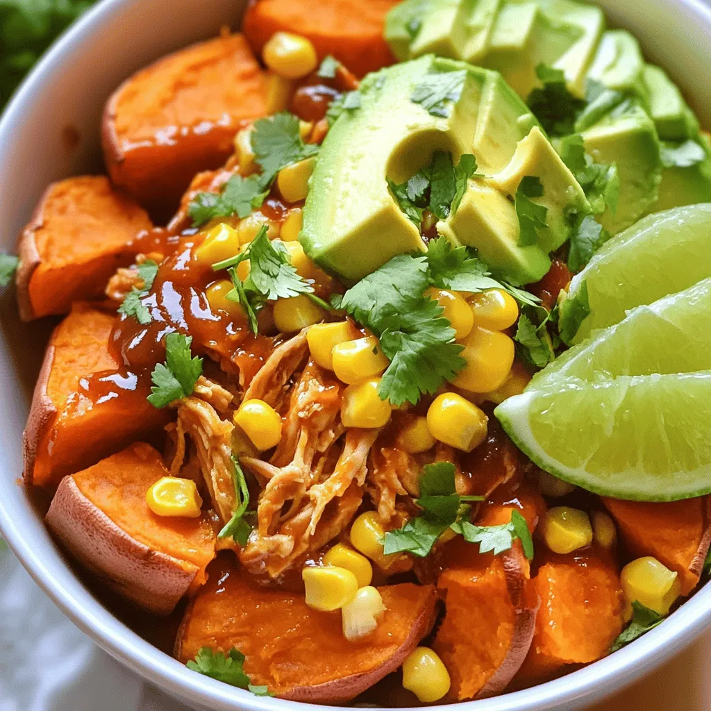- 2 boneless, skinless chicken breasts - 1 cup BBQ sauce - 2 medium sweet potatoes, peeled and diced - 2 tablespoons olive oil - 1 teaspoon paprika - 1 teaspoon garlic powder - Salt and pepper to taste - 1 cup corn - 1 avocado, sliced - 1 cup chopped fresh cilantro - Lime wedges for serving These ingredients come together to create a flavorful and satisfying dish. The chicken provides protein, while sweet potatoes add fiber and vitamins. Corn brings a touch of sweetness and texture. The avocado adds creaminess, and cilantro gives a fresh burst of flavor. Don't forget the lime; it brightens each bite! This recipe serves four and is packed with nutrients. Each serving contains about: - Calories: 450 - Protein: 30g - Carbs: 45g - Fats: 15g This meal is gluten-free and dairy-free, making it great for many diets. With a mix of protein, carbs, and healthy fats, it fuels your body well. Enjoy the balance of flavors while staying nourished! For the full recipe, check the section above. To start, preheat your oven to 425°F (220°C). This heat helps the sweet potatoes roast perfectly. Next, prepare your sweet potatoes. Peel and dice them into even pieces. In a mixing bowl, combine the diced sweet potatoes with olive oil, paprika, garlic powder, salt, and pepper. Toss them well to coat every piece evenly. Spread the seasoned sweet potatoes in a single layer on a baking sheet. Ensure they are not crowded, as this helps them roast well. Roast in the preheated oven for about 25-30 minutes. Halfway through, give them a toss. You want them to be tender and golden brown when done. While the sweet potatoes roast, heat a grill pan or skillet over medium heat. Season the chicken breasts with salt and pepper. Cook the chicken for 5-7 minutes on each side. Look for nice grill marks and ensure it cooks through. In the last few minutes, brush the chicken with BBQ sauce. This step adds a delicious glaze. Once everything is cooked, let the chicken rest for a few minutes. Then, shred the chicken into bite-sized pieces using two forks. Now, it’s time to assemble your bowls. Start with a layer of roasted sweet potatoes. Next, add the shredded BBQ chicken, followed by corn and sliced avocado. For the final touch, garnish with fresh cilantro and serve with lime wedges. Enjoy the burst of flavors in each bite! For the complete process, check the Full Recipe. For juicy chicken breasts, cook them over medium heat. This helps keep them tender. Season with salt and pepper before cooking for flavor. Use a meat thermometer to check doneness; the chicken should reach 165°F (75°C). To get sweet potatoes just right, cut them into even pieces. This helps them roast evenly. Toss them with olive oil and spices to add flavor. Roast them until they're golden and soft, about 25 to 30 minutes. You can speed up prep time by using pre-diced sweet potatoes. This cuts down on your chopping time. Also, gather all your ingredients before you start. This makes cooking smoother and more fun. For efficiency, use a sharp knife and a sturdy cutting board. A good peeler makes skinning sweet potatoes quick and easy. A timer helps you track cooking times, so nothing burns. For sides, I love mixing in a fresh salad or grilled veggies. They add color and crunch to your bowl. Consider serving with cornbread or a light coleslaw for extra flavor. To enhance the BBQ chicken bowls, try adding a drizzle of ranch or a squeeze of lime. A spicy sauce can also bring some heat. Fresh herbs like cilantro brighten the dish beautifully. For the full recipe, check out the detailed instructions above. Enjoy your BBQ Chicken & Roasted Sweet Potato Bowls! {{image_2}} You can change proteins in this dish. If you want a plant-based option, use tofu or tempeh instead of chicken. Both are great at soaking up flavor. You can also switch up the veggies. Bell peppers add crunch, while zucchini brings a mild taste. These swaps keep the dish fresh and exciting. BBQ sauce is key to this recipe. Try different kinds for a twist! A spicy sauce gives a kick, while a fruity sauce adds sweetness. You can also mix in herbs or spices. For example, adding cumin or rosemary can make a big difference. Experiment with flavors to find what you love. If you need gluten-free options, make sure your BBQ sauce is gluten-free. Many brands offer safe choices. For a vegan version, simply skip the chicken and use grilled veggies or beans. This keeps the dish hearty and delicious while catering to different diets. Check the [Full Recipe] for more details. To store leftovers correctly, place them in airtight containers. This keeps the flavors fresh. Let the food cool before sealing. You can store BBQ chicken and roasted sweet potatoes together. The shelf life in the refrigerator is about three to four days. After that, the flavors may fade. For freezing, you can pack cooked chicken and sweet potatoes in separate bags. This helps maintain texture. Make sure to remove as much air as possible from the bags. When you want to eat them, thaw in the fridge overnight. Reheat in the oven or microwave for best results. This keeps the chicken juicy and the sweet potatoes soft. You can prepare BBQ chicken and roasted sweet potato bowls in advance. Cook a larger batch and store in individual portions. This makes for quick meals during the week. Just grab a bowl, heat it, and enjoy! Add fresh toppings like avocado and cilantro before serving. It’s a great way to eat healthy without much hassle. BBQ chicken lasts about 3 to 4 days in the fridge. Always store it in an airtight container. Make sure to cool it first before putting it in the fridge. If you want to keep it longer, you can freeze it. When frozen, it can last up to 3 months. Just remember to label the date on the container. This way, you know when to use it. Yes, you can use skin-on chicken for this recipe. It adds extra flavor and keeps the meat moist. However, it may take a bit longer to cook. Skin-on chicken needs about 6 to 8 minutes on each side. Always check if it is cooked through before serving. The skin will also get crispy, adding a nice texture to your dish. If you want to substitute sweet potatoes, you can use regular potatoes or butternut squash. Both will work well, but cooking times might change. Regular potatoes may need more time to roast, about 30 to 35 minutes. If you choose butternut squash, it cooks faster, so check it at 20 minutes. Adjust the seasonings to match your choice for the best flavor. You know chicken is fully cooked when it reaches 165°F (74°C) internally. You can use a meat thermometer to check this. If you don’t have one, look for clear juices when you cut into it. The meat should not be pink. Always let it rest for a few minutes before shredding. This helps keep the juices inside. This blog post covered a delicious BBQ Chicken and Roasted Sweet Potato Bowl. We discussed the key ingredients, including chicken, sweet potatoes, and flavorful spices. I provided step-by-step instructions for preparation, cooking, and assembly. You also learned valuable tips for cooking and serving, plus variations to customize your bowl. Remember, you can adapt this recipe to fit your diet or taste. Enjoy making it your own!