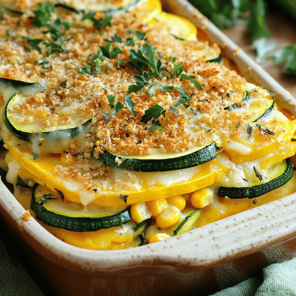 To make a delicious Zucchini, Squash & Corn Casserole, gather the following ingredients: - 2 medium zucchini, sliced - 2 medium yellow squash, sliced - 1 cup fresh corn kernels (or frozen, thawed) - 1 medium onion, diced - 2 cloves garlic, minced - 1 cup shredded cheddar cheese - 1 cup milk - 2 large eggs - 1 teaspoon dried thyme - 1 teaspoon paprika - Salt and pepper to taste - 1 cup breadcrumbs - 2 tablespoons olive oil Using fresh produce is key for this dish. Fresh zucchini and squash bring a bright taste and nice texture. They hold their shape well during cooking. Fresh corn adds sweetness and crunch. If you can, buy local. This way, you get the best flavor and support local farmers. Fresh ingredients make the dish pop with color and taste. You can swap ingredients based on what you have. If zucchini or squash is not available, try bell peppers or eggplant. For a cheesy twist, use mozzarella or pepper jack cheese instead of cheddar. Want a vegan version? Replace the eggs with flaxseed meal and use plant-based milk. This dish is flexible, so feel free to get creative! For the full recipe, check the details above. Start by gathering your ingredients. You’ll need fresh zucchini, squash, corn, onion, garlic, and more. Slice the zucchini and yellow squash into even pieces. Dice the onion and mince the garlic. This mix of fresh produce brings great taste to the casserole. In a skillet, heat olive oil over medium heat. Add the onion and garlic, cooking until soft. This step builds a nice base for the dish. Then, add the sliced zucchini and squash. Cook them for about 5 to 7 minutes until they start to soften. Season the mix with salt, pepper, thyme, and paprika. This adds depth to the flavor. In a large bowl, whisk together the eggs and milk. Add half the cheese to this mix. Stir well to combine. Once the veggies are ready, mix them in with the corn. Combine everything until it’s well mixed. This is where all the flavors come together. Now, pour the mix into a greased 9x13-inch casserole dish. Make sure the dish is spread evenly. This helps with even cooking. Next, sprinkle the remaining cheese on top. Then, add the breadcrumbs. This creates a crunchy topping that everyone loves. Bake in your preheated oven at 375°F (190°C) for 25 to 30 minutes. Keep an eye on it. You want the top to be golden brown and the casserole to be set. After baking, let it cool for a few minutes. This helps it firm up before serving. For a nice touch, garnish with fresh herbs. This makes your dish look even better. Enjoy this warm, tasty meal! To make your zucchini, squash, and corn casserole shine, follow a few simple steps. First, choose fresh zucchini and squash. This will give your dish the best flavor. Cut the vegetables into even slices. This helps them cook evenly. Sauté the onions and garlic until they are soft. This builds a strong base for your casserole. Mix the eggs and milk well. This ensures a creamy texture. Lastly, don’t skip the breadcrumbs. They add a nice crunch on top. To make your cooking easier, gather some useful tools. Here’s what I recommend: - Large skillet - 9x13-inch casserole dish - Whisk for mixing - Cutting board and knife for chopping - Measuring cups and spoons - Spatula for mixing These items will help you create your casserole with ease. Presentation can elevate your meal. Serve your casserole in the baking dish for a rustic look. Cut it into neat squares for serving. Add a sprinkle of fresh herbs on top. This adds color and freshness. Pair your casserole with a simple side salad. This complements the dish and adds balance. Enjoy your meal and share it with friends! {{image_2}} If you want to add protein, chicken or turkey works great. Cook and shred the meat first. Mix it into the veggies before adding egg and milk. This gives your casserole a hearty boost. You can also use cooked sausage or ground beef. Each option adds flavor and keeps you full. For a vegetarian twist, keep the original recipe as is. If you want a vegan version, swap the eggs and milk. Use a plant-based milk like almond or oat. Instead of eggs, try flaxseed meal mixed with water. This will hold everything together and keep it tasty. You can also add extra vegetables, like bell peppers or mushrooms, for more texture. To make your casserole pop, think about spices. Try adding cumin or chili powder for some heat. Fresh herbs, like basil or cilantro, can brighten the dish. A squeeze of lemon juice before serving adds a fresh zing. You can also mix in some sun-dried tomatoes for a rich flavor. Experimenting with these ideas will give your casserole a unique taste. Check out the Full Recipe for more inspiration! After you enjoy your Zucchini, Squash & Corn Casserole, store any leftovers. Use an airtight container to keep it fresh. You can refrigerate it for up to three days. If you want to keep it longer, freezing is a great option. Let the casserole cool completely before storing it. This prevents condensation, which can make it soggy. When you’re ready to eat again, preheat your oven to 350°F (175°C). Place the casserole in an oven-safe dish. Cover it with foil to keep moisture in. Heat it for about 20 minutes or until it’s warm throughout. If you prefer, you can also use the microwave. Heat individual portions for about 2-3 minutes. Just check that it is hot in the middle. To freeze the casserole, cut it into portions first. Wrap each piece in plastic wrap and then in foil. This helps prevent freezer burn. You can store the wrapped pieces in a freezer-safe bag. It will stay good for up to three months. When you’re ready to eat, thaw it in the fridge overnight before reheating. This makes it easy to enjoy your favorite dish anytime! For the full recipe, see the section above. Zucchini, Squash & Corn Casserole can last in the fridge for about 3 to 5 days. Make sure to keep it in an airtight container. If you want to save it longer, you can freeze it. It will keep well in the freezer for up to 3 months. When you're ready to eat it, just thaw it overnight in the fridge and reheat. Yes, you can use different types of cheese for your casserole. I love mixing in mozzarella for a stretchy texture or feta for a tangy taste. You can also try gouda or pepper jack for a bit of spice. Just remember to stick to a similar amount as the cheddar in the recipe. This casserole pairs well with many sides. A fresh garden salad adds a crisp touch. You might also enjoy it with grilled chicken or fish for protein. For a heartier meal, serve it alongside some crusty bread or rice. Each option complements the flavors of the casserole and makes a complete meal. For the full recipe, check out the section above! In this post, we covered the key parts of making a tasty casserole. We discussed important fresh ingredients and how alternatives can work too. I shared steps for preparation, cooking, and baking, along with useful tips to enhance your dish. You can explore variations with proteins or vegetarian options, and we included storage methods. Remember, a great casserole is about your taste and choice. Enjoy making and sharing it with others!