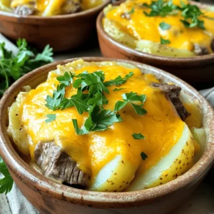 - 2 lbs steak (chuck roast or sirloin), cut into bite-sized pieces - 4 medium potatoes, thinly sliced - 1 large onion, finely chopped - 3 cloves garlic, minced - 1 cup beef broth - 1 cup heavy cream - 2 cups shredded sharp cheddar cheese - 1 teaspoon Worcestershire sauce - 1 teaspoon dried thyme - 1 teaspoon salt - ½ teaspoon black pepper - Fresh parsley, chopped (for garnish) Gathering the right ingredients is key to making this Slow Cooker Steak and Cheddar Potato Casserole. I love using chuck roast for its rich flavor and tenderness after cooking. You can also use sirloin if you prefer a leaner cut. Potatoes are the star here, so choose firm, medium-sized ones. I often go for Yukon Gold or Russet potatoes. They hold their shape well while cooking. The onion adds a nice sweetness, while garlic gives a deep, savory taste. The beef broth and heavy cream create a rich sauce. Together, they meld beautifully with the steak and potatoes. Adding Worcestershire sauce gives it that umami kick. The dried thyme adds a subtle herb flavor, making the dish feel cozy and comforting. Don’t forget the cheddar cheese! I always use sharp cheddar for its strong taste. It melts wonderfully and adds a creamy texture. Finally, garnish with fresh parsley before serving. This adds a pop of color and freshness to the dish. If you want to see the full recipe, you can check it out [here](#). First, I take my steak and cut it into bite-sized pieces. I heat a large skillet over medium-high heat. Then, I sear the steak pieces until they are browned on all sides. This usually takes about 5-7 minutes. Once they are nice and brown, I carefully transfer the steak to my slow cooker. This step adds great flavor to the dish. In the same skillet, I add the chopped onion and minced garlic. I cook them until they are softened, which takes about 3-4 minutes. This step makes the onion sweet and the garlic fragrant. After that, I add the onion and garlic mix to the slow cooker over the steak. This builds a tasty base for the casserole. Next, I layer the sliced potatoes evenly on top of the steak and onion mix. This helps the potatoes soak up all the great flavors. In a mixing bowl, I combine the beef broth, heavy cream, Worcestershire sauce, dried thyme, salt, and black pepper. I whisk them all together until well mixed. I then pour this mixture over the potatoes in the slow cooker. Finally, I cover the slow cooker and cook everything on low for 6-8 hours. This slow cooking makes the potatoes tender and the steak melt in your mouth. This is where the magic happens! For the full recipe, check out the details provided earlier. To make the best casserole, start by searing the steak. Searing adds a rich flavor. Heat a skillet on medium-high heat. Cook the steak pieces until they are browned on all sides. This takes about 5-7 minutes. Then, move the steak to the slow cooker. Timing is key. Cook the potatoes until they are tender. This usually takes 6-8 hours on low. Make sure the steak is cooked through. A slow cooker makes this easy. When choosing a slow cooker, look for one with a locking lid. A larger size holds more food. A programmable timer helps you set cooking times. If you don’t have a slow cooker, use a Dutch oven. It works well in the oven. Serve the casserole in bowls. Top it with fresh parsley for a pop of color. You can also put extra cheese on the side. This way, everyone can add more cheese if they want. Pair it with a simple green salad or steamed veggies. This will balance the rich flavors of the casserole. {{image_2}} You can switch up the steak in this recipe. Try using flank steak or ribeye for different flavors. Each type brings its own taste and texture. For cheese, sharp cheddar is great, but you can use mozzarella or gouda. These cheeses will melt well and add a unique twist. Adding vegetables can boost the flavor and nutrition. Bell peppers add sweetness and color. Carrots bring a nice crunch and earthiness. Chop them and toss them in with the potatoes. You can also sprinkle in spices and herbs. Try smoked paprika for depth or Italian seasoning for a fresh taste. Fresh herbs like rosemary or basil can add a lovely aroma. To make this dish gluten-free, use gluten-free broth and check your Worcestershire sauce. Many brands are gluten-free, but not all. For vegetarian options, replace the steak with mushrooms or lentils. You can also add more veggies, like zucchini or spinach. This keeps it hearty and flavorful while being meat-free. Explore these variations to make your slow cooker steak and cheddar potato casserole even more delightful. For the full recipe, check back on the details provided earlier. After you enjoy your slow cooker steak and cheddar potato casserole, store the leftovers right. Let it cool first. Then, place it in an airtight container. It will stay fresh in the fridge for about 3 to 4 days. To reheat, simply scoop out a portion and place it in a microwave-safe bowl. Cover it with a lid or microwave-safe wrap. Heat it in short bursts, stirring in between. This way, it warms evenly. If you prefer the oven, bake it at 350°F (175°C) until hot. You can freeze this casserole for later. First, make sure it is completely cool. Then, transfer it to a freezer-safe container. Leave some space at the top for expansion. It can last in the freezer for up to 3 months. When you want to enjoy it again, take it out of the freezer. Move it to the fridge for a night to thaw. For faster thawing, place it in cold water, but keep it sealed. Reheat as mentioned above, ensuring it reaches an internal temperature of 165°F (74°C) before serving. For the full recipe, check out the details above. Yes, you can use other cuts of beef. If you want tender meat, try using flank steak or ribeye. These cuts add flavor and stay juicy. You can also use round steak, which is leaner. Just remember to cut the meat into bite-sized pieces. The casserole is ready when the potatoes are tender. You can check this by poking a potato slice with a fork. If it goes in easily, it’s done. The steak should also be fork-tender. This means it breaks apart easily when you push it with a fork. This casserole pairs well with many sides. You can serve it with a simple green salad. Steamed broccoli or green beans also make great choices. If you want more carbs, try some crusty bread or garlic bread. These sides balance the dish's richness. To save time, you can skip searing the steak. Just add it straight to the slow cooker. You can also slice the potatoes thinner. This helps them cook faster. If you're in a real hurry, consider using pre-cooked steak or leftover beef. For the full recipe, check out the Slow Cooker Steak and Cheddar Potato Casserole. This blog post guided you through making a hearty casserole. You learned about key ingredients, step-by-step instructions, and helpful tips. We covered tasty variations and how to store leftovers. Each section aimed to enhance your confidence in cooking. Remember, you can adjust the recipe to suit your taste and dietary needs. Enjoy creating this dish and sharing it with loved ones. Cooking should bring joy, and this casserole can do just that.
