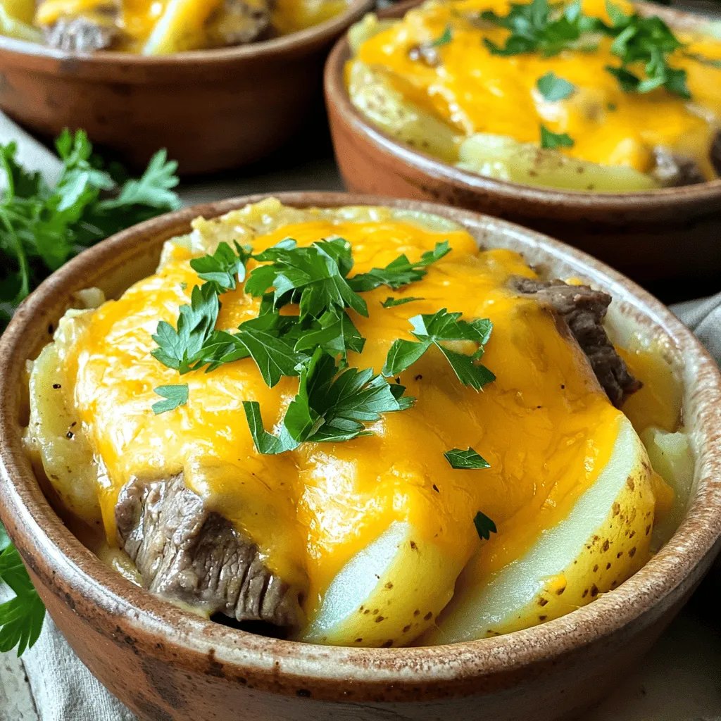 - 2 lbs steak (chuck roast or sirloin), cut into bite-sized pieces - 4 medium potatoes, thinly sliced - 1 large onion, finely chopped - 3 cloves garlic, minced - 1 cup beef broth - 1 cup heavy cream - 2 cups shredded sharp cheddar cheese - 1 teaspoon Worcestershire sauce - 1 teaspoon dried thyme - 1 teaspoon salt - ½ teaspoon black pepper - Fresh parsley, chopped (for garnish) Gathering the right ingredients is key to making this Slow Cooker Steak and Cheddar Potato Casserole. I love using chuck roast for its rich flavor and tenderness after cooking. You can also use sirloin if you prefer a leaner cut. Potatoes are the star here, so choose firm, medium-sized ones. I often go for Yukon Gold or Russet potatoes. They hold their shape well while cooking. The onion adds a nice sweetness, while garlic gives a deep, savory taste. The beef broth and heavy cream create a rich sauce. Together, they meld beautifully with the steak and potatoes. Adding Worcestershire sauce gives it that umami kick. The dried thyme adds a subtle herb flavor, making the dish feel cozy and comforting. Don’t forget the cheddar cheese! I always use sharp cheddar for its strong taste. It melts wonderfully and adds a creamy texture. Finally, garnish with fresh parsley before serving. This adds a pop of color and freshness to the dish. If you want to see the full recipe, you can check it out [here](#). First, I take my steak and cut it into bite-sized pieces. I heat a large skillet over medium-high heat. Then, I sear the steak pieces until they are browned on all sides. This usually takes about 5-7 minutes. Once they are nice and brown, I carefully transfer the steak to my slow cooker. This step adds great flavor to the dish. In the same skillet, I add the chopped onion and minced garlic. I cook them until they are softened, which takes about 3-4 minutes. This step makes the onion sweet and the garlic fragrant. After that, I add the onion and garlic mix to the slow cooker over the steak. This builds a tasty base for the casserole. Next, I layer the sliced potatoes evenly on top of the steak and onion mix. This helps the potatoes soak up all the great flavors. In a mixing bowl, I combine the beef broth, heavy cream, Worcestershire sauce, dried thyme, salt, and black pepper. I whisk them all together until well mixed. I then pour this mixture over the potatoes in the slow cooker. Finally, I cover the slow cooker and cook everything on low for 6-8 hours. This slow cooking makes the potatoes tender and the steak melt in your mouth. This is where the magic happens! For the full recipe, check out the details provided earlier. To make the best casserole, start by searing the steak. Searing adds a rich flavor. Heat a skillet on medium-high heat. Cook the steak pieces until they are browned on all sides. This takes about 5-7 minutes. Then, move the steak to the slow cooker. Timing is key. Cook the potatoes until they are tender. This usually takes 6-8 hours on low. Make sure the steak is cooked through. A slow cooker makes this easy. When choosing a slow cooker, look for one with a locking lid. A larger size holds more food. A programmable timer helps you set cooking times. If you don’t have a slow cooker, use a Dutch oven. It works well in the oven. Serve the casserole in bowls. Top it with fresh parsley for a pop of color. You can also put extra cheese on the side. This way, everyone can add more cheese if they want. Pair it with a simple green salad or steamed veggies. This will balance the rich flavors of the casserole. {{image_2}} You can switch up the steak in this recipe. Try using flank steak or ribeye for different flavors. Each type brings its own taste and texture. For cheese, sharp cheddar is great, but you can use mozzarella or gouda. These cheeses will melt well and add a unique twist. Adding vegetables can boost the flavor and nutrition. Bell peppers add sweetness and color. Carrots bring a nice crunch and earthiness. Chop them and toss them in with the potatoes. You can also sprinkle in spices and herbs. Try smoked paprika for depth or Italian seasoning for a fresh taste. Fresh herbs like rosemary or basil can add a lovely aroma. To make this dish gluten-free, use gluten-free broth and check your Worcestershire sauce. Many brands are gluten-free, but not all. For vegetarian options, replace the steak with mushrooms or lentils. You can also add more veggies, like zucchini or spinach. This keeps it hearty and flavorful while being meat-free. Explore these variations to make your slow cooker steak and cheddar potato casserole even more delightful. For the full recipe, check back on the details provided earlier. After you enjoy your slow cooker steak and cheddar potato casserole, store the leftovers right. Let it cool first. Then, place it in an airtight container. It will stay fresh in the fridge for about 3 to 4 days. To reheat, simply scoop out a portion and place it in a microwave-safe bowl. Cover it with a lid or microwave-safe wrap. Heat it in short bursts, stirring in between. This way, it warms evenly. If you prefer the oven, bake it at 350°F (175°C) until hot. You can freeze this casserole for later. First, make sure it is completely cool. Then, transfer it to a freezer-safe container. Leave some space at the top for expansion. It can last in the freezer for up to 3 months. When you want to enjoy it again, take it out of the freezer. Move it to the fridge for a night to thaw. For faster thawing, place it in cold water, but keep it sealed. Reheat as mentioned above, ensuring it reaches an internal temperature of 165°F (74°C) before serving. For the full recipe, check out the details above. Yes, you can use other cuts of beef. If you want tender meat, try using flank steak or ribeye. These cuts add flavor and stay juicy. You can also use round steak, which is leaner. Just remember to cut the meat into bite-sized pieces. The casserole is ready when the potatoes are tender. You can check this by poking a potato slice with a fork. If it goes in easily, it’s done. The steak should also be fork-tender. This means it breaks apart easily when you push it with a fork. This casserole pairs well with many sides. You can serve it with a simple green salad. Steamed broccoli or green beans also make great choices. If you want more carbs, try some crusty bread or garlic bread. These sides balance the dish's richness. To save time, you can skip searing the steak. Just add it straight to the slow cooker. You can also slice the potatoes thinner. This helps them cook faster. If you're in a real hurry, consider using pre-cooked steak or leftover beef. For the full recipe, check out the Slow Cooker Steak and Cheddar Potato Casserole. This blog post guided you through making a hearty casserole. You learned about key ingredients, step-by-step instructions, and helpful tips. We covered tasty variations and how to store leftovers. Each section aimed to enhance your confidence in cooking. Remember, you can adjust the recipe to suit your taste and dietary needs. Enjoy creating this dish and sharing it with loved ones. Cooking should bring joy, and this casserole can do just that.