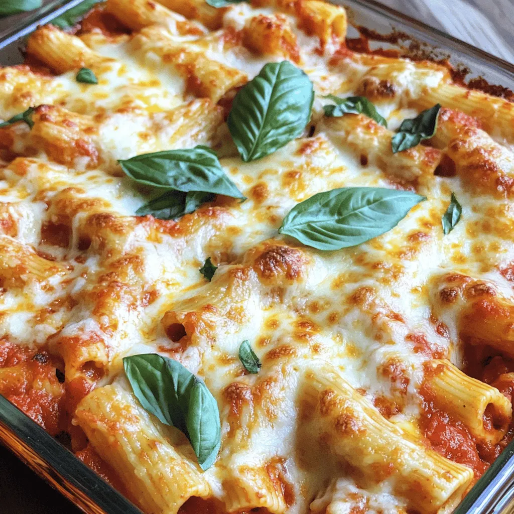- 12 oz ziti pasta - 2 tablespoons olive oil - 1 medium onion, diced - 3 cloves garlic, minced - 1 bell pepper, diced (any color) - 1 zucchini, diced - 1 jar (24 oz) marinara sauce - 1 teaspoon dried oregano - 1 teaspoon dried basil - 1/2 teaspoon red pepper flakes (optional) - 1 cup ricotta cheese - 1 cup shredded mozzarella cheese - 1/2 cup grated Parmesan cheese - Fresh basil leaves for garnish - Salt and pepper to taste When I cook baked ziti, I love to gather all my ingredients first. This makes the process smooth and fun. You start with ziti pasta, which is perfect for holding sauces. I use olive oil to sauté my veggies and give them flavor. Onions and garlic are a must. They add a sweet taste and great aroma. I pick any color bell pepper, as they all work well. Zucchini adds a nice crunch and color to the dish. The marinara sauce is the heart of this meal. I always choose a good quality jar for rich flavor. Dried oregano and basil give it that classic Italian taste, while red pepper flakes can add a little heat. For that creamy texture, I use ricotta cheese. Then, I load it with mozzarella and Parmesan for cheesy goodness. Finally, I top it with fresh basil leaves for a pop of color. Don’t forget to season with salt and pepper to make every bite delicious. You can find the full recipe for these tasty ingredients and instructions in the [Full Recipe]. - Preheat the oven to 375°F (190°C). - Cook ziti pasta until al dente; drain and set aside. - In a large skillet, heat 2 tablespoons of olive oil. - Add 1 diced onion and sauté until soft, about 3-4 minutes. - Stir in 3 minced garlic cloves, 1 diced bell pepper, and 1 diced zucchini. - Cook for 5-7 minutes until the veggies are tender. - Pour in 1 jar of marinara sauce and mix in seasoning. - Add 1 teaspoon of dried oregano, 1 teaspoon of dried basil, and salt. - If you like heat, add 1/2 teaspoon of red pepper flakes. - Let it simmer for 5 minutes for the flavors to blend. - In a large bowl, mix the cooked ziti with the vegetable sauce and 1 cup of ricotta cheese. - Layer half of this mixture in a greased 9x13 inch baking dish. - Sprinkle half of 1 cup shredded mozzarella cheese over it. - Add the rest of the ziti mixture and top with more mozzarella cheese and 1/2 cup grated Parmesan cheese. - Cover the dish with foil and bake for 25 minutes. - Uncover and bake for an additional 15-20 minutes until the cheese is golden and bubbly. - Let it cool for a few minutes, then garnish with fresh basil leaves. - For the full recipe, check the ingredients section. For a tasty baked ziti, fresh herbs make a big difference. Use basil or oregano to elevate your dish. They add bright flavors that dry herbs can't match. Also, be careful not to overcook the pasta. Cook it just until al dente. It will finish cooking in the oven and stay firm. You can switch up the cheese for a fun twist. Fontina or Gouda can add a unique taste. Both melt well and offer different flavors. To make your baked ziti cheesier, mix different cheeses. Try adding more mozzarella or a sprinkle of cream cheese for a rich texture. You can prep your baked ziti in advance. Just assemble it and cover it tightly. Store it in the fridge for up to 24 hours. When ready to eat, bake it straight from the fridge. This helps keep the layers intact. To reheat, cover it with foil. This keeps the cheese from burning while warming. {{image_2}} For a meat-free meal, swap out meat for hearty mushrooms or lentils. These ingredients add a rich taste. You can also use eggplant or spinach to boost flavor and nutrition. To add more veggies, consider mixing in diced carrots, broccoli, or peas. These choices not only add color but also make your baked ziti healthier. If you love meat, consider adding ground beef, sausage, or turkey. Brown the meat before mixing it with the sauce. This step enhances the flavor. You can also add diced pepperoni or cooked chicken for extra zest. Mixing meats can give a rich, varied taste. Just ensure the meat is fully cooked before layering it in the dish. For a gluten-free option, use gluten-free ziti or another gluten-free pasta. Quinoa or rice noodles can work well too. Adjust the cooking time as needed to get the right texture. When baking, cover the dish tightly to keep moisture in. This helps the pasta cook evenly and stay tender. To keep your baked ziti fresh, store it in an airtight container. This helps avoid moisture loss and keeps flavors intact. Baked ziti lasts about 3 to 5 days in the fridge. Make sure to cool it completely before sealing. This way, you prevent condensation from making it soggy. Freezing baked ziti is easy and great for meal prep. First, let it cool down. Then, cut it into portions for easier thawing. Wrap each piece tightly in plastic wrap and then in foil. This helps protect it from freezer burn. When you’re ready to eat, thaw it in the fridge overnight. Reheat in the oven at 350°F (175°C) until hot. This keeps the cheese melty and the pasta tender. You can serve baked ziti as a main dish or at parties. It pairs well with a fresh salad or garlic bread. For a special touch, add a sprinkle of fresh parsley or basil on top. A side of roasted veggies can also make for a colorful plate. Baked ziti is great for family dinners or gatherings, making it a crowd-pleaser. Baked ziti is quick and easy. You spend about 15 minutes to prep. The cooking time is around 25 minutes covered and 15 to 20 minutes uncovered. This means you can serve a delicious meal in about 50 minutes. Yes, you can skip the ricotta. Cream cheese or cottage cheese works well instead. You can also mix in some sour cream for creaminess. These options keep your baked ziti tasty and rich without missing out. Ziti pasta is the classic choice. It has a smooth surface that holds sauce well. You can also use penne or rigatoni. These shapes add fun to your dish and also work great. Absolutely! You can add ground beef, sausage, or turkey. Just cook the meat before mixing it in. For a smokier flavor, try adding bacon or pancetta. Meat brings protein and heartiness to your baked ziti. If you want the full recipe, check it out for more tips! Baked ziti is a simple, tasty dish. You can make it with fresh veggies or meats. Use different cheeses for fun flavors. Remember to store leftovers properly for later. Cooking can be easy and enjoyable. With these steps, you can impress friends and family. So, grab your ingredients and start cooking! Enjoy the warm, cheesy goodness of baked ziti!