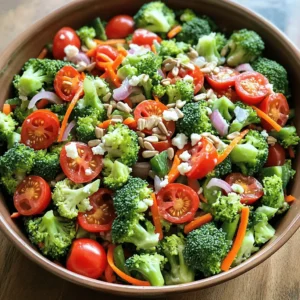 - 3 cups fresh broccoli florets - 1 cup cherry tomatoes, halved - 1/2 cup red bell pepper, diced - 1/4 cup red onion, finely chopped - 1/2 cup shredded carrots - 1/3 cup sunflower seeds - 1/4 cup feta cheese, crumbled (optional) - 3 tablespoons olive oil - 2 tablespoons apple cider vinegar - 1 tablespoon honey - Salt and pepper to taste - 1 teaspoon Dijon mustard The ingredients in the Broccoli Bliss Salad create a vibrant and fresh dish. You’ll start with broccoli, a superfood packed with vitamins. The cherry tomatoes add sweetness and color. Red bell pepper gives a crunchy texture, while red onion adds a sharp flavor. Shredded carrots contribute a nice balance with their natural sweetness. You can enhance the salad with sunflower seeds for a delightful crunch. If you enjoy creamy flavors, crumbled feta cheese works well. The dressing ties everything together. It includes olive oil, apple cider vinegar, honey, salt, pepper, and Dijon mustard. This blend of flavors brings out the best in the salad. You can find the full recipe above. Gather these ingredients to create a fresh and tasty Broccoli Bliss Salad! 1. Prepare broccoli: Start with fresh broccoli florets. If you want a softer bite, blanch them. Boil water in a pot. Add the florets for just 1-2 minutes. Then, place them in ice water to stop cooking. Drain and set aside. This step helps keep the color bright and adds a tender crunch. 2. Combine other vegetables: In a large mixing bowl, add the blanched broccoli. Next, toss in halved cherry tomatoes, diced red bell pepper, finely chopped red onion, and shredded carrots. Mix everything gently to combine. Each veggie brings its unique flavor and adds color to the salad. 3. Whisk together dressing ingredients: In a small bowl, add olive oil, apple cider vinegar, honey, Dijon mustard, salt, and pepper. Whisk until well combined. The dressing will tie all the flavors together. The sweet honey balances the tangy vinegar and mustard, creating a delicious blend. 4. Toss salad ingredients with the dressing: Pour the dressing over the vegetable mix. Toss well until everything is coated. This is where the magic happens. The dressing enhances the flavors of each ingredient. 5. Add sunflower seeds and feta cheese just before serving: Right before you serve, sprinkle sunflower seeds and feta cheese on top. This adds crunch and creaminess. If you want a nut-free option, skip the seeds. 6. Allow flavors to meld for 10 minutes: Let the salad sit for about 10 minutes. This waiting time helps the flavors blend. You’ll notice how the dressing seeps into the veggies, making each bite even tastier. This simple process creates a fresh and vibrant Broccoli Bliss Salad that you will love. For the complete recipe, check out the Full Recipe section. Enjoy this delightful dish! For fresh broccoli, I recommend visiting local farmers' markets. You will find vibrant green florets that are crisp and full of flavor. Supermarkets may have broccoli, but it can lack freshness. Look for firm stems and tight florets. A rich green color shows it’s ripe! When choosing cherry tomatoes, feel for firmness. Ripe tomatoes should have a deep, rich color. Avoid any with wrinkles or blemishes. If you can, smell them; a sweet scent means they are ready to eat. To boost the taste of your Broccoli Bliss Salad, consider adding spices like garlic powder or smoked paprika. Fresh herbs like dill or cilantro can add a nice twist. They each bring a unique flavor that pairs well with the other ingredients. For the dressing, try adding a squeeze of lemon juice or a dash of hot sauce. These additions can brighten the flavors and add a bit of zing. When serving the salad, use a large, vibrant bowl to catch the eye. This makes it stand out at gatherings. Layer the ingredients to create a colorful display. For garnishing, sprinkle extra sunflower seeds on top for crunch. A light dusting of feta cheese adds both taste and beauty. Fresh herbs like parsley or basil can also offer a lovely pop of green. {{image_2}} You can boost the protein in your Broccoli Bliss Salad easily. Adding cooked chicken makes it heartier. Simply chop the chicken into bite-sized pieces and mix it in. If you prefer a plant-based option, chickpeas are great too. Rinse canned chickpeas and toss them in the salad. They add a nice texture and protein boost. Making this salad vegan is simple! Just skip the feta cheese and use maple syrup instead of honey. For a gluten-free version, ensure your mustard is gluten-free. If you want a nut-free option, feel free to leave out the sunflower seeds. This way, you can cater to various dietary needs without losing flavor. Seasonal vegetables can give your salad a fun twist. For example, try adding roasted butternut squash in the fall or fresh asparagus in the spring. You can also mix in fruits like apples or cranberries. Their sweetness pairs well with the savory elements of the salad, making it even more delightful. Store any leftover Broccoli Bliss Salad in an airtight container. This keeps the salad fresh and crisp. The salad lasts up to three days in the fridge. However, the longer it sits, the softer the veggies become. For the best taste, enjoy it within two days. You can freeze Broccoli Bliss Salad, but it's not ideal. Freezing can change the texture of fresh veggies. If you want to freeze it, separate the dressing from the salad components. Freeze the salad mix without the dressing for up to three months. When ready to eat, thaw it in the fridge overnight. To refresh the salad before serving, just give it a good toss. Adding a little extra dressing can help revive the flavors. Avoid heating the salad in the microwave. This will make it mushy. Instead, serve it cold for the best taste. Broccoli Bliss Salad is a vibrant, fresh mix of flavors and nutrients. This salad features crisp broccoli florets, juicy cherry tomatoes, and sweet red bell peppers. You also get finely chopped red onion and colorful shredded carrots. Together, these ingredients create a crunchy and colorful dish. The salad gets a delicious dressing made with olive oil, apple cider vinegar, and a hint of honey. You can add sunflower seeds for crunch and feta cheese for creaminess. It's a feast for the eyes and the taste buds! Yes, you can prepare Broccoli Bliss Salad ahead of time. To make it easy, chop the vegetables and keep them in the fridge. Mix the dressing in a separate bowl and store it in a jar. When you're ready to serve, combine everything and toss it with the dressing. This method keeps the salad fresh and crisp. Just remember to add the sunflower seeds and feta cheese right before serving. They add texture and flavor that you want to keep crunchy! If you need a substitute for sunflower seeds, there are many great options. Here are some ideas: - Pumpkin seeds add a nice crunch. - Chopped walnuts bring a rich flavor. - Sliced almonds offer a light, nutty taste. - Toasted sesame seeds give a unique twist. - Dried cranberries or raisins can add a hint of sweetness. These alternatives will still give your salad great texture and flavor. Enjoy experimenting with what you have on hand! The Broccoli Bliss Salad combines fresh veggies, seeds, and a zesty dressing. You learned how to prepare, mix, and enhance this dish. Don’t forget the tips for selecting ingredients and enhancing flavor! You can make this salad your own with easy variations for protein and diet needs. Follow the storage information to enjoy leftovers at their best. This salad is both delicious and nutritious, perfect for any meal. Make it for your next gathering, and impress your friends with your new cooking skills!