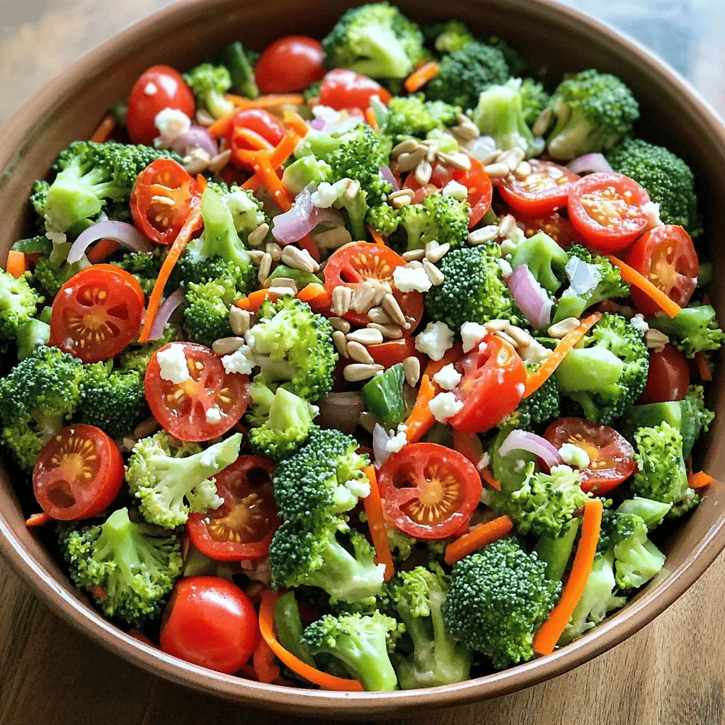 - 3 cups fresh broccoli florets - 1 cup cherry tomatoes, halved - 1/2 cup red bell pepper, diced - 1/4 cup red onion, finely chopped - 1/2 cup shredded carrots - 1/3 cup sunflower seeds - 1/4 cup feta cheese, crumbled (optional) - 3 tablespoons olive oil - 2 tablespoons apple cider vinegar - 1 tablespoon honey - Salt and pepper to taste - 1 teaspoon Dijon mustard The ingredients in the Broccoli Bliss Salad create a vibrant and fresh dish. You’ll start with broccoli, a superfood packed with vitamins. The cherry tomatoes add sweetness and color. Red bell pepper gives a crunchy texture, while red onion adds a sharp flavor. Shredded carrots contribute a nice balance with their natural sweetness. You can enhance the salad with sunflower seeds for a delightful crunch. If you enjoy creamy flavors, crumbled feta cheese works well. The dressing ties everything together. It includes olive oil, apple cider vinegar, honey, salt, pepper, and Dijon mustard. This blend of flavors brings out the best in the salad. You can find the full recipe above. Gather these ingredients to create a fresh and tasty Broccoli Bliss Salad! 1. Prepare broccoli: Start with fresh broccoli florets. If you want a softer bite, blanch them. Boil water in a pot. Add the florets for just 1-2 minutes. Then, place them in ice water to stop cooking. Drain and set aside. This step helps keep the color bright and adds a tender crunch. 2. Combine other vegetables: In a large mixing bowl, add the blanched broccoli. Next, toss in halved cherry tomatoes, diced red bell pepper, finely chopped red onion, and shredded carrots. Mix everything gently to combine. Each veggie brings its unique flavor and adds color to the salad. 3. Whisk together dressing ingredients: In a small bowl, add olive oil, apple cider vinegar, honey, Dijon mustard, salt, and pepper. Whisk until well combined. The dressing will tie all the flavors together. The sweet honey balances the tangy vinegar and mustard, creating a delicious blend. 4. Toss salad ingredients with the dressing: Pour the dressing over the vegetable mix. Toss well until everything is coated. This is where the magic happens. The dressing enhances the flavors of each ingredient. 5. Add sunflower seeds and feta cheese just before serving: Right before you serve, sprinkle sunflower seeds and feta cheese on top. This adds crunch and creaminess. If you want a nut-free option, skip the seeds. 6. Allow flavors to meld for 10 minutes: Let the salad sit for about 10 minutes. This waiting time helps the flavors blend. You’ll notice how the dressing seeps into the veggies, making each bite even tastier. This simple process creates a fresh and vibrant Broccoli Bliss Salad that you will love. For the complete recipe, check out the Full Recipe section. Enjoy this delightful dish! For fresh broccoli, I recommend visiting local farmers' markets. You will find vibrant green florets that are crisp and full of flavor. Supermarkets may have broccoli, but it can lack freshness. Look for firm stems and tight florets. A rich green color shows it’s ripe! When choosing cherry tomatoes, feel for firmness. Ripe tomatoes should have a deep, rich color. Avoid any with wrinkles or blemishes. If you can, smell them; a sweet scent means they are ready to eat. To boost the taste of your Broccoli Bliss Salad, consider adding spices like garlic powder or smoked paprika. Fresh herbs like dill or cilantro can add a nice twist. They each bring a unique flavor that pairs well with the other ingredients. For the dressing, try adding a squeeze of lemon juice or a dash of hot sauce. These additions can brighten the flavors and add a bit of zing. When serving the salad, use a large, vibrant bowl to catch the eye. This makes it stand out at gatherings. Layer the ingredients to create a colorful display. For garnishing, sprinkle extra sunflower seeds on top for crunch. A light dusting of feta cheese adds both taste and beauty. Fresh herbs like parsley or basil can also offer a lovely pop of green. {{image_2}} You can boost the protein in your Broccoli Bliss Salad easily. Adding cooked chicken makes it heartier. Simply chop the chicken into bite-sized pieces and mix it in. If you prefer a plant-based option, chickpeas are great too. Rinse canned chickpeas and toss them in the salad. They add a nice texture and protein boost. Making this salad vegan is simple! Just skip the feta cheese and use maple syrup instead of honey. For a gluten-free version, ensure your mustard is gluten-free. If you want a nut-free option, feel free to leave out the sunflower seeds. This way, you can cater to various dietary needs without losing flavor. Seasonal vegetables can give your salad a fun twist. For example, try adding roasted butternut squash in the fall or fresh asparagus in the spring. You can also mix in fruits like apples or cranberries. Their sweetness pairs well with the savory elements of the salad, making it even more delightful. Store any leftover Broccoli Bliss Salad in an airtight container. This keeps the salad fresh and crisp. The salad lasts up to three days in the fridge. However, the longer it sits, the softer the veggies become. For the best taste, enjoy it within two days. You can freeze Broccoli Bliss Salad, but it's not ideal. Freezing can change the texture of fresh veggies. If you want to freeze it, separate the dressing from the salad components. Freeze the salad mix without the dressing for up to three months. When ready to eat, thaw it in the fridge overnight. To refresh the salad before serving, just give it a good toss. Adding a little extra dressing can help revive the flavors. Avoid heating the salad in the microwave. This will make it mushy. Instead, serve it cold for the best taste. Broccoli Bliss Salad is a vibrant, fresh mix of flavors and nutrients. This salad features crisp broccoli florets, juicy cherry tomatoes, and sweet red bell peppers. You also get finely chopped red onion and colorful shredded carrots. Together, these ingredients create a crunchy and colorful dish. The salad gets a delicious dressing made with olive oil, apple cider vinegar, and a hint of honey. You can add sunflower seeds for crunch and feta cheese for creaminess. It's a feast for the eyes and the taste buds! Yes, you can prepare Broccoli Bliss Salad ahead of time. To make it easy, chop the vegetables and keep them in the fridge. Mix the dressing in a separate bowl and store it in a jar. When you're ready to serve, combine everything and toss it with the dressing. This method keeps the salad fresh and crisp. Just remember to add the sunflower seeds and feta cheese right before serving. They add texture and flavor that you want to keep crunchy! If you need a substitute for sunflower seeds, there are many great options. Here are some ideas: - Pumpkin seeds add a nice crunch. - Chopped walnuts bring a rich flavor. - Sliced almonds offer a light, nutty taste. - Toasted sesame seeds give a unique twist. - Dried cranberries or raisins can add a hint of sweetness. These alternatives will still give your salad great texture and flavor. Enjoy experimenting with what you have on hand! The Broccoli Bliss Salad combines fresh veggies, seeds, and a zesty dressing. You learned how to prepare, mix, and enhance this dish. Don’t forget the tips for selecting ingredients and enhancing flavor! You can make this salad your own with easy variations for protein and diet needs. Follow the storage information to enjoy leftovers at their best. This salad is both delicious and nutritious, perfect for any meal. Make it for your next gathering, and impress your friends with your new cooking skills!
