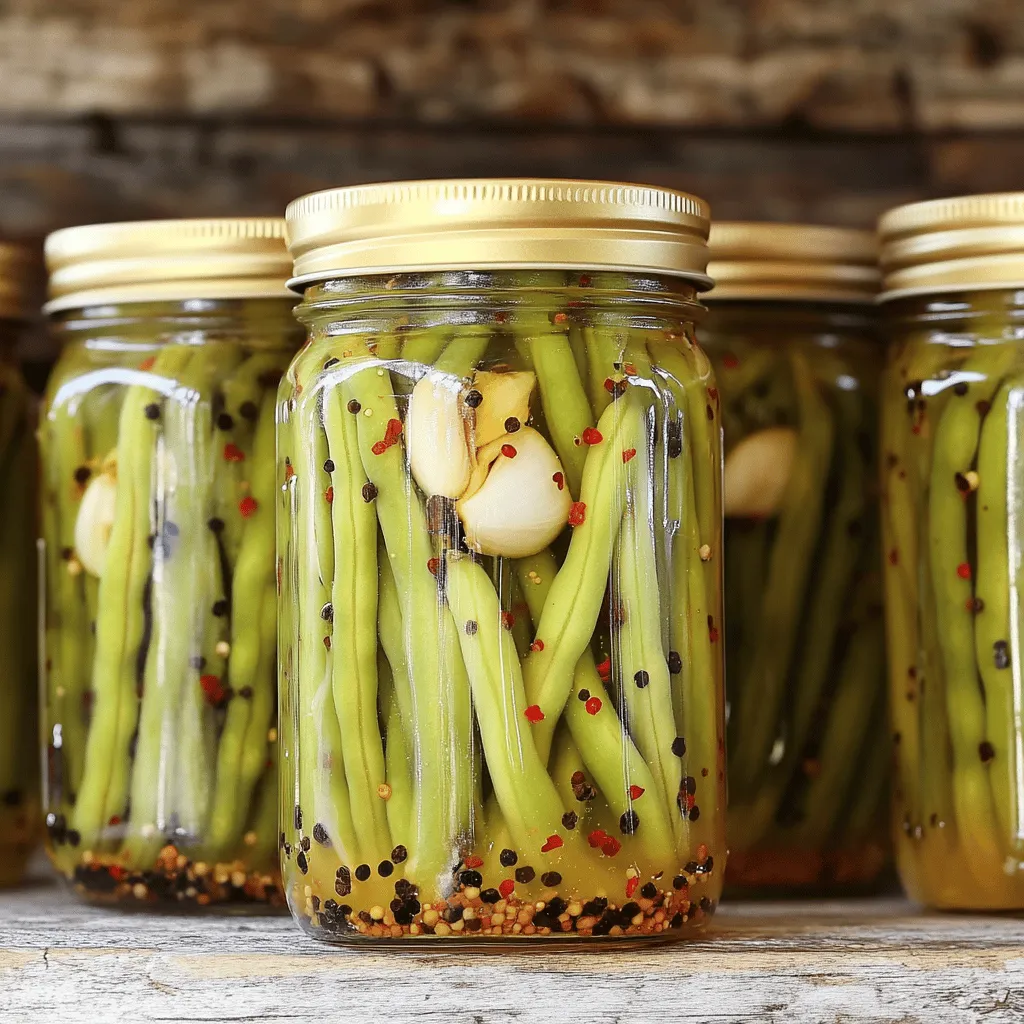 - 1 pound fresh green beans, trimmed - 2 cloves garlic, peeled and smashed Fresh ingredients make a big difference in flavor. Choose bright green beans. They should feel firm and snap easily. The garlic adds a rich taste. Smash it gently to release more flavor. - 1 cup distilled white vinegar - 1 cup water - 2 tablespoons kosher salt - 2 tablespoons sugar The pickling solution balances tartness and sweetness. Distilled white vinegar gives a clean taste. Water helps dilute the vinegar. Kosher salt adds flavor and helps preserve. Sugar rounds out the sharp taste and adds a hint of sweetness. - 1 teaspoon black peppercorns - 1 teaspoon red pepper flakes (adjust to taste) - 1 teaspoon mustard seeds - 1 bay leaf Spices bring the heat and depth. Black peppercorns give warmth. Red pepper flakes add a kick, so adjust these to your taste. Mustard seeds offer a tangy crunch. The bay leaf infuses a subtle herbal note. These ingredients combine to create spicy pickled green beans that burst with flavor. For the full recipe, be sure to check out the complete guide. Start by sterilizing your jars. Take your mason jars and lids, and place them in a pot of boiling water for 10 minutes. This step keeps your pickled green beans safe and fresh. After the time is up, carefully remove the jars and lids. Set them aside to cool completely. This cooling helps prevent cracking when you add hot liquids later. Next, let's make the pickling brine. In a saucepan, combine 1 cup of distilled white vinegar, 1 cup of water, 2 tablespoons of kosher salt, and 2 tablespoons of sugar. Stir the mixture well. Heat it over medium heat until the salt and sugar dissolve completely. This should take just a few minutes. Once dissolved, remove the saucepan from the heat. Your brine is now ready to use. Now it’s time to pack and seal the jars. In each sterilized jar, add the smashed garlic, black peppercorns, red pepper flakes, mustard seeds, and bay leaf. These spices will give your green beans a bold flavor. Next, pack the trimmed green beans vertically into the jars. Leave about 1/2 inch of headspace at the top. Carefully pour the hot vinegar mixture over the green beans. Make sure the liquid completely covers them. Wipe the rims of the jars with a clean cloth to remove any spills. Finally, seal the jars with the lids. Let the jars cool to room temperature, then refrigerate. Allow the beans to pickle for at least 24 hours before tasting for the best flavor. For the full recipe, you can refer to the detailed instructions above. To get the best results, start by sterilizing your jars. This step kills germs and keeps your pickles safe. Boil your mason jars and lids in water for 10 minutes. After that, let them cool before using. Next, you might want to adjust the spice levels. If you like it hot, add more red pepper flakes. If you prefer mild, use less. Always taste the brine before pouring it over the beans. You can enhance the flavor of your pickled green beans with simple additions. Try adding dill or coriander for a fresh twist. You can also add sliced jalapeños for an extra kick. Refrigerate the beans for at least 24 hours. This time helps the flavors blend and deepen. For the best taste, let them sit for a week. Spicy pickled green beans are great as a snack or side dish. They pair well with grilled meats or spicy tacos. You can also chop them up and add them to salads for a crunch. Get creative! Use them in a Bloody Mary or as a garnish for cocktails. They add a fun twist and a pop of flavor. Check out the full recipe for more ideas! {{image_2}} You can mix up the flavor of your spicy pickled green beans. Try using different types of peppers. Jalapeños add heat, while bell peppers add sweetness. You can also use dried chili peppers for a smoky taste. Adding herbs or other spices can change things up too. Dill, thyme, or even coriander can enhance the flavor. Experiment with what you like best! There are two main ways to prepare these pickled green beans. The quick pickling technique is great for fast results. You can enjoy them in just a day or two. Just follow the basic recipe and refrigerate the jars. If you want longer shelf life, try canning. This method lets you store them in a cool, dark place for months. Make sure to follow safe canning practices to keep your food safe. You can make spicy pickled green beans to fit your diet. They are naturally vegan and gluten-free. Just check the labels on your spices to ensure they meet these needs. If you're watching your sodium, you can try low-sodium pickling ideas. Use less salt in your brine, or opt for a salt substitute. You still get great flavor even with fewer sodium levels. For the full recipe, check out the instructions to create your own delicious spicy pickled green beans. How long do pickled green beans last? Once you make spicy pickled green beans, they can last about 1 to 2 months in the fridge. Make sure to keep them in a sealed jar. This helps keep them fresh and crunchy. Best practices for safe storage include using clean, sterilized jars. Always seal the jars tightly after each use. Also, store them on a shelf in your fridge where the temperature stays even. Can you freeze pickled green beans? Yes, you can freeze them! This option is great if you want to keep them longer. Steps to freeze them properly involve a few simple actions: 1. First, let the pickled green beans cool completely. 2. Then, pack them into freezer-safe bags or containers. 3. Make sure to leave some space at the top for expansion. 4. Label each bag or container with the date. This way, you can enjoy them later without losing flavor. How do you identify spoiled pickled green beans? Look for any signs of mold on the surface. A bad smell is another warning sign. If the color changes or they become mushy, it’s time to toss them out. Tips for safe consumption include always checking the seal before eating. If the lid pops when you open it, that’s a good sign! But if it doesn’t, it may have gone bad. Always trust your senses when it comes to food safety. For the full recipe, check out the Spicy Pickled Green Beans recipe. You should wait at least 24 hours for spicy pickled green beans to pickle. This time allows the flavors to blend well. The longer you wait, the better they taste. Many people enjoy letting them sit for a whole week for more flavor. Yes, you can use different types of green beans. Snap beans and haricots verts work great too. Just pick beans that are fresh and crisp. This will help keep the final dish crunchy and tasty. You can buy spicy pickled green beans at local grocery stores. Many farmers' markets also sell homemade jars. Look for them in the canned vegetable aisle. If you want more options, try online stores that specialize in pickled goods. Green beans are low in calories and high in nutrients. They offer vitamins A, C, and K. They are also a good source of fiber. Eating green beans can help with digestion and promote heart health. Plus, they contain antioxidants that fight free radicals in your body. In this blog post, I covered how to make spicy pickled green beans. We discussed the fresh ingredients, the pickling solution, and the specific spices you can use. I shared step-by-step instructions, tips for perfect pickling, and variations to suit your taste. Finally, I outlined storage guidelines and common questions. Pickling green beans is fun and rewarding. You can enjoy tasty snacks while preserving your harvest. Remember, customizing the recipe makes it even better!