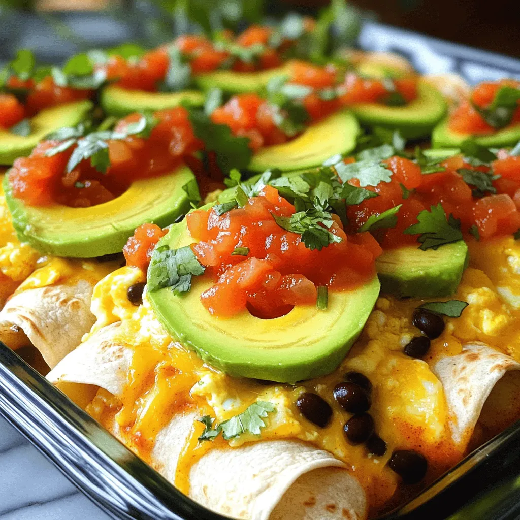 To make your Breakfast Enchiladas, gather these simple ingredients: - 6 large flour tortillas - 4 eggs - 1 cup black beans, drained and rinsed - 1 cup diced bell peppers (mix of red and green) - 1 small onion, finely chopped - 1 cup shredded cheese (cheddar or a Mexican blend) - 1/2 cup salsa - 1/4 cup fresh cilantro, chopped - 1 teaspoon ground cumin - 1 teaspoon paprika - Salt and pepper to taste - 2 tablespoons olive oil - 1 avocado, sliced (for garnish) - Sour cream, for serving (optional) A serving of these Breakfast Enchiladas has around 350-400 calories. Each serving provides a good mix of protein, fiber, and healthy fats. Here’s a quick breakdown: - Calories: 350-400 - Protein: 15-20 grams - Carbohydrates: 30-35 grams - Fiber: 8-10 grams - Fat: 15-20 grams These enchiladas give a balanced meal to start your day right. To prepare these Breakfast Enchiladas, you’ll need some basic kitchen tools: - Skillet for sautéing - Mixing bowl for eggs - Whisk for mixing eggs - 9x13 inch baking dish for baking - Spatula for serving - Knife and cutting board for chopping ingredients With these tools, you’ll have everything you need to create a tasty breakfast! For the full recipe, check out the Sunny Morning Breakfast Enchiladas. Making Breakfast Enchiladas is fun and simple. Follow these steps for a tasty meal. 1. Preheat the oven: Set your oven to 350°F (175°C). 2. Sauté the veggies: In a skillet, heat 2 tablespoons of olive oil over medium heat. Add 1 small chopped onion and 1 cup of diced bell peppers. Cook until soft, about 5 minutes. 3. Scramble the eggs: In a bowl, whisk together 4 eggs, 1 teaspoon ground cumin, 1 teaspoon paprika, salt, and pepper. Pour the eggs into the skillet with the veggies. Stir until the eggs are fully cooked. 4. Add beans and herbs: Remove the skillet from heat. Mix in 1 cup of black beans and half of the chopped cilantro. 5. Prepare the tortillas: Take a large flour tortilla and spoon about 1/4 of the egg mixture into the center. Sprinkle with a little shredded cheese. 6. Roll the tortillas: Tightly roll the tortilla around the filling. Place it seam-side down in a greased 9x13 inch baking dish. Repeat with the remaining tortillas. Baking your enchiladas adds flavor and melts the cheese. Here's how to do it right: 1. Pour the salsa: Once all tortillas are in the dish, pour 1/2 cup of salsa evenly over the top. 2. Add more cheese: Sprinkle the remaining shredded cheese over the salsa. 3. Bake: Place the dish in the preheated oven. Bake for 20-25 minutes. Look for the cheese to be melted and bubbly. To make your Breakfast Enchiladas even better, try these tips: - Use fresh ingredients: Fresh herbs and veggies can make a big difference in taste. - Experiment with spices: Try adding chili powder or garlic for extra flavor. - Adjust the filling: Add cooked sausage or bacon for a meaty version. - Let them cool: Allow the enchiladas to sit for a few minutes after baking. This helps the flavors meld together. For the complete recipe, check out the Full Recipe. Enjoy your cooking! To make perfect scrambled eggs, use a non-stick skillet. Heat the skillet over medium heat. Add oil, then onions and bell peppers. Sauté them until soft. This takes about five minutes. Then, whisk your eggs well with salt, pepper, cumin, and paprika. Pour the eggs into the skillet. Stir gently until they are fully cooked. Mix in the black beans and half the cilantro. This gives a nice flavor to your filling. To elevate your breakfast enchiladas, try adding spices like chili powder or oregano. Fresh herbs also work well, like cilantro or parsley. You can even squeeze fresh lime juice on top before serving. This adds a bright taste that wakes up the flavors! These enchiladas pair well with fresh fruit or a green salad. You can also serve them with a side of refried beans. For a creamy touch, add avocado slices on top. A dollop of sour cream completes your dish nicely. If you want something warm, serve them with a side of tortilla chips. Check out the Full Recipe for more ideas. {{image_2}} To make vegetarian Breakfast Enchiladas, you can skip the eggs and use more veggies. Try using: - 1 cup chopped spinach - 1 cup diced zucchini - 1 cup mushrooms, sliced Start by sautéing these vegetables in olive oil. Then, mix them with black beans and cheese. Wrap this filling in tortillas and follow the main recipe steps. This keeps it tasty and hearty. If you love protein, add some meat! Here are a few options: - Cooked bacon, chopped - Breakfast sausage, crumbled - Shredded chicken For bacon, cook it until crispy, then chop before adding to the filling. For sausage, cook it in the skillet first. For chicken, use rotisserie chicken for a quick option. Mix these into the egg mixture for extra flavor. To make gluten-free enchiladas, swap flour tortillas for corn tortillas. Be sure to check labels to confirm they are gluten-free. You can also use lettuce wraps for a low-carb option. Just fill the leaves and roll them up. These options keep the dish light and delicious. To keep your breakfast enchiladas fresh, store them in an airtight container. Wait for them to cool before sealing. This helps avoid sogginess. You can keep them in the fridge for up to three days. If you have leftovers, try to eat them within this time for the best taste. Make sure to label the container with the date. If you want to freeze your breakfast enchiladas, first let them cool completely. Wrap each enchilada in plastic wrap tightly. Then place them in a freezer-safe bag or container. This method helps keep them fresh. You can freeze them for up to three months. When ready to eat, thaw them in the fridge overnight before reheating. To reheat your enchiladas, preheat your oven to 350°F (175°C). Place the enchiladas in a baking dish. Add a splash of water or salsa to keep them moist. Cover the dish with foil to prevent drying out. Heat for about 15-20 minutes, or until warm. For a quick option, you can use the microwave. Heat them for 1-2 minutes on high, but cover them with a damp paper towel. This keeps them from getting too dry. You can replace eggs with tofu. Crumble firm tofu and sauté it just like eggs. Add spices to mimic the flavor of eggs. You can also use beans or lentils for protein. Another option is to use a mix of vegetables like mushrooms and spinach. This keeps the dish hearty and tasty. Yes, you can prepare them in advance. Make the filling and roll the enchiladas. Store them in the fridge before baking. This saves time on busy mornings. Just cover them with plastic wrap or foil. Bake them the next morning, adding a few extra minutes to the cooking time. Serve them with fresh fruit for a light touch. A side salad with avocado and tomatoes pairs well too. You might want to add a refreshing drink like orange juice or coffee. These add flavor and balance to your meal. You can also serve sour cream on the side for a creamy finish. In this post, we covered everything you need for Breakfast Enchiladas. We discussed the key ingredients, tools, and a step-by-step guide to make them perfectly. I shared tips for enhancing flavor and preparing different variations, like vegetarian or gluten-free. Lastly, we looked at how to store and reheat leftovers. Now you can enjoy a tasty breakfast any day. Experiment with your own twists to make this dish shine!