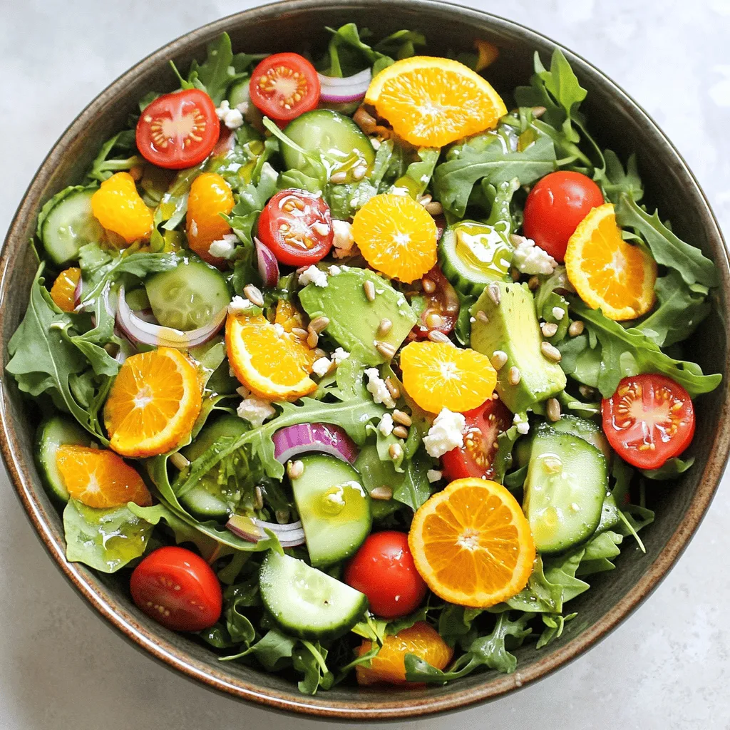 - 2 cups mixed greens (arugula, spinach, and romaine) - 1 cup cherry tomatoes, halved - 1 cup cucumber, diced - 1 ripe avocado, diced - 1 orange, segmented - 1/4 cup red onion, thinly sliced - 1/4 cup crumbled feta cheese - 1/4 cup sunflower seeds - 3 tablespoons olive oil - 2 tablespoons apple cider vinegar - 1 teaspoon honey - Salt and pepper to taste For a great Sunshine Salad, start with fresh produce. Mixed greens give a nice base. I love using arugula, spinach, and romaine for a mix of flavors. Cherry tomatoes add sweetness, while cucumber brings crunch. Next, add a ripe avocado. It makes the salad creamy. The orange segments add a burst of juicy flavor. Lastly, thinly sliced red onion gives a nice bite. Now, let’s talk about the other ingredients. Crumbled feta cheese adds a salty kick. Sunflower seeds add extra crunch and nutrition. For the dressing, whisk together olive oil, apple cider vinegar, honey, salt, and pepper. This simple mix adds a bright flavor. Make sure to check the Full Recipe for all the details. Enjoy your colorful and tasty Sunshine Salad! - First, wash all the fresh produce. - Dry the greens and place them in a bowl. - Dice the cucumber and avocado into small pieces. - Halve the cherry tomatoes and segment the orange. - Thinly slice the red onion. - Start with the mixed greens as the base in your bowl. - Layer the cherry tomatoes and cucumber on top. - Next, add the diced avocado and orange segments. - Sprinkle the sliced red onion and crumbled feta cheese over the layers. - Finally, add the sunflower seeds for a nice crunch. - In a small bowl, whisk together the olive oil and apple cider vinegar. - Add honey, salt, and pepper to taste. - Mix until the dressing is smooth and well combined. - Drizzle the dressing over the salad before tossing gently. - Be careful not to break the avocado pieces as you mix. This Sunshine Salad is a burst of flavor and color. For the full recipe, check out the [Full Recipe]. To make your Sunshine Salad shine, presentation matters. Serve it in a large, shallow bowl or on individual plates. This way, the colorful ingredients pop! Garnish with extra orange segments. Add a sprinkle of sunflower seeds on top for a fun crunch. This adds color and makes it look fresh and inviting. Feel free to swap ingredients based on your diet. For a vegan option, skip the feta cheese or use a plant-based version. You can replace honey with agave syrup for a vegan dressing. If you don’t like red onion, try green onions or chives for a milder taste. You can also use any leafy green you like, such as kale or mixed greens. Balancing flavors makes this salad a joy to eat. Start with the dressing. Olive oil and apple cider vinegar give a nice tang. Adjust the salt and pepper to taste. If you want more sweetness, add a bit more honey. To mix it up, try adding herbs like basil or mint. They will boost the flavor even more. The crunch from the sunflower seeds pairs well with the creamy avocado. Enjoy the mix of textures! For the [Full Recipe], click here. {{image_2}} You can change the fruits and veggies in the Sunshine Salad based on the seasons. In summer, I love adding sweet peaches or juicy strawberries. These fruits bring a delightful sweetness. In fall, try including crisp apples or juicy pears. They add a nice crunch and flavor. Using seasonal produce gives your salad a fresh taste and bright colors. To make your Sunshine Salad more filling, add some protein. Grilled chicken is a great choice. It pairs well with the salad's tangy flavors. Shrimp also works nicely, adding a touch of the sea. If you prefer a plant-based option, add chickpeas. They are rich in protein and fiber. These additions make your salad hearty and satisfying. While the basic dressing is tasty, you can try other options. A citrus vinaigrette can add a zesty kick. Just mix orange juice, olive oil, and a bit of honey. A creamy dressing like ranch or tahini also goes well. Each dressing will change the flavor, keeping it fresh and fun. Feel free to explore these variations to make the Sunshine Salad your own! For the complete recipe, check out the Full Recipe. To keep your Sunshine Salad fresh, store it in an airtight container. This container should be placed in the fridge. Use the salad within two days for the best taste. Keep the dressing separate until you are ready to eat. This helps prevent sogginess. If you notice any wilting, remove those greens before storing. Prep your ingredients in advance to save time. Wash and chop the mixed greens, tomatoes, and cucumbers. You can store these in separate containers. Dice the avocado and orange just before serving to keep them fresh. Crumble the feta cheese and store it in its own container. This makes it easy to assemble your salad quickly. When you're ready to serve the salad, check its freshness. If the greens look a bit wilted, give them a quick rinse in cold water. This can help revive them. Toss everything together and add the dressing just before serving. This keeps the salad crisp and bright. Enjoy the fresh taste of your Sunshine Salad! Sunshine Salad is a bright, tasty dish full of fresh flavors. It has mixed greens like arugula, spinach, and romaine as a base. You’ll find juicy cherry tomatoes, crisp cucumber, and creamy avocado in each bite. Orange segments add a sweet touch, while red onion adds a nice crunch. Crumbled feta cheese gives it a salty flavor, and sunflower seeds add a satisfying crunch. This salad bursts with colors and flavors, making it a feast for your eyes and taste buds. To make Sunshine Salad for a crowd, simply multiply each ingredient. If you need to serve 8 people, double the amounts. Use 4 cups of mixed greens and 2 cups each of tomatoes and cucumber. For other ingredients, just keep scaling up. A large bowl works best for mixing, so you have plenty of room to toss everything together. Remember, it’s all about keeping the ratios the same for that perfect balance. Yes, you can prepare Sunshine Salad ahead of time! To keep it fresh, store the dressing separately. Mix all the salad ingredients, but don’t add the dressing until you are ready to serve. This way, the greens stay crisp, and the flavors stay bright. You can prepare the salad a few hours in advance. Just cover it tightly in the fridge until serving time. Sunshine Salad is packed with nutrients. Mixed greens are rich in vitamins A and K. Cherry tomatoes are full of antioxidants. Cucumber keeps you hydrated and adds fiber. Avocado provides healthy fats that are good for your heart. Oranges bring vitamin C for a strong immune system. Feta cheese adds protein, and sunflower seeds offer vitamin E. This salad not only tastes good but also fuels your body with essential nutrients. This post covered how to make a vibrant Sunshine Salad. We explored fresh produce, tasty dressings, and smart tips for serving. Remember, you can change ingredients and adapt flavors to fit your taste. Storing leftovers properly helps keep your salad fresh. Finally, enjoy the health benefits that come with each colorful bite. Now, you can make this salad a regular part of your meals!