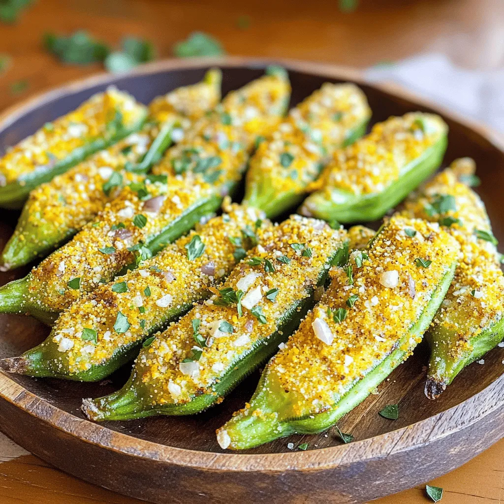To make crispy air fryer okra, gather these ingredients: - 1 pound fresh okra, trimmed and halved - 1 cup cornmeal - 1/2 cup all-purpose flour - 1 teaspoon garlic powder - 1 teaspoon onion powder - 1 teaspoon paprika - 1/2 teaspoon cayenne pepper (adjust to taste) - 1 teaspoon salt - 1/2 teaspoon black pepper - 2 large eggs - 2 tablespoons milk (or a dairy-free substitute) - Cooking spray These ingredients will help you create a tasty snack or side dish. You can customize your okra with different spices. Try these options: - Cajun seasoning for a kick - Italian herbs for a fresh twist - Lemon zest for brightness - Parmesan cheese for a cheesy flavor Feel free to mix and match to find your favorite blend! If you have dietary needs, here are some swaps: - Use gluten-free flour instead of all-purpose flour. - Replace eggs with a flaxseed mixture (1 tablespoon flaxseed meal + 2.5 tablespoons water). - Choose almond milk or oat milk for a dairy-free option. These substitutions keep the dish delicious while meeting your needs! First, set your air fryer to 400°F (200°C). Let it heat for about 5 minutes. Preheating helps the okra cook evenly. It also makes them crispier. A hot air fryer is key for great results. In a large bowl, mix the following ingredients: - 1 cup cornmeal - 1/2 cup all-purpose flour - 1 teaspoon garlic powder - 1 teaspoon onion powder - 1 teaspoon paprika - 1/2 teaspoon cayenne pepper - 1 teaspoon salt - 1/2 teaspoon black pepper Stir all the dry ingredients together until they blend well. This mix will give the okra a flavorful crust. In another bowl, whisk together: - 2 large eggs - 2 tablespoons milk Dip each okra piece into the egg mix. Let the extra drip off. Then, coat it in the breading mixture. Make sure each piece is fully covered. Now, lightly spray the air fryer basket with cooking spray. This step helps the okra not stick. Place the coated okra in a single layer. If your air fryer is small, you may need to work in batches. Finally, spray the tops of the okra with a bit more cooking spray. This helps them get extra crunchy. Follow these steps for tasty, crispy air fryer okra. You can find the detailed cooking process in the Full Recipe. To get that crunchy outside, use a solid breading mix. Combine cornmeal and flour for the best crunch. The eggs help the breading stick well to the okra. Ensure each piece is fully coated in the mix. This gives the okra a nice, crispy layer. Set your air fryer to 400°F (200°C). Cook the okra for 10 to 12 minutes. Shake the basket halfway through to ensure even cooking. If you see golden brown okra, it’s ready! Keep an eye on it, as every air fryer cooks a bit differently. Sogginess happens if the okra is wet. Make sure to dry the okra before breading. Another tip is to use cooking spray lightly. A thin layer helps to crisp the breading. Avoid overcrowding the basket. Cook in batches if needed for the best results. For the full recipe, check the Crispy Air Fryer Okra Delight section. {{image_2}} You can change the flavor of your crispy air fryer okra with fun seasoning blends. Try adding Italian herbs like oregano and basil. You can also use taco seasoning for a zesty twist. If you love a smoky flavor, add smoked paprika. Mix and match spices to find your favorite blend. Why stop at okra? You can add other veggies to the mix. Slice zucchini, bell peppers, or even carrots. They will cook well in the air fryer. Just make sure to adjust the cooking time. Cut your veggies into similar sizes for even cooking. This makes a colorful and tasty snack or side dish. Want more heat? Add chopped jalapeños or red pepper flakes to your breading mixture. You can also serve your okra with spicy dipping sauces. Hot sauce or a spicy ranch dip works great. These additions will give your dish a fiery kick. Enjoy experimenting to find the perfect level of spice! After you enjoy your crispy air fryer okra, store leftovers in an airtight container. This keeps them fresh and tasty. You can keep them in the fridge for about 3 days. Make sure to let them cool before sealing the container. To reheat your okra, use the air fryer again. Set the air fryer to 350°F (175°C). Heat the okra for about 5 minutes. This helps restore their crunch. Avoid using the microwave, as it makes them soggy. You can freeze okra for later use. First, let the cooked okra cool completely. Then, spread them on a baking sheet in a single layer. Freeze for 1-2 hours until firm. Transfer the okra to a freezer bag and remove as much air as possible. It stays good for up to 3 months. When ready to eat, reheat directly from frozen in your air fryer. Enjoy your crispy treat anytime! You can make Air Fryer Okra without oil by using a dry breading method. Coat the okra pieces in your breading mix, which consists of cornmeal and flour. Instead of using oil, ensure you shake off any extra moisture from the okra. This helps the breading stick well. You can still achieve a crispy texture by cooking at the right temperature and time. Yes, you can use frozen okra. Just remember to thaw it first. Pat it dry with a paper towel to remove excess moisture. This step is key to getting that crunch you want. The cooking time may vary slightly, so keep an eye on the okra as it cooks. Okra is packed with nutrients and offers many health benefits. It is low in calories and high in fiber, which aids digestion. Okra also contains vitamins like C and K, which support your immune system and bone health. Additionally, it has antioxidants that help fight inflammation. Enjoying okra can be a tasty way to boost your health! Air fryer okra is easy and fun to make. We covered the best ingredients, cooking steps, and tips for a crispy texture. You can even change up the recipe with different spices or veggies. Proper storage and reheating help keep your okra tasting fresh. Remember, this dish is not just good; it also gives health benefits. I hope you enjoy making and eating this delicious snack. Keep experimenting to find your perfect flavor!