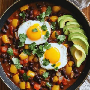 - 1 can (15 oz) black beans, drained and rinsed - 1 can (15 oz) diced tomatoes - 1 small onion, finely chopped - 2 cloves garlic, minced - 1 bell pepper (red or green), diced - 1 jalapeño, finely chopped (optional for heat) - 1 teaspoon ground cumin - 1 teaspoon chili powder - 4 large eggs - 2 tablespoons olive oil - Salt and pepper, to taste - Fresh cilantro, for garnish - Avocado slices, for serving The key to my Breakfast Chili and Eggs is using fresh, vibrant ingredients. Each one adds a layer of flavor. Black beans bring protein and heartiness. Diced tomatoes offer a juicy base. The onion and garlic give a sweet depth. Bell peppers add crunch, while the jalapeño gives an optional kick. Cumin and chili powder are the stars of the show. They create warmth and depth in your chili. Eggs create a rich, creamy texture when cooked. Olive oil helps everything sauté beautifully. Don't forget to season with salt and pepper. Fresh cilantro and avocado slices make the dish feel special. They add freshness and creaminess. You can enjoy this for breakfast or any meal. It’s a great way to start your day with energy! If you want to dive deeper into this recipe, check out the Full Recipe for more details. - Heat olive oil in the skillet. - Sauté onion and garlic until translucent. To start, grab a large skillet and pour in two tablespoons of olive oil. Place the skillet over medium heat. Olive oil adds a nice flavor and helps cook the veggies. Once the oil is hot, add one small chopped onion and two minced garlic cloves. Stir them around. You want the onion to turn soft and clear. This should take about 3-4 minutes. This step builds the base flavor for your chili. - Add bell pepper and jalapeño. - Incorporate black beans and diced tomatoes. Now, it's time to add some color and heat. Dice one bell pepper, either red or green, and add it to the skillet. If you like some spice, chop one jalapeño and toss it in too. Cook these for 2-3 minutes until they soften. Next, add one can of black beans and one can of diced tomatoes with their juices. Sprinkle in one teaspoon of ground cumin and one teaspoon of chili powder. Don’t forget to season with salt and pepper. Mix it all well. Bring this mixture to a gentle simmer. Let it cook for about 10 minutes. This allows all those great flavors to mingle. - Create wells in the mixture and crack eggs. - Cover and cook until whites are set. Once your chili is simmering, it’s egg time! Use the back of a spoon to make four small wells in the chili mixture. Crack one large egg into each well. Cover the skillet with a lid. Let the eggs cook for about 5-7 minutes. You want the whites to be set, but the yolks can be runny or firm, depending on your taste. This step makes the dish hearty and delicious. You can find the Full Recipe above to keep these steps handy. Enjoy making this fun breakfast! To get the perfect egg yolk doneness, you need to cover the skillet. This traps steam and helps the eggs cook evenly. If you want runny yolks, cook for about 5 minutes. For firmer yolks, wait a bit longer. You can also check them gently with a spoon. To ensure even cooking, stir the chili mixture before adding the eggs. This helps distribute the heat. Make sure your skillet is hot enough before adding the eggs. A well-heated skillet prevents sticking and helps the eggs cook properly. For sides, consider warm tortillas or crusty bread. Both add a nice touch to your meal. You could also serve it with fresh fruit or a light salad for balance. Presentation is key! Use a wide plate to showcase the colorful chili and eggs. Add a sprinkle of cilantro for a pop of green. Place avocado slices neatly on the side for a fresh look. To boost flavor, try adding smoked paprika or oregano. These spices add depth and warmth to your chili. You can also use fresh herbs like parsley or chives for a burst of freshness. For toppings, think beyond cilantro and avocado. Crumbled feta cheese adds creaminess. A squeeze of lime can brighten the dish. You could also try a dollop of sour cream for extra richness. {{image_2}} You can enjoy this dish even without eggs. For vegetarian options, use tofu instead. Simply scramble firm tofu in the skillet. For a vegan twist, replace eggs with chickpea flour. Whisk chickpea flour with water to create a batter. Cook it in wells like you would with eggs. This adds protein and keeps it plant-based. Want more heat? Add extra jalapeño or a pinch of cayenne. You can also use hot sauce for a kick. If you prefer less spice, remove the seeds from the jalapeño. You can even skip it altogether. For mild flavors, try sweet bell peppers or a pinch of paprika. Feel free to switch up the beans. Kidney beans or pinto beans work well too. You can add seasonal veggies like zucchini or spinach. This keeps the dish fresh and vibrant. Experiment with toppings like shredded cheese or diced bell peppers for added texture. Each variation brings a new twist to your breakfast chili. To keep your Breakfast Chili and Eggs fresh, follow these steps: - Refrigeration: Place leftovers in an airtight container. Store them in the fridge within two hours of cooking. They stay good for about 3 to 4 days. - Freezing: If you want to store them longer, freeze the chili. Use freezer-safe containers. It can last up to 2 months in the freezer. Just remember to leave some space in the container for expansion. To enjoy your leftovers, reheating is key. Here’s how: - Stovetop: Heat on medium in a skillet. Stir occasionally until warmed through. This keeps the flavor alive. - Microwave: Use a microwave-safe bowl. Cover it loosely with a lid or towel. Heat for 1-2 minutes, stirring halfway through. This method works well but may alter texture slightly. Knowing how long your dish lasts is crucial. Here are the details: - Refrigerated: Your chili can last for 3 to 4 days in the fridge. - Frozen: When properly frozen, it can last up to 2 months. - Signs of Spoilage: Look for off smells, changes in color, or any mold. If you see these, discard the dish. Always trust your senses! Yes, you can prepare Breakfast Chili and Eggs in advance. To do this, follow these tips: - Cook the chili part and let it cool. - Store the chili in an airtight container in the fridge. It lasts 3-4 days. - You can also freeze the chili for up to 3 months. - When ready to eat, reheat the chili on the stove. - Cook the eggs fresh when you serve it for the best texture. You can pair this dish with several tasty sides and drinks: - Toast or crusty bread for dipping. - Fresh fruit like sliced oranges or berries. - A light salad for added crunch. - Coffee or fresh juice to drink. Absolutely! You can modify the recipe for various diets: - For gluten-free, ensure all ingredients are certified gluten-free. - For dairy-free, skip the cheese or use a plant-based option. - Vegan? Use tofu or chickpeas instead of eggs. If you want more heat, here are some tips: - Add more jalapeños or use a spicier pepper. - Stir in hot sauce while cooking. - Sprinkle crushed red pepper flakes on top before serving. - Experiment with spices like cayenne pepper for extra kick. For the full recipe, check out Sunny Breakfast Chili ! In this post, we explored a tasty recipe for Breakfast Chili and Eggs. We covered ingredients, preparation steps, and cooking tips. I shared variations to suit different diets and spice levels. Remember, you can customize it to match your taste. This dish not only pleases the palate but also packs nutritional value. Enjoy experimenting with different ingredients and flavors. Your breakfast can be both fun and satisfying. Let's get cooking!