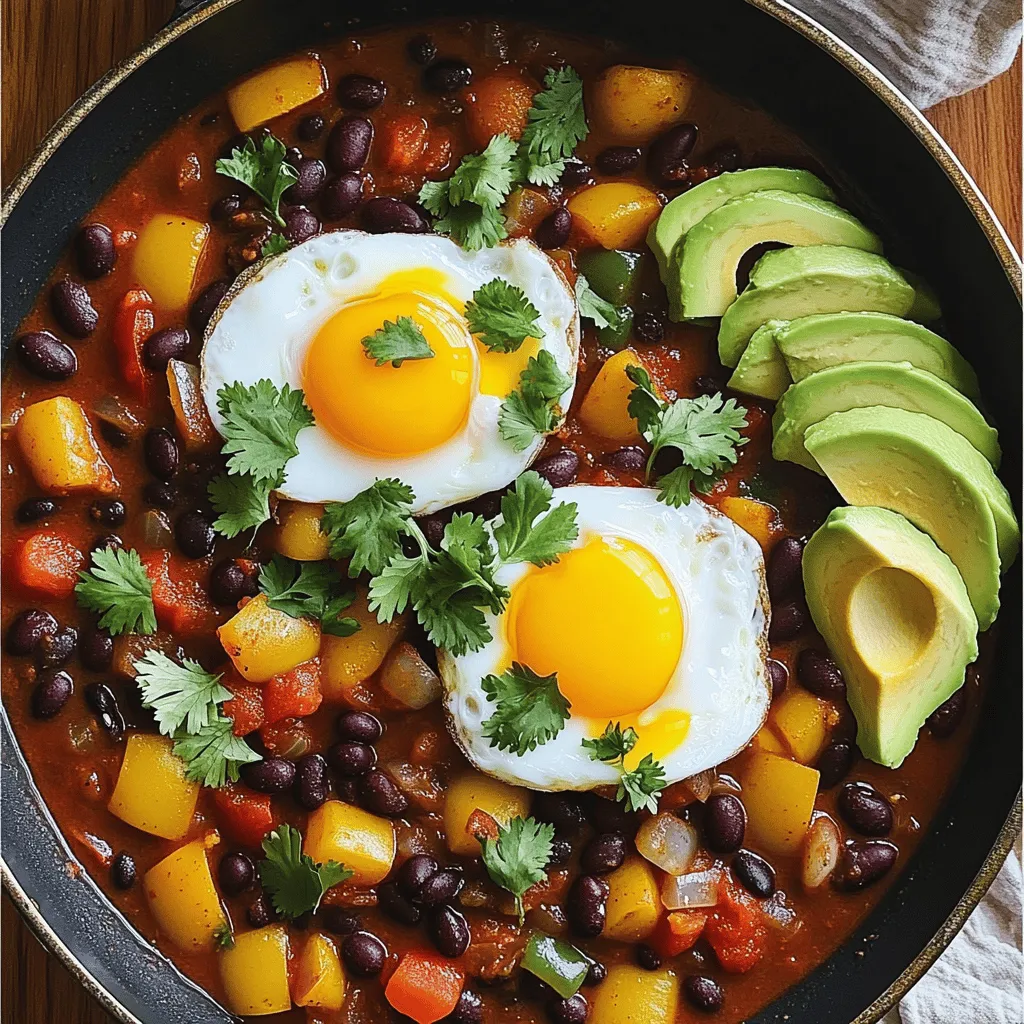 - 1 can (15 oz) black beans, drained and rinsed - 1 can (15 oz) diced tomatoes - 1 small onion, finely chopped - 2 cloves garlic, minced - 1 bell pepper (red or green), diced - 1 jalapeño, finely chopped (optional for heat) - 1 teaspoon ground cumin - 1 teaspoon chili powder - 4 large eggs - 2 tablespoons olive oil - Salt and pepper, to taste - Fresh cilantro, for garnish - Avocado slices, for serving The key to my Breakfast Chili and Eggs is using fresh, vibrant ingredients. Each one adds a layer of flavor. Black beans bring protein and heartiness. Diced tomatoes offer a juicy base. The onion and garlic give a sweet depth. Bell peppers add crunch, while the jalapeño gives an optional kick. Cumin and chili powder are the stars of the show. They create warmth and depth in your chili. Eggs create a rich, creamy texture when cooked. Olive oil helps everything sauté beautifully. Don't forget to season with salt and pepper. Fresh cilantro and avocado slices make the dish feel special. They add freshness and creaminess. You can enjoy this for breakfast or any meal. It’s a great way to start your day with energy! If you want to dive deeper into this recipe, check out the Full Recipe for more details. - Heat olive oil in the skillet. - Sauté onion and garlic until translucent. To start, grab a large skillet and pour in two tablespoons of olive oil. Place the skillet over medium heat. Olive oil adds a nice flavor and helps cook the veggies. Once the oil is hot, add one small chopped onion and two minced garlic cloves. Stir them around. You want the onion to turn soft and clear. This should take about 3-4 minutes. This step builds the base flavor for your chili. - Add bell pepper and jalapeño. - Incorporate black beans and diced tomatoes. Now, it's time to add some color and heat. Dice one bell pepper, either red or green, and add it to the skillet. If you like some spice, chop one jalapeño and toss it in too. Cook these for 2-3 minutes until they soften. Next, add one can of black beans and one can of diced tomatoes with their juices. Sprinkle in one teaspoon of ground cumin and one teaspoon of chili powder. Don’t forget to season with salt and pepper. Mix it all well. Bring this mixture to a gentle simmer. Let it cook for about 10 minutes. This allows all those great flavors to mingle. - Create wells in the mixture and crack eggs. - Cover and cook until whites are set. Once your chili is simmering, it’s egg time! Use the back of a spoon to make four small wells in the chili mixture. Crack one large egg into each well. Cover the skillet with a lid. Let the eggs cook for about 5-7 minutes. You want the whites to be set, but the yolks can be runny or firm, depending on your taste. This step makes the dish hearty and delicious. You can find the Full Recipe above to keep these steps handy. Enjoy making this fun breakfast! To get the perfect egg yolk doneness, you need to cover the skillet. This traps steam and helps the eggs cook evenly. If you want runny yolks, cook for about 5 minutes. For firmer yolks, wait a bit longer. You can also check them gently with a spoon. To ensure even cooking, stir the chili mixture before adding the eggs. This helps distribute the heat. Make sure your skillet is hot enough before adding the eggs. A well-heated skillet prevents sticking and helps the eggs cook properly. For sides, consider warm tortillas or crusty bread. Both add a nice touch to your meal. You could also serve it with fresh fruit or a light salad for balance. Presentation is key! Use a wide plate to showcase the colorful chili and eggs. Add a sprinkle of cilantro for a pop of green. Place avocado slices neatly on the side for a fresh look. To boost flavor, try adding smoked paprika or oregano. These spices add depth and warmth to your chili. You can also use fresh herbs like parsley or chives for a burst of freshness. For toppings, think beyond cilantro and avocado. Crumbled feta cheese adds creaminess. A squeeze of lime can brighten the dish. You could also try a dollop of sour cream for extra richness. {{image_2}} You can enjoy this dish even without eggs. For vegetarian options, use tofu instead. Simply scramble firm tofu in the skillet. For a vegan twist, replace eggs with chickpea flour. Whisk chickpea flour with water to create a batter. Cook it in wells like you would with eggs. This adds protein and keeps it plant-based. Want more heat? Add extra jalapeño or a pinch of cayenne. You can also use hot sauce for a kick. If you prefer less spice, remove the seeds from the jalapeño. You can even skip it altogether. For mild flavors, try sweet bell peppers or a pinch of paprika. Feel free to switch up the beans. Kidney beans or pinto beans work well too. You can add seasonal veggies like zucchini or spinach. This keeps the dish fresh and vibrant. Experiment with toppings like shredded cheese or diced bell peppers for added texture. Each variation brings a new twist to your breakfast chili. To keep your Breakfast Chili and Eggs fresh, follow these steps: - Refrigeration: Place leftovers in an airtight container. Store them in the fridge within two hours of cooking. They stay good for about 3 to 4 days. - Freezing: If you want to store them longer, freeze the chili. Use freezer-safe containers. It can last up to 2 months in the freezer. Just remember to leave some space in the container for expansion. To enjoy your leftovers, reheating is key. Here’s how: - Stovetop: Heat on medium in a skillet. Stir occasionally until warmed through. This keeps the flavor alive. - Microwave: Use a microwave-safe bowl. Cover it loosely with a lid or towel. Heat for 1-2 minutes, stirring halfway through. This method works well but may alter texture slightly. Knowing how long your dish lasts is crucial. Here are the details: - Refrigerated: Your chili can last for 3 to 4 days in the fridge. - Frozen: When properly frozen, it can last up to 2 months. - Signs of Spoilage: Look for off smells, changes in color, or any mold. If you see these, discard the dish. Always trust your senses! Yes, you can prepare Breakfast Chili and Eggs in advance. To do this, follow these tips: - Cook the chili part and let it cool. - Store the chili in an airtight container in the fridge. It lasts 3-4 days. - You can also freeze the chili for up to 3 months. - When ready to eat, reheat the chili on the stove. - Cook the eggs fresh when you serve it for the best texture. You can pair this dish with several tasty sides and drinks: - Toast or crusty bread for dipping. - Fresh fruit like sliced oranges or berries. - A light salad for added crunch. - Coffee or fresh juice to drink. Absolutely! You can modify the recipe for various diets: - For gluten-free, ensure all ingredients are certified gluten-free. - For dairy-free, skip the cheese or use a plant-based option. - Vegan? Use tofu or chickpeas instead of eggs. If you want more heat, here are some tips: - Add more jalapeños or use a spicier pepper. - Stir in hot sauce while cooking. - Sprinkle crushed red pepper flakes on top before serving. - Experiment with spices like cayenne pepper for extra kick. For the full recipe, check out Sunny Breakfast Chili ! In this post, we explored a tasty recipe for Breakfast Chili and Eggs. We covered ingredients, preparation steps, and cooking tips. I shared variations to suit different diets and spice levels. Remember, you can customize it to match your taste. This dish not only pleases the palate but also packs nutritional value. Enjoy experimenting with different ingredients and flavors. Your breakfast can be both fun and satisfying. Let's get cooking!