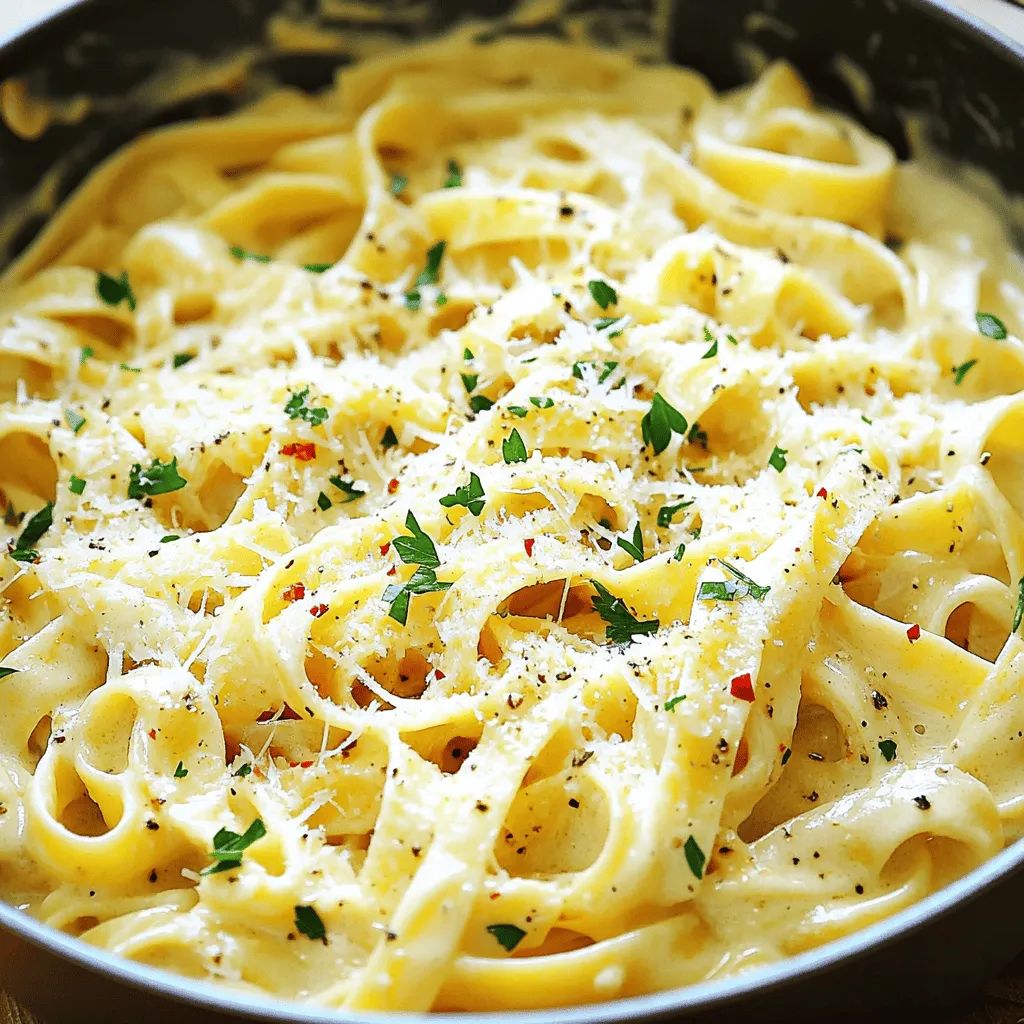 To make One-Pot Garlic Parmesan Pasta, gather these ingredients: - 12 ounces fettuccine or spaghetti - 4 cups vegetable broth - 1 tablespoon olive oil - 6 cloves garlic, minced - 1 teaspoon red pepper flakes (optional) - 1 teaspoon dried Italian herbs (oregano, basil mix) - Salt and pepper to taste - 1 cup grated Parmesan cheese - 2 tablespoons cream cheese (for extra creaminess) - Fresh parsley, chopped (for garnish) These simple ingredients come together to create a creamy, flavorful dish that feels gourmet. You can easily swap some ingredients if you need to. Here are some options: - Pasta: Use any type you prefer, like penne or gluten-free pasta. - Broth: Chicken broth works great if you’re not vegetarian. - Cheese: For a non-dairy option, try nutritional yeast instead of Parmesan. - Garlic: If you don't have fresh garlic, use garlic powder. Start with half the amount. - Herbs: Fresh herbs add a nice touch. Use fresh oregano or basil if you have them. These swaps can still give you a tasty dish. Choosing the right brands can enhance your dish's taste. Here are my favorites: - Pasta: Barilla or De Cecco for their great texture. - Broth: Swanson or Pacific Foods for rich flavor. - Parmesan Cheese: Grana Padano is a fantastic choice for a similar taste. - Cream Cheese: Philadelphia is the go-to for creamy texture. Using these brands can elevate the overall flavor of your One-Pot Garlic Parmesan Pasta. For the full recipe, check the earlier section. To make One-Pot Garlic Parmesan Pasta, start by gathering your ingredients. You will need fettuccine or spaghetti, vegetable broth, and garlic. Have olive oil, red pepper flakes, Italian herbs, salt, pepper, Parmesan cheese, cream cheese, and parsley ready too. 1. Heat one tablespoon of olive oil in a large pot over medium heat. 2. Add six cloves of minced garlic and one teaspoon of red pepper flakes. Sauté for 1-2 minutes until fragrant. 3. Pour in four cups of vegetable broth and bring it to a gentle simmer. 4. Add twelve ounces of fettuccine or spaghetti. Ensure the pasta is fully submerged in the broth. Sprinkle in one teaspoon of dried Italian herbs, salt, and pepper to taste. 5. Cook on medium heat, stirring every few minutes. This should take about 10-12 minutes. The pasta should be al dente and the broth creamy. 6. Lower the heat and stir in two tablespoons of cream cheese until melted and smooth. 7. Gradually mix in one cup of grated Parmesan cheese. Stir until the pasta is creamy and cheesy. Adjust salt and pepper if needed. 8. Remove from heat and let it sit for a minute before serving. 9. Garnish with freshly chopped parsley for that pop of color. To ensure your pasta is creamy, focus on the broth. Use a good-quality vegetable broth for depth of flavor. Stir often as it cooks. This helps the pasta release starch, creating a silky texture. The cream cheese is key for extra creaminess, so don't skip it. For a richer flavor, mix in more Parmesan cheese if you like. Enjoy your creamy pasta! Check the Full Recipe for more details. One of the biggest mistakes is overcooking the pasta. You want it al dente, not mushy. Keep an eye on the pot! Another common error is not adding enough salt. Salt makes flavors pop, so season well. Also, don't skip the cream cheese. It adds a nice creaminess that makes the dish rich. Lastly, make sure to stir often. This helps the pasta cook evenly and prevents sticking. To boost flavor, try adding fresh herbs at the end. Basil or parsley can brighten the dish. You can also mix in some lemon zest. This adds a fresh, zesty kick. If you like heat, increase the red pepper flakes. They bring a nice warmth that complements the garlic. For a deeper flavor, consider adding sautéed mushrooms or sun-dried tomatoes. They blend well with the creamy sauce and add texture. To save time, prep your ingredients first. Mince the garlic and chop the parsley before you start cooking. This way, you can focus on the cooking process. Using pre-grated Parmesan can also cut down on prep time. If you're really short on time, consider using a quick-cooking pasta, like angel hair. It cooks faster and still tastes great. Lastly, keep your pots and utensils close. This will help you move quickly as you cook. For the complete recipe, check out the Full Recipe. {{image_2}} You can easily make this dish heartier by adding protein. Chicken and shrimp are great choices. For chicken, use bite-sized pieces. Cook them in the pot before adding garlic. This gives great flavor. If you choose shrimp, add them after the pasta. They cook quickly and will be tender. You can also try cooked sausage or tofu for a different twist. Adding veggies boosts the nutrition and flavor of your pasta. Consider spinach, broccoli, or bell peppers. Spinach adds a nice color and cooks fast. Broccoli gives a nice crunch. Bell peppers add sweetness. Chop the veggies and add them with the pasta. This way, they cook perfectly while the pasta simmers. You can easily make this dish dairy-free or vegan. Replace the Parmesan with nutritional yeast. This gives a cheesy flavor without dairy. Use coconut cream instead of cream cheese for creaminess. For broth, choose vegetable broth without animal products. This way, everyone can enjoy the dish while sticking to their diet. You can find the full recipe to guide you through these changes. To store your One-Pot Garlic Parmesan Pasta, let it cool first. Place it in an airtight container. This keeps moisture in and bad odors out. You can refrigerate it for up to three days. Make sure to label the container with the date. This way, you know when it was made. You can freeze this pasta too. Just let it cool completely. Transfer it to a freezer-safe container. It can last for up to two months in the freezer. When ready to eat, thaw it in the fridge overnight. Reheat in a pot over low heat, adding a splash of water or broth. This helps bring back the creamy texture. The shelf life of leftovers is about three days in the fridge. For the best taste, eat them within this time. If you notice any off smells or strange textures, it's best to toss it. Always trust your senses when it comes to food safety. Making One-Pot Garlic Parmesan Pasta takes about 20 minutes. You spend 10 minutes prepping and 10 minutes cooking. It is a quick meal for busy days. Yes, you can make this dish ahead. Cook it, let it cool, and store it in the fridge. It will taste great for up to three days. Just reheat it gently on the stove or in the microwave. You can serve this pasta with a fresh salad or garlic bread. A side of roasted veggies also pairs well. For a protein boost, try grilled chicken or shrimp. Each adds flavor and makes the meal more filling. Check the Full Recipe for more ideas! We covered all you need for One-Pot Garlic Parmesan Pasta. I shared key ingredients, tips, and cooking steps. You learned how to avoid common mistakes and enhance flavors. Variations let you customize your dish with proteins and veggies. Finally, proper storage keeps leftovers fresh. Enjoy making this easy, creamy dish that fits your taste. Happy cooking!