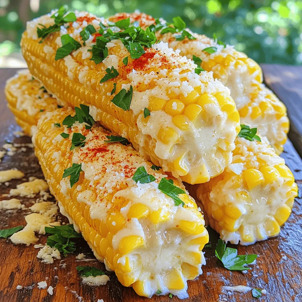 - 4 ears of fresh corn on the cob - 1/2 cup unsalted butter, melted - 4 cloves garlic, minced - 1/2 cup grated Parmesan cheese - 1/2 teaspoon paprika - Salt and black pepper to taste - 1 tablespoon fresh parsley, chopped (for garnish) - 1/4 teaspoon red pepper flakes (optional, for heat) When I prepare cheesy garlic butter corn on the cob, I choose fresh corn. It gives the best taste. I melt unsalted butter, which adds a rich flavor. Then, I mince fresh garlic. This garlic adds a strong, tasty kick. For the toppings, I use Parmesan cheese. It melts well and adds a savory note. Paprika gives a warm color and a slight spice. I always add salt and black pepper to enhance the flavors. Fresh parsley adds a pop of color and freshness. If you like heat, red pepper flakes are a great option. Each ingredient plays a key role in making this dish special. The combination of these flavors creates a savory delight you will love. You can find the full recipe [here](#). Boil the corn until tender. Fill a large pot with water. Bring it to a boil. Once boiling, add the husked corn. Cook for about 5-7 minutes. The corn should be tender. Drain and let it cool slightly. In a small bowl, combine melted butter and minced garlic. Mix well. Set it aside to allow the flavors to infuse. This step is key for rich taste. Once the corn is cool enough to handle, brush or spoon the garlic butter mixture on the corn. Make sure to coat it well. Next, sprinkle with Parmesan cheese and spices. The cheese adds a great flavor and texture. To get the best flavor, grill the corn. Preheat your grill to medium-high heat. Place the butter-coated corn directly on the grill. Cook for about 6-8 minutes. Turn the corn occasionally. You can also bake it in the oven. Set your oven to 400°F (200°C). Bake for about 10 minutes until golden. Once cooked, remove the corn from the grill or oven. Garnish with chopped parsley before serving. This adds a fresh color and flavor. Enjoy your cheesy garlic butter corn on the cob hot! For the full recipe, check out the recipe section. - Use fresh ingredients for best taste. Fresh corn gives you sweetness and crunch. - Let garlic butter sit longer for enhanced flavor. This step makes the garlic taste brighter. - Avoid overcooking the corn to maintain texture. Cook it just until tender, around 5-7 minutes. - Grill with the husk on for a smoky flavor. The husk helps keep moisture in while cooking. - Pair with grilled meats or salads. The rich flavor of the corn complements many dishes. - Serve at summer barbecues or family gatherings. This dish is always a hit with everyone. {{image_2}} You can swap Parmesan with feta or cheddar. Each cheese brings a unique taste. Feta adds a tangy bite, while cheddar gives a rich flavor. Mixing different cheeses can create fun new flavors. Try mozzarella for a creamier texture or gouda for a smoky twist. Want a spicy kick? Add chopped jalapeños or a sprinkle of chili powder. Red pepper flakes come in many types. You can choose mild, medium, or hot. This allows you to control the heat level. Experiment to find your perfect spice balance. Herbs can change the dish's flavor profile. Try cilantro or chives for a fresh twist. You can also squeeze in lime juice for a zesty kick. Fresh herbs brighten the taste and add a pop of color. Feel free to mix and match herbs to your liking. After enjoying your cheesy garlic butter corn on the cob, store any leftovers in an airtight container. This keeps the corn fresh and tasty. It tastes best if you eat it within 2-3 days. Beyond that, you might lose some of the flavor and texture. When you want to enjoy your leftovers, use the microwave for a quick reheat. Just place the corn on a microwave-safe plate and heat for about 30 seconds. If you prefer to keep that nice crunch, reheat them in the oven. Preheat your oven to 350°F (175°C) and warm the corn for about 10 minutes. You can freeze the corn before or after cooking it. If you freeze it before cooking, just husk and clean the corn, then wrap it tightly. For cooked corn, let it cool down first. Then, flash freeze it on a tray. Once frozen, transfer the ears into freezer bags. This method helps with portion control and makes it easy to pull out just what you need later. To get tender corn, boil it for 5-7 minutes. Make sure the water is at a rolling boil before adding the corn. To test if it’s done, pierce a kernel with a fork. It should feel soft but still have a slight crunch. Yes, you can prep this dish in advance. Boil the corn and let it cool. Then, wrap it in foil and store it in the fridge. You can make the garlic butter ahead too. Just mix it and store it in a jar. This corn pairs well with grilled meats like chicken or steak. A fresh salad or coleslaw can add a nice crunch. You can also serve it with baked beans for a hearty side. Yes, you can swap the butter for a plant-based spread. Use a vegan cheese or nutritional yeast instead of Parmesan. This will keep the dish tasty and plant-based. Frozen corn works fine but changes the texture. If you use frozen corn, boil it for a few extra minutes. Fresh corn gives the best flavor, but frozen is a quick option. Grilling takes about 6-8 minutes. Preheat your grill to medium-high. Turn the corn every couple of minutes to get even grill marks. If you want a smoky flavor, grill it with the husk on. For the full recipe, check it out here: [Full Recipe]. This blog post covered how to make cheesy garlic butter corn on the cob. We discussed key ingredients like fresh corn, garlic, and butter. You learned step-by-step instructions, cooking methods, and even tips for storing leftovers. In closing, you can make this dish uniquely yours. Experiment with different cheeses, herbs, or spices. Enjoy this easy and tasty treat at your next gathering!
